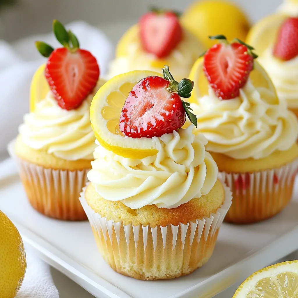 - 1 ½ cups all-purpose flour - ½ cup unsalted butter, softened - 1 cup fresh strawberries, pureed - ¼ cup fresh lemon juice - Zest of 1 lemon - 4 oz cream cheese, softened - 1 cup powdered sugar - 1-2 tablespoons lemon juice - Preheat your oven to 350°F (175°C) and line a cupcake tin with paper liners. - In a medium bowl, whisk together the flour, baking powder, baking soda, and salt. Set it aside. - In a large bowl, cream the softened butter and granulated sugar until fluffy, about 3-4 minutes. - Add in the eggs one at a time. Beat well after each addition. Then stir in the vanilla extract. - Mix in the buttermilk, fresh lemon juice, and lemon zest until well combined. - Gradually add the dry mixture to the wet ingredients. Mix until just incorporated. - Gently fold in the pureed strawberries until they are evenly distributed. - Divide the batter evenly among the cupcake liners, filling each about 2/3 full. - Bake for 18-20 minutes. A toothpick should come out clean when inserted into the center. Let them cool for 5 minutes in the pan. Transfer to a wire rack to cool completely. - In a bowl, beat together the softened cream cheese and butter until smooth. - Gradually add in the powdered sugar and mix until smooth. - Stir in lemon juice to reach your desired taste and texture for the frosting. - Once the cupcakes are cool, frost them generously with the cream cheese frosting. - Optionally, garnish with fresh strawberries and lemon slices for an extra touch. This recipe connects the sweet taste of strawberries with the zesty lemon flavor, perfect for summer. Enjoy each bite! {{ingredient_image_1}} To get the best texture, follow these tips: - Use room temperature ingredients. Eggs and butter mix better when warm. - Don't overmix your batter. Stop mixing as soon as you see no dry flour. - Fill your cupcake liners only 2/3 full. This helps them rise without spilling. Common mistakes to avoid: - Skipping the flour sifting can lead to lumps. Always sift first. - Opening the oven door too soon can cause sinking. Wait until the last few minutes. - Not checking your oven's temperature can ruin your cupcakes. Use an oven thermometer for accuracy. For a smooth frosting, follow this method: - Beat the cream cheese and butter well. Start on low and increase speed gradually. - Sift the powdered sugar before adding. This helps avoid lumps in the frosting. - Add the lemon juice slowly to control the consistency. Start with one tablespoon. To adjust flavors in the cream cheese frosting: - For a more lemony taste, add extra lemon juice. Start with one teaspoon at a time. - If you want a sweeter frosting, add more powdered sugar. One tablespoon at a time helps. - Try mixing in a bit of strawberry puree for extra fruit flavor. Just a tablespoon will do! You can change the flavor of your strawberry lemonade cupcakes easily. Adding other fruits can create a fun mix. Try blueberries or raspberries for a berry blast. You can also add a splash of orange juice for a citrus twist. Another option is to use different extracts. Almond extract can add a nice nutty flavor. Just use a small amount, as it can be strong. If you need gluten-free cupcakes, use a gluten-free flour blend. This can make your cupcakes just as tasty. Make sure to check that all other ingredients are gluten-free too. For vegan adaptations, replace eggs with flax eggs or applesauce. You can also swap the butter for a plant-based butter. Use almond milk instead of buttermilk for a vegan option. These changes keep the cupcakes delicious and friendly for everyone. Pro Tips Use Fresh Strawberries: Fresh strawberries will provide the best flavor and moisture for your cupcakes. Frozen strawberries can be used, but they may alter the texture slightly. Don’t Overmix the Batter: Gently mix the batter just until the ingredients are combined. Overmixing can lead to dense cupcakes. Let Cupcakes Cool Completely: Ensure your cupcakes are completely cool before frosting. This prevents the frosting from melting and losing its shape. Adjust Frosting Consistency: Feel free to adjust the amount of lemon juice in your frosting to achieve your desired sweetness and consistency. {{image_2}} Store your strawberry lemonade cupcakes at room temperature. Place them in a sealed container. They will stay fresh for up to three days this way. If you refrigerate them, the cupcakes can last up to a week. However, they may dry out faster. Freezing is a great way to save cupcakes for later. First, let the cupcakes cool completely. Wrap each cupcake in plastic wrap tightly. Then, place them in a freezer bag or container. They can stay frozen for up to three months. When you are ready to enjoy them, take them out of the freezer. Let them thaw in the fridge overnight. You can also set them at room temperature for a few hours. Frost them after they thaw for the best taste. Can I use frozen strawberries? Yes, you can use frozen strawberries. Just thaw them first. Drain excess liquid to avoid a wet batter. This keeps your cupcakes light and fluffy. How do I make the cupcakes more lemony? Add more lemon juice or extra lemon zest. Start with one more tablespoon of lemon juice. Taste the batter to find your perfect balance. What can I substitute for buttermilk? You can use milk with vinegar or lemon juice. Mix one cup of milk with one tablespoon of vinegar. Let it sit for five minutes to thicken. How do I know when the cupcakes are done baking? Insert a toothpick into the center of a cupcake. If it comes out clean, they are done. The tops should also spring back when lightly touched. Now you have a clear guide to make delicious strawberry lemon cupcakes. You learned about the essential ingredients, methods for mixing, and frosting tips. I shared storage advice to keep your treats fresh. Remember, baking is about practice. Don't fear mistakes – learn from them. Try new flavors and enjoy the process. Your cupcakes will delight friends and family. With each batch, you’ll get better. Happy baking!