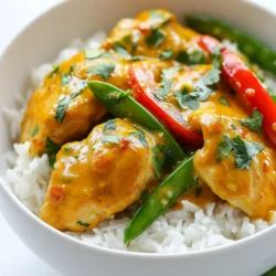 For this Coconut Ginger Curry Chicken, you'll need these simple items: - 1 lb boneless, skinless chicken thighs, cut into bite-sized pieces - 1 tablespoon coconut oil - 1 medium onion, finely chopped - 3 cloves garlic, minced - 1 tablespoon fresh ginger, grated - 1-2 tablespoons red curry paste (adjust to taste) - 1 can (14 oz) coconut milk - 1 tablespoon fish sauce (or soy sauce for a vegetarian option) - 1 tablespoon brown sugar - 1 bell pepper (red or yellow), sliced - 1 cup snap peas (or green beans) - Fresh cilantro, chopped, for garnish - Salt and pepper, to taste - Steamed rice or quinoa, for serving You can swap ingredients based on your taste or what you have. If you don't like chicken, try firm tofu or shrimp. For a lighter option, use skinless chicken breasts. You can also use vegetable broth instead of fish sauce. If you want less heat, use less red curry paste. For a sweeter taste, add more brown sugar. When picking chicken, look for bright pink meat. Avoid any that looks gray or has an off smell. For onions, choose firm ones with dry skin. Garlic should be plump and not sprouting. Fresh ginger is smooth and firm. When buying bell peppers, pick ones that feel heavy for their size. For snap peas, look for vibrant green ones that snap easily. Always choose fresh ingredients to boost the flavor of your dish. {{ingredient_image_1}} To start, gather your ingredients. You need one pound of boneless chicken thighs. Cut them into small pieces. Next, finely chop one medium onion. Mince three cloves of garlic and grate one tablespoon of fresh ginger. Slice one bell pepper and prepare one cup of snap peas. Finally, measure out your curry paste, coconut milk, fish sauce, and brown sugar. First, heat one tablespoon of coconut oil in a large skillet over medium heat. Add the chopped onion and sauté it for about five minutes. Once the onion is translucent, stir in the minced garlic and grated ginger. Cook for one minute until you smell the aroma. Next, add the chicken pieces to the skillet. Season them with salt and pepper. Cook the chicken for five to seven minutes until it is browned on all sides. Now, stir in one to two tablespoons of red curry paste. Mix well to coat the chicken evenly. Pour in one can of coconut milk, one tablespoon of fish sauce, and one tablespoon of brown sugar. Stir until well combined. Bring the mixture to a gentle simmer over medium-low heat. After ten minutes, add the sliced bell pepper and snap peas. Cook for an additional five minutes. You want the veggies tender but still crisp. Taste the curry and adjust the seasoning. You can add more salt, pepper, or sugar if needed. Remove the skillet from heat. Garnish the dish with fresh chopped cilantro. Serve it over steamed rice or quinoa for a complete meal. Enjoy your flavorful Coconut Ginger Curry Chicken! To make a great coconut ginger curry chicken, follow these simple tips: - Use fresh ginger for the best flavor. - Cut chicken thighs into uniform pieces for even cooking. - Sauté onions until they turn soft and clear. This adds a great base flavor. - Adjust the red curry paste to match your spice level. Start with less if you’re unsure. - Simmer the curry gently. This helps meld the flavors perfectly. Here are some common mistakes you should avoid: - Don’t skip the browning step for the chicken. It adds depth to the dish. - Avoid using low-quality coconut milk. It makes a big difference in taste. - Don’t overcook the vegetables. They should be tender yet crisp. - Be careful with salt. Fish sauce is salty, so taste often. To elevate your curry, try these flavor boosters: - Add a squeeze of lime juice for a fresh kick. - Toss in a teaspoon of turmeric for color and health benefits. - Include a dash of chili flakes for extra heat. - Experiment with herbs like basil or mint for a unique twist. - Serve with fresh cilantro on top for a burst of flavor. Pro Tips Adjusting Spice Level: If you prefer a milder curry, start with 1 tablespoon of red curry paste and add more gradually until it reaches your desired heat. Fresh Ginger vs. Ground: For the best flavor, always use fresh ginger instead of ground ginger, as it provides a more vibrant taste to the dish. Vegetable Variations: Feel free to add other vegetables like zucchini or carrots for added nutrition and color in your curry. Make Ahead: This curry can be made a day in advance and tastes even better the next day as the flavors meld together. {{image_2}} You can easily make this dish vegetarian or vegan. Swap the chicken for tofu or chickpeas. Use soy sauce instead of fish sauce. Both options add great flavor and protein. You can also add more veggies, like carrots or mushrooms. This makes the dish colorful and tasty. If you prefer other proteins, try shrimp or fish. Both options cook quickly and soak up the curry flavor. For a heartier meal, you can use beef or pork. Just adjust the cooking time to ensure they are done. Each protein gives a unique twist to the recipe. Adjusting the spice level is simple. If you like it mild, start with less red curry paste. You can always add more later. For a spicier kick, add fresh chili peppers or extra curry paste. Remember, tasting as you cook helps you find the right balance. To store leftovers, let the curry cool first. Use a clean, airtight container. Place the chicken curry inside and seal it well. Store it in the fridge. It will stay fresh for about 3 to 4 days. If you want to freeze the curry, use freezer-safe containers. Make sure to leave some space at the top. The curry can expand when frozen. You can keep it in the freezer for up to 2 months. Label the container with the date for easy tracking. When reheating, use a pot on the stove or a microwave. If using the stove, heat it on low. Stir often to ensure even warming. If using a microwave, cover the dish to avoid splatters. Heat in short bursts, stirring in between. Make sure it is hot throughout before serving. Coconut Ginger Curry Chicken is a tasty dish that blends chicken with coconut milk and spices. The chicken becomes tender and flavorful. Fresh ginger adds a nice zing to the curry. Red curry paste brings warmth and a hint of spice. This dish is creamy, aromatic, and perfect for a cozy dinner. Yes, you can make Coconut Ginger Curry Chicken ahead of time. Cook the dish and let it cool. Store it in an airtight container in the fridge for up to three days. Reheat on the stove or microwave before serving. The flavors deepen over time, making it even better! The spice level depends on the amount of red curry paste you use. Start with one tablespoon for mild heat. If you love spice, add more to taste. The coconut milk helps balance the heat, so it stays flavorful without being too hot. I recommend serving Coconut Ginger Curry Chicken over steamed rice or quinoa. These sides soak up the tasty sauce. You can also add a side of sautéed greens or a fresh salad. This adds color and crunch to your meal. Enjoy the mix of flavors and textures! In this blog post, we explored the delicious world of Coconut Ginger Curry Chicken. We detailed the ingredients and offered substitutions for freshness. The step-by-step instructions help you navigate preparation and cooking with ease. I shared tips to make your dish perfect and avoid common mistakes. You can also find variations for different diets, like vegetarian options. Lastly, I explained how to store leftovers and answer questions you might have. Cooking this dish brings flavor and joy to your table. Enjoy your culinary adventure!