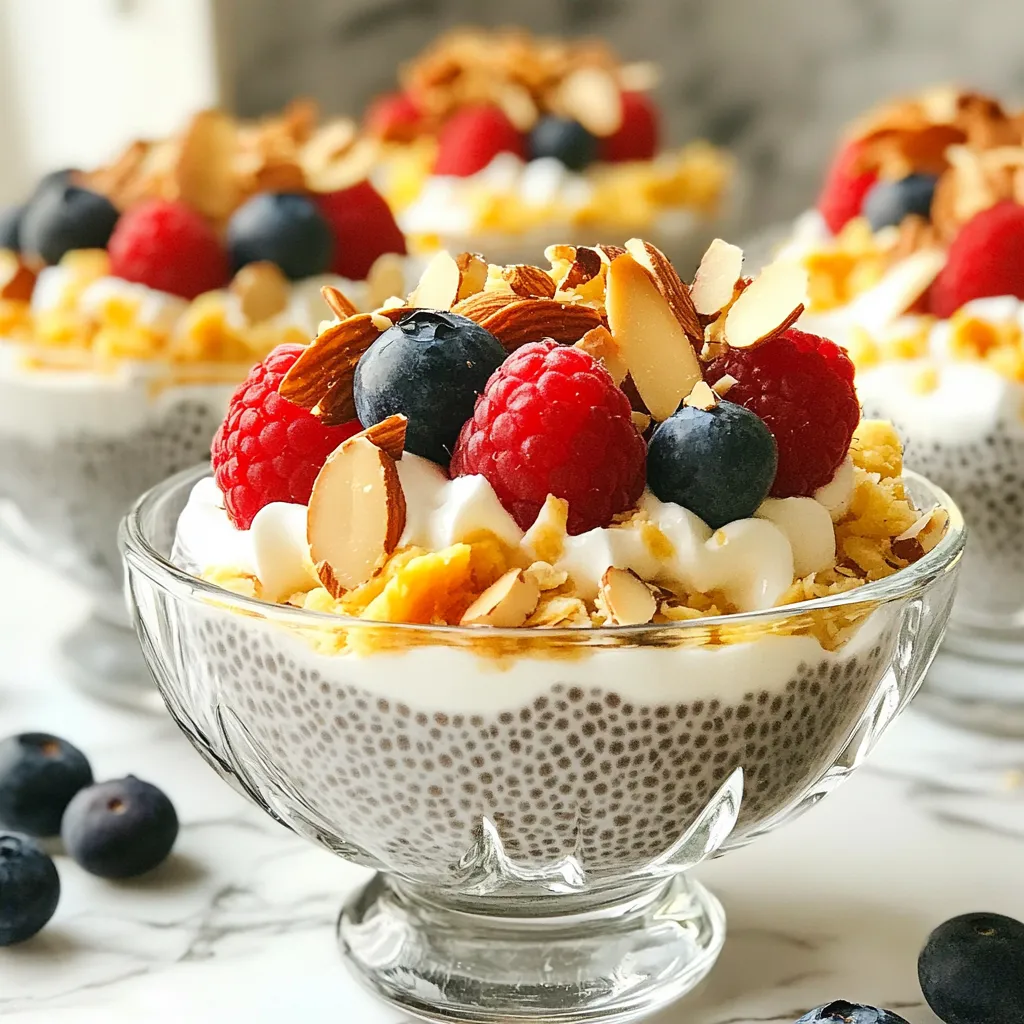 To make Vanilla Almond Chia Pudding, gather the following items: - 1/4 cup chia seeds - 1 cup almond milk (unsweetened) - 2 tablespoons maple syrup (or honey) - 1 teaspoon vanilla extract - Pinch of salt - 1/4 teaspoon almond extract - Fresh berries (strawberries, blueberries, or raspberries) for topping - Sliced almonds for garnish These ingredients blend well to create a tasty and healthy treat. If you want to switch things up, here are some great options: - Agave syrup: A light choice that adds sweetness. - Coconut sugar: This gives a rich, caramel flavor. - Stevia: A low-calorie option that works well. For flavors, consider using: - Coconut extract: This adds a tropical twist. - Espresso powder: A touch of coffee flavor can enhance the pudding. Feel free to experiment with these options to suit your taste. Now, let’s break down the health benefits: - Chia seeds: High in fiber, protein, and omega-3 fatty acids. They help keep you full and support heart health. - Almond milk: Low in calories and rich in vitamin E. Great for skin health and a dairy-free choice. - Maple syrup: Contains antioxidants and is a natural sweetener. It can boost your immune system. - Vanilla extract: Adds flavor and has antioxidant properties. - Almond extract: Provides flavor and can help reduce stress. - Fresh berries: Packed with vitamins, fiber, and antioxidants. They support overall health. - Sliced almonds: A good source of healthy fats, protein, and magnesium. They promote heart health and help with weight management. Each ingredient brings its own benefits, making this pudding not just delicious but also nutritious. {{ingredient_image_1}} 1. Grab a mixing bowl. Add 1/4 cup chia seeds. Pour in 1 cup of unsweetened almond milk. 2. Add 2 tablespoons of maple syrup or honey. Next, include 1 teaspoon of vanilla extract. 3. Don't forget the pinch of salt and 1/4 teaspoon of almond extract. 4. Whisk everything together. Make sure the chia seeds mix well with the liquid. - Make sure to whisk for about one minute. This helps the chia seeds absorb the milk faster. - If you see clumps, break them up. A smooth mix helps the pudding set better. - You can also use a jar instead of a bowl. Just screw on the lid and shake it well. - Cover the bowl with plastic wrap. You can also seal the jar with a lid. - Place it in the fridge for at least 4 hours, or overnight if you can wait. - This chilling helps the chia seeds swell. They will turn into a thick pudding. - Once set, stir the pudding again. If it’s too thick, add a splash of almond milk to thin it out. To get the best texture, use the right amount of chia seeds. Too few seeds make it runny, while too many make it too thick. A quarter cup works well. Mix the seeds with the almond milk, syrup, and extracts until they are evenly spread. Let it sit for a few minutes, then whisk again. This helps prevent clumps. After chilling, if the pudding is thick, add more almond milk to thin it out. Make your pudding look great! Use clear glasses or jars to show off the layers. After you stir the pudding, layer it with fresh berries. Use strawberries, blueberries, or raspberries for color. Top with sliced almonds for a nice crunch. This not only tastes good but also looks pretty! You can even create a gradient effect with the berries for a fun twist. Watch out for these common errors. First, don’t skip the chilling time. It’s key to getting a nice texture. If you don’t chill it long enough, the seeds won’t swell. Next, be careful with the amount of sweetener. Too much can overpower the flavor. Finally, remember to stir the pudding after chilling. This helps make it smooth and creamy. Avoid these mistakes, and you’ll have great chia pudding every time! Pro Tips Perfect Chia Ratio: Ensure the chia seeds are thoroughly mixed with the almond milk to avoid clumping, achieving an even texture throughout the pudding. Flavor Variations: Experiment with different extracts like coconut or hazelnut to create unique flavor profiles for your chia pudding. Make Ahead: Prepare the chia pudding the night before for a quick breakfast option. It keeps well in the fridge for up to 5 days. Garnish Creatively: Use a mix of berries and nuts for garnish to add color, texture, and nutritional benefits to your pudding. {{image_2}} Chia pudding is fun because you can change it up easily. Here are some great ways to enjoy your vanilla almond chia pudding. You can mix in different flavors for a new twist. Try adding: - Chocolate: Mix in 1 tablespoon of cocoa powder for a rich flavor. - Matcha: Add 1 teaspoon of matcha powder for a green boost. - Coconut: Use coconut milk instead of almond milk to make it tropical. Each flavor brings a new taste. Experiment and see what you like best! This recipe is already dairy-free. Just use almond milk, and you are set! For a vegan option, stick with maple syrup for sweetness. It keeps the pudding plant-based. Fruits add freshness and color to your chia pudding. Here are some ideas based on the season: - Spring: Use fresh strawberries and cherries for a bright look. - Summer: Top with blueberries and raspberries for a burst of flavor. - Fall: Add diced apples and a sprinkle of cinnamon for warmth. - Winter: Use pomegranate seeds for a pop of color and crunch. Mixing in seasonal fruits makes every bowl special. Enjoy exploring these variations! To keep your vanilla almond chia pudding fresh, store it in a sealed container. Glass jars work great for this. Make sure the lid is on tight. This helps keep out air and moisture. Always place your pudding in the fridge right after making it. This keeps it cold and safe to eat. When stored properly, your chia pudding lasts about five days in the fridge. After that, it may lose its taste and texture. If you see any mold or weird smells, throw it away. Always check before you dig in! Yes, you can freeze chia pudding! However, the texture may change. To freeze, place the pudding in an airtight container. It can last up to three months in the freezer. When you are ready to eat, move it to the fridge overnight. Stir well before serving to restore some creaminess. Yes, you can use other types of milk. Almond milk is great, but you can also try coconut milk, soy milk, or oat milk. Each type adds a unique flavor. If you like creaminess, use full-fat coconut milk. For a nut-free option, go for oat milk. Just keep the same amounts for the best results. To reduce the sweetness, cut back on the maple syrup or honey. You can start with one tablespoon instead of two. Taste the mixture before it chills. If it still needs sweetness, add a little more. You can also leave out the sweetener entirely. The chia seeds and toppings add flavor, too. Chia pudding is very healthy! Chia seeds are high in fiber, omega-3 fats, and protein. They help you feel full and support good digestion. Almond milk is low in calories and high in vitamins. This pudding can be a great breakfast or snack option. Plus, it’s easy to make and packed with nutrients! In this post, we covered how to make chia pudding step by step. You learned about ingredients, mixing techniques, and tips to avoid common mistakes. I shared ways to personalize your pudding with fun flavors and toppings. Proper storage tips ensure your pudding stays fresh. Chia pudding is not just a treat; it's a healthy option. You can mix it up to fit your taste. Now, you have all the tools to create the perfect chia pudding every time. Enjoy your delicious and nutritious creation!