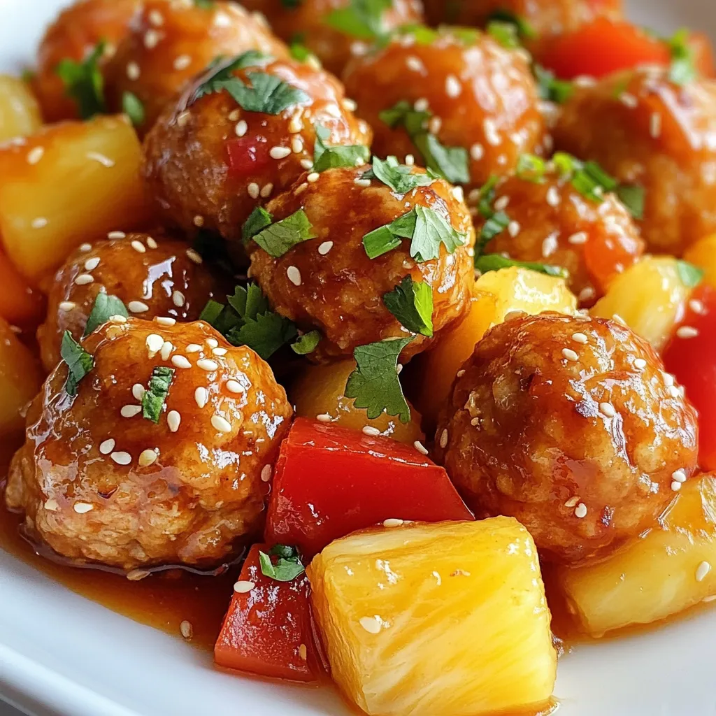 To make flavorful sweet and sour chicken meatballs, gather these main ingredients: - 1 pound ground chicken - 1/2 cup breadcrumbs - 1/4 cup grated Parmesan cheese - 1 egg, beaten - 2 cloves garlic, minced - 1 teaspoon ginger, grated - 1 tablespoon soy sauce - 1/2 teaspoon salt - 1/4 teaspoon black pepper - 1/4 cup green onions, chopped - 1/2 cup pineapple chunks (fresh or canned) - 1/2 cup bell pepper, chopped (red and yellow for color) - 1/2 cup sweet and sour sauce (store-bought or homemade) These ingredients work together to create a tasty balance of savory and sweet. Adding garnishes can elevate your dish. Consider these options: - Sesame seeds for a nice crunch - Fresh cilantro for vibrant color and flavor - Extra chopped green onions for a fresh touch These garnishes add flavor and make your dish look beautiful. You can swap some ingredients for different flavors or preferences. Here are a few ideas: - Use turkey or pork instead of ground chicken for a different taste. - Omit cheese if you want a dairy-free option. - Try quinoa instead of breadcrumbs for a gluten-free choice. - Use teriyaki sauce in place of sweet and sour sauce for a different twist. These substitutions allow you to customize the recipe to your liking. {{ingredient_image_1}} Start by gathering your ingredients. You will need ground chicken, breadcrumbs, Parmesan cheese, and an egg. You will also need minced garlic, grated ginger, soy sauce, salt, and black pepper. 1. In a large bowl, combine the ground chicken, breadcrumbs, and grated Parmesan. 2. Add the beaten egg, minced garlic, grated ginger, soy sauce, salt, and black pepper. 3. Mix everything well with your hands. The mixture should be sticky and hold together. 4. Form the mixture into meatballs about 1 inch in diameter. Preheat your oven to 400°F (200°C). 1. Line a baking sheet with parchment paper to prevent sticking. 2. Place the meatballs on the sheet, leaving space between each. 3. Bake them for 15-20 minutes. They should be golden brown and cooked through. While the meatballs bake, you can prepare the sauce. 1. If you use store-bought sauce, skip this step. 2. In a small saucepan, combine 1/2 cup of sugar, 1/2 cup of vinegar, and 1/4 cup of ketchup. 3. Heat gently until the sugar dissolves. Stir often to mix well. Now it’s time to bring everything together. 1. In a separate skillet, heat a little oil over medium heat. 2. Add chopped bell peppers and pineapple chunks. Sauté for 3-5 minutes until the peppers are tender. 3. Once the meatballs are done, add them to the skillet. 4. Pour the sweet and sour sauce over the meatballs and veggies. 5. Toss gently to coat everything in sauce. 6. Cook for 2-3 more minutes to blend the flavors. 7. Remove from heat and garnish with sesame seeds and fresh cilantro before serving. Serve these tasty meatballs on a platter. You can drizzle extra sauce on top and sprinkle with chopped green onions for a vibrant look. Enjoy! To make great meatballs, keep a few things in mind. First, don’t overmix the meat. Mixing too much can make them tough. Aim for a gentle mix to keep them soft. Use breadcrumbs to help bind the meat together. They also add a nice texture. The egg acts as glue, so make sure to add it to your mix. For the best size, form meatballs about one inch wide. This size cooks evenly and stays juicy. Adding seasoning is key to great taste. Use fresh garlic and ginger for a burst of flavor. They bring warmth and depth to the meatballs. Soy sauce adds umami, which enhances the overall taste. Don’t forget about salt and pepper; they bring out the other flavors. You can also add chopped green onions for a fresh kick. If you like a bit of sweetness, include pineapple chunks in the mix. They not only taste good but keep the meatballs moist. These meatballs shine on a big platter. Drizzle extra sweet and sour sauce over them for an extra zing. Sprinkle sesame seeds and green onions on top to make them look pretty. Serve them with steamed white rice to soak up the sauce. If you want a veggie side, try stir-fried bell peppers or broccoli. For a fun twist, serve with toothpicks for easy eating at parties. Pro Tips Use Fresh Ingredients: Opt for fresh pineapple and crisp bell peppers to enhance the flavor and texture of your meatballs. Customize the Sauce: Feel free to adjust the sweetness or acidity of your sweet and sour sauce by adding more sugar or vinegar to suit your taste. Don't Overmix: When combining the meatball ingredients, mix just until combined to keep the meatballs tender and prevent them from becoming tough. Serving Suggestions: Serve these meatballs with steamed rice or noodles to soak up the delicious sauce and make for a complete meal. {{image_2}} You can make Sweet and Sour Chicken Meatballs healthier. Use ground turkey instead of chicken. Turkey has less fat and is still tasty. You can also swap breadcrumbs for oats. Oats add fiber and keep the meatballs moist. Try adding grated zucchini or carrots for extra veggies. This keeps the meatballs light and fresh. While sweet and sour sauce is classic, you can explore other flavors. Try teriyaki sauce for a sweet, savory twist. You can use a honey garlic sauce for a sweeter taste. If you love heat, go for a spicy chili sauce. Mix these sauces with the meatballs to create a new dish each time. Add spices to change up the flavor. For a spicy kick, include red pepper flakes in the meat mixture. You can also add sriracha to the sauce for heat. Want a tropical vibe? Toss in coconut milk instead of some sauce. This gives a creamy texture and a hint of sweetness. Experimenting with flavors makes cooking fun! To store your sweet and sour chicken meatballs, place them in an airtight container. Make sure they cool down first. You can keep them in the fridge for up to three days. If you want to keep them longer, consider freezing. When you’re ready to enjoy leftovers, there are a few easy ways to reheat them. The microwave is quick. Just place the meatballs on a plate and cover them with a damp paper towel. Heat for 30 seconds to a minute until warm. You can also use a skillet. Heat a little oil in the pan and add the meatballs. Cook on medium heat for about 5 minutes, stirring often. If you want to freeze the meatballs, let them cool completely first. Place them in a single layer on a baking sheet. Freeze them for about 1-2 hours. Once they are firm, transfer them to a freezer bag. This way, you can take out just what you need later. They will stay good for about three months. When you're ready to eat, thaw them in the fridge overnight before reheating. Yes, you can use other meats. Ground turkey, pork, or beef work well. Each type of meat adds a different flavor. Make sure to adjust cooking times if needed. For turkey, cook until it reaches 165°F. For pork or beef, cook until 160°F. These meatballs go great with several sides. Serve them over steamed white rice. The rice soaks up the sauce. You can also serve with fried rice or noodles. For a crunchy side, try a fresh salad. Add some veggies like cucumbers and carrots for color. Making sweet and sour sauce is simple! Combine 1/2 cup of sugar, 1/2 cup of vinegar, and 1/4 cup of ketchup in a small saucepan. Heat it gently. Stir until the sugar dissolves. For extra flavor, add a little soy sauce or pineapple juice. This sauce is a great match for many dishes! You learned about sweet and sour chicken meatballs, from ingredients to tips. I shared how to make the meatballs, bake them, and prepare the sauce. You also saw ways to store leftovers and different flavor variations. In conclusion, this dish is fun and flexible. You can try many ingredients and tips to make it your own. Enjoy cooking and making sweet and sour chicken meatballs for everyone!