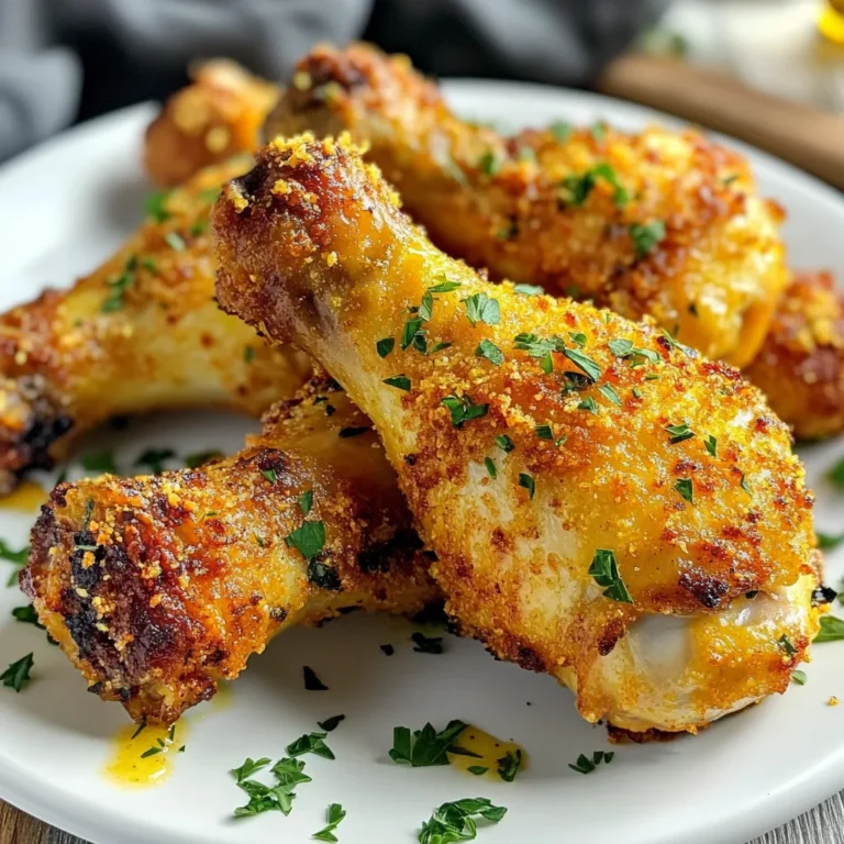 - 8 chicken drumsticks - 4 cloves garlic, minced - 1/4 cup grated Parmesan cheese - 1 teaspoon dried oregano - 1 teaspoon smoked paprika - 1 teaspoon onion powder - 1 teaspoon salt - 1/2 teaspoon black pepper - 2 tablespoons olive oil - Fresh parsley, chopped (for garnish) When choosing chicken drumsticks, look for ones that are fresh and plump. Fresh chicken will yield better flavor. I prefer organic chicken for its taste and quality. For the garlic, use fresh cloves instead of pre-minced. Fresh garlic gives a stronger taste. Choose high-quality grated Parmesan cheese. It should have a rich flavor. Avoid the powdered type for a better result. If you need to make swaps, you can use chicken thighs instead of drumsticks. They cook well and stay juicy. For garlic, garlic powder works but use less. Use about one teaspoon of garlic powder. If you do not have Parmesan, you can use Pecorino Romano. It has a similar taste and will work well. You can also try dried basil in place of oregano for a different flavor. Use smoked salt if you want a unique twist. {{ingredient_image_1}} To start, grab a large mixing bowl. Add 4 minced garlic cloves, 1/4 cup of grated Parmesan cheese, 1 teaspoon of dried oregano, 1 teaspoon of smoked paprika, 1 teaspoon of onion powder, 1 teaspoon of salt, and 1/2 teaspoon of black pepper. Finally, pour in 2 tablespoons of olive oil. Mix it all together until it forms a nice paste. Next, take your 8 chicken drumsticks and toss them into the bowl. Use your hands to coat each drumstick well with the garlic Parmesan mixture. You want every inch of the drumsticks covered. This ensures full flavor in every bite. Now, it’s time to preheat your air fryer. Set it to 375°F (190°C) and let it heat up for about 5 minutes. This step is key for getting that crispy texture. Once preheated, place the coated drumsticks in the air fryer basket. Arrange them in a single layer. Make sure there is space between each drumstick. This allows air to flow for even cooking. Cook them at 375°F (190°C) for 25-30 minutes. Flip them halfway through. They should be golden brown and crispy. Use a meat thermometer to check that the internal temperature hits 165°F (74°C). After cooking, carefully take the drumsticks out of the air fryer. Sprinkle chopped fresh parsley on top for a bright pop of color. Serve these drumsticks with creamy ranch or blue cheese dressing. A fresh garden salad makes a perfect side. Enjoy your meal! To get crispy skin on your drumsticks, start with dry chicken. Pat them dry with a paper towel before coating. The garlic Parmesan mixture helps, but moisture can make them soggy. Make sure to coat every part of the drumstick evenly. This helps them cook well and get crispy. Cooking times can change based on size. If your drumsticks are larger, they may need more time. Always check the internal temperature. It should reach 165°F (74°C) for safe eating. If they need more time, add 5 minutes. Flip them halfway to help them cook evenly. Garnish adds color and flavor. Fresh parsley looks great and tastes nice. You can also use lemon zest for a fresh kick. If you like spice, sprinkle crushed red pepper on top. These simple touches elevate your dish and make it look fancy. Pro Tips Marinate Longer: For even more flavor, marinate the drumsticks for at least 30 minutes or up to overnight in the refrigerator. This allows the garlic and Parmesan to penetrate the meat. Check Doneness: Always use a meat thermometer to ensure the drumsticks reach an internal temperature of 165°F (74°C) for safe consumption. Crispier Skin: For crispier skin, lightly spray the drumsticks with cooking spray before air frying. This adds extra crunch without the need for additional oil. Flavor Variations: Feel free to experiment with different herbs and spices such as thyme, rosemary, or chili powder for a unique twist on the recipe. {{image_2}} Want some heat? Add spice to your garlic parmesan drumsticks. Mix in 1-2 teaspoons of cayenne pepper or red pepper flakes with the marinade. This adds a warm kick. You can also use spicy seasoning blends. Adjust the amount to fit your taste. Serve them with a cooling dip to balance the heat. For a fresh twist, try lemon herb air fryer drumsticks. Use fresh lemon juice and zest in your marinade. Add herbs like thyme or rosemary for a bright flavor. The citrus cuts through the richness of the cheese. This makes a light and zesty dish. Perfect for warm days or when you crave something fresh. Want a sweet touch? Drizzle honey over your cooked drumsticks. This adds a tasty glaze. Mix honey with extra minced garlic and a dash of soy sauce for a unique flavor. Brush this mixture on right before serving. It gives a beautiful shine and a sweet-savory taste. Pair this with fresh herbs for a lovely finish. After you enjoy your Garlic Parmesan Air Fryer Drumsticks, store any leftovers in the fridge. Place the drumsticks in an airtight container. This keeps them fresh for up to three days. If you have extra marinade, keep it separate to avoid sogginess. Make sure to cool the drumsticks before storing. This helps keep them crispy. To reheat, I suggest using the air fryer again. Set it to 350°F (175°C). Heat the drumsticks for about 5-7 minutes. This makes them warm and crispy. You can also use a microwave, but it may not keep them crispy. If using a microwave, cover them with a damp paper towel. This keeps them from drying out. If you want to keep drumsticks longer, freezing is a great option. Let them cool completely first. Then, wrap each drumstick tightly in plastic wrap. Place them in a freezer bag or container. Make sure to remove as much air as possible. They can last up to three months in the freezer. When ready to eat, thaw them in the fridge overnight before reheating. Cook air fryer drumsticks at 375°F (190°C). This temperature gives the best crisp. It ensures the inside cooks well without burning the outside. I find that this temperature works best for even cooking. Yes, you can use frozen drumsticks. However, it’s best to thaw them first. Thawing helps the flavor soak in better. If you cook them frozen, add extra time. Aim for about 10 more minutes. Marinate the drumsticks for at least 30 minutes. Longer is better for flavor. I usually marinate them for a few hours. This allows the garlic and Parmesan to really stand out. Serve these drumsticks with creamy ranch or blue cheese dressing. A fresh garden salad pairs nicely too. You can also add some roasted veggies or fries for a full meal. These sides balance the rich flavors well. Yes, skinless drumsticks work in this recipe. They will still taste great with the garlic and Parmesan. Just keep in mind they may not be as crispy. You might need to adjust the cooking time a bit for best results. In this post, we covered all you need for air fryer drumsticks. We started with the best ingredients and tips for quality and substitution. Then, we outlined easy steps to prepare and cook your drumsticks. I shared tips for that perfect crispy skin and tasty variations to try. Finally, I provided storage and reheating advice. With these points in mind, you can easily impress with your cooking skills. Enjoy making delicious drumsticks that everyone will love!