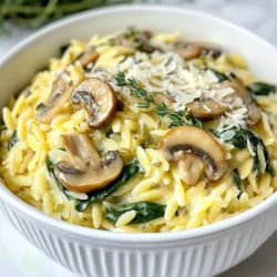 - 1 cup orzo pasta - 2 cups vegetable broth - 1 cup fresh spinach, roughly chopped - 1 cup cremini mushrooms, sliced Orzo pasta is a small, rice-shaped pasta that cooks quickly. It absorbs flavors well, making it a great base for this dish. Fresh spinach adds a pop of color and nutrients. Cremini mushrooms bring a rich, earthy taste that pairs perfectly with creamy elements. - 1/2 cup cream cheese (or a dairy-free alternative) - 1/2 cup grated Parmesan cheese (or nutritional yeast for a vegan option) Cream cheese adds that creamy texture we all love. If you need a dairy-free choice, look for a plant-based cream cheese. Parmesan cheese adds depth, but nutritional yeast works well for a vegan twist. - 1 tablespoon olive oil - Fresh herbs (thyme or parsley) - Salt and pepper to taste Olive oil helps sauté the vegetables and adds richness. Fresh herbs like thyme or parsley brighten up the dish with their flavor. Salt and pepper bring out the natural taste of the ingredients, so don’t skip them! {{ingredient_image_1}} 1. Start by boiling 2 cups of vegetable broth in a medium saucepan. 2. Once the broth bubbles, add 1 cup of orzo pasta. Cook it for about 8-10 minutes. 3. Check the pasta. It should be al dente, tender but still firm. Drain the orzo and set it aside. 1. Grab a large skillet and heat up 1 tablespoon of olive oil over medium heat. 2. Add 1 small finely chopped onion and sauté it for about 3-4 minutes. The onion should turn translucent. 3. Next, toss in 2 cloves of minced garlic and 1 cup of sliced cremini mushrooms. Cook these for 5-6 minutes. The mushrooms should become tender and browned. 4. Now, stir in 1 cup of roughly chopped fresh spinach. Cook it for another 2-3 minutes until it wilts down. 1. Lower the heat and add 1/2 cup of cream cheese to the skillet. Stir until it melts and mixes well with the mushroom spinach. 2. Add the cooked orzo to the skillet and mix everything together. 3. Finally, sprinkle in 1/2 cup of grated Parmesan cheese for extra creaminess. 4. Season with salt and pepper to taste, stirring to blend. 5. Heat the mixture for another 2-3 minutes, stirring now and then. 6. Remove from heat and garnish with fresh thyme or parsley before serving. To achieve the perfect creaminess in your dish, start by melting the cream cheese properly. Cut the cream cheese into small cubes. Then, add it to the warm skillet with your mushroom mixture. Stir it in slowly until it melts. This helps it blend well with the other ingredients, making your orzo rich and creamy. If you need substitutions, you can use a dairy-free cream cheese. Cashew cream is another great choice for a vegan option. It adds richness without dairy. To boost flavor, try adding spices or fresh herbs. Thyme and parsley work great in this dish. You can also sprinkle in some garlic powder or pepper flakes for a kick. Adjust the seasoning to your taste. Start with a pinch of salt and pepper, then taste. Add more if needed! For sautéing vegetables, heat olive oil in your skillet over medium heat. Add onions first, cooking until they turn clear. Then, add garlic and mushrooms. This order helps build layers of flavor. To ensure the orzo doesn’t stick, stir it often while cooking. If you find it clumping, add a splash of vegetable broth or a drizzle of olive oil. This keeps the orzo fluffy and perfect for your creamy mushroom spinach orzo. Pro Tips Use Fresh Ingredients: Fresh spinach and mushrooms enhance the flavor and texture of the dish. Always opt for the freshest produce you can find. Adjust Creaminess: If you prefer a creamier dish, add more cream cheese or Parmesan cheese, adjusting to your taste for the perfect consistency. Flavor Boost: Consider adding a splash of white wine after sautéing the onions and mushrooms for an extra layer of flavor. Let it reduce before adding the spinach. Herb Variations: Experiment with different herbs like basil or dill for a unique twist. Fresh herbs can elevate this dish significantly. {{image_2}} You can add protein to make your meal heartier. Chicken or shrimp are great options. Simply cook them in the skillet before adding the mushrooms. For a vegetarian-friendly choice, try chickpeas or lentils. They blend well with the flavors and add healthy protein. Want to make it gluten-free? Use gluten-free orzo pasta. Many brands offer this. For vegan or dairy-free adjustments, swap cream cheese for a plant-based option. Nutritional yeast can replace Parmesan cheese, giving a cheesy flavor without dairy. Seasonal ingredients can change the dish's vibe. In spring, use fresh asparagus or peas. In fall, add roasted pumpkin or butternut squash. You can also switch the spinach for kale or Swiss chard. These tweaks keep your meal fresh and exciting. To keep your Creamy Mushroom Spinach Orzo fresh, store leftovers in an airtight container. Make sure to cool the dish before sealing. This helps prevent moisture loss and keeps flavors intact. Use glass or plastic containers that seal tightly. They work well for storing food safely. When it’s time to enjoy leftovers, the best way to reheat orzo is on the stove. Place the orzo in a skillet over low heat. Add a splash of vegetable broth or water. Stir often to keep it from sticking. This method helps maintain the creamy texture and rich flavor. You can also use a microwave. Just heat in short bursts, stirring in between. Yes, you can freeze Creamy Mushroom Spinach Orzo! This dish freezes well for up to three months. To freeze, let it cool completely. Then, scoop the orzo into freezer bags. Remove as much air as possible before sealing. When you're ready to eat, thaw it in the fridge overnight. Reheat as mentioned above to enjoy a tasty meal again. Creamy Mushroom Spinach Orzo lasts about 3 to 5 days in the fridge. Make sure to store it in an airtight container. This helps keep the flavors fresh and prevents spoilage. If you notice any odd smells or changes in texture, it’s best to toss it out. Yes, you can use other types of pasta! Options like penne, fusilli, or even gluten-free pasta work well. Just adjust the cooking time according to the package instructions. Each pasta shape will add a unique twist to your dish. Definitely! Creamy Mushroom Spinach Orzo is great for meal prep. You can cook a big batch and store it in portions. When you’re ready to eat, just reheat the desired portion. If you want to keep it creamy, add a splash of broth or cream while reheating. This blog post covered making Creamy Mushroom Spinach Orzo, focusing on its main ingredients and how to combine them. You learned how to cook orzo, sauté mushrooms, and create a creamy texture. We shared tips for adding protein, adapting diets, and storing leftovers. In conclusion, this dish offers flexibility and flavor. You can easily customize it to fit your needs. Enjoy experimenting with ingredients to create your perfect orzo dish!