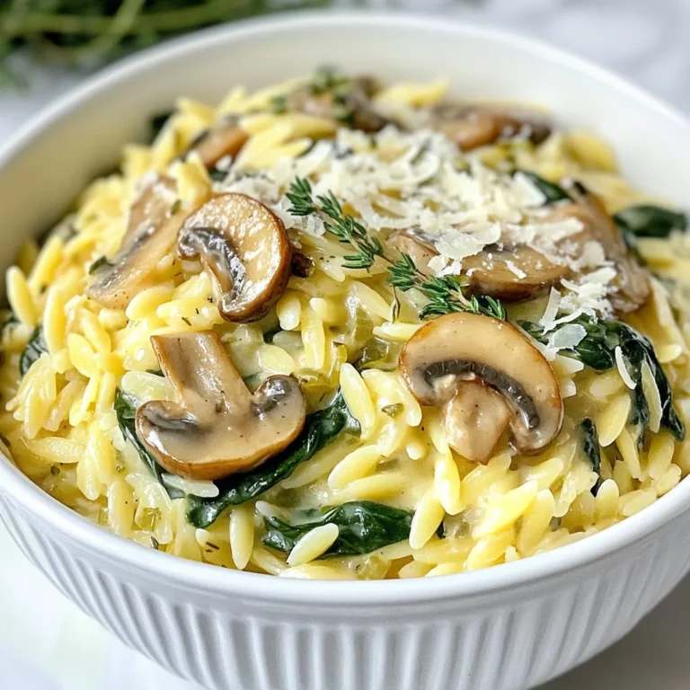 - 1 cup orzo pasta - 2 cups vegetable broth - 1 cup fresh spinach, roughly chopped - 1 cup cremini mushrooms, sliced Orzo pasta is a small, rice-shaped pasta that cooks quickly. It absorbs flavors well, making it a great base for this dish. Fresh spinach adds a pop of color and nutrients. Cremini mushrooms bring a rich, earthy taste that pairs perfectly with creamy elements. - 1/2 cup cream cheese (or a dairy-free alternative) - 1/2 cup grated Parmesan cheese (or nutritional yeast for a vegan option) Cream cheese adds that creamy texture we all love. If you need a dairy-free choice, look for a plant-based cream cheese. Parmesan cheese adds depth, but nutritional yeast works well for a vegan twist. - 1 tablespoon olive oil - Fresh herbs (thyme or parsley) - Salt and pepper to taste Olive oil helps sauté the vegetables and adds richness. Fresh herbs like thyme or parsley brighten up the dish with their flavor. Salt and pepper bring out the natural taste of the ingredients, so don’t skip them! {{ingredient_image_1}} 1. Start by boiling 2 cups of vegetable broth in a medium saucepan. 2. Once the broth bubbles, add 1 cup of orzo pasta. Cook it for about 8-10 minutes. 3. Check the pasta. It should be al dente, tender but still firm. Drain the orzo and set it aside. 1. Grab a large skillet and heat up 1 tablespoon of olive oil over medium heat. 2. Add 1 small finely chopped onion and sauté it for about 3-4 minutes. The onion should turn translucent. 3. Next, toss in 2 cloves of minced garlic and 1 cup of sliced cremini mushrooms. Cook these for 5-6 minutes. The mushrooms should become tender and browned. 4. Now, stir in 1 cup of roughly chopped fresh spinach. Cook it for another 2-3 minutes until it wilts down. 1. Lower the heat and add 1/2 cup of cream cheese to the skillet. Stir until it melts and mixes well with the mushroom spinach. 2. Add the cooked orzo to the skillet and mix everything together. 3. Finally, sprinkle in 1/2 cup of grated Parmesan cheese for extra creaminess. 4. Season with salt and pepper to taste, stirring to blend. 5. Heat the mixture for another 2-3 minutes, stirring now and then. 6. Remove from heat and garnish with fresh thyme or parsley before serving. To achieve the perfect creaminess in your dish, start by melting the cream cheese properly. Cut the cream cheese into small cubes. Then, add it to the warm skillet with your mushroom mixture. Stir it in slowly until it melts. This helps it blend well with the other ingredients, making your orzo rich and creamy. If you need substitutions, you can use a dairy-free cream cheese. Cashew cream is another great choice for a vegan option. It adds richness without dairy. To boost flavor, try adding spices or fresh herbs. Thyme and parsley work great in this dish. You can also sprinkle in some garlic powder or pepper flakes for a kick. Adjust the seasoning to your taste. Start with a pinch of salt and pepper, then taste. Add more if needed! For sautéing vegetables, heat olive oil in your skillet over medium heat. Add onions first, cooking until they turn clear. Then, add garlic and mushrooms. This order helps build layers of flavor. To ensure the orzo doesn’t stick, stir it often while cooking. If you find it clumping, add a splash of vegetable broth or a drizzle of olive oil. This keeps the orzo fluffy and perfect for your creamy mushroom spinach orzo. Pro Tips Use Fresh Ingredients: Fresh spinach and mushrooms enhance the flavor and texture of the dish. Always opt for the freshest produce you can find. Adjust Creaminess: If you prefer a creamier dish, add more cream cheese or Parmesan cheese, adjusting to your taste for the perfect consistency. Flavor Boost: Consider adding a splash of white wine after sautéing the onions and mushrooms for an extra layer of flavor. Let it reduce before adding the spinach. Herb Variations: Experiment with different herbs like basil or dill for a unique twist. Fresh herbs can elevate this dish significantly. {{image_2}} You can add protein to make your meal heartier. Chicken or shrimp are great options. Simply cook them in the skillet before adding the mushrooms. For a vegetarian-friendly choice, try chickpeas or lentils. They blend well with the flavors and add healthy protein. Want to make it gluten-free? Use gluten-free orzo pasta. Many brands offer this. For vegan or dairy-free adjustments, swap cream cheese for a plant-based option. Nutritional yeast can replace Parmesan cheese, giving a cheesy flavor without dairy. Seasonal ingredients can change the dish's vibe. In spring, use fresh asparagus or peas. In fall, add roasted pumpkin or butternut squash. You can also switch the spinach for kale or Swiss chard. These tweaks keep your meal fresh and exciting. To keep your Creamy Mushroom Spinach Orzo fresh, store leftovers in an airtight container. Make sure to cool the dish before sealing. This helps prevent moisture loss and keeps flavors intact. Use glass or plastic containers that seal tightly. They work well for storing food safely. When it’s time to enjoy leftovers, the best way to reheat orzo is on the stove. Place the orzo in a skillet over low heat. Add a splash of vegetable broth or water. Stir often to keep it from sticking. This method helps maintain the creamy texture and rich flavor. You can also use a microwave. Just heat in short bursts, stirring in between. Yes, you can freeze Creamy Mushroom Spinach Orzo! This dish freezes well for up to three months. To freeze, let it cool completely. Then, scoop the orzo into freezer bags. Remove as much air as possible before sealing. When you're ready to eat, thaw it in the fridge overnight. Reheat as mentioned above to enjoy a tasty meal again. Creamy Mushroom Spinach Orzo lasts about 3 to 5 days in the fridge. Make sure to store it in an airtight container. This helps keep the flavors fresh and prevents spoilage. If you notice any odd smells or changes in texture, it’s best to toss it out. Yes, you can use other types of pasta! Options like penne, fusilli, or even gluten-free pasta work well. Just adjust the cooking time according to the package instructions. Each pasta shape will add a unique twist to your dish. Definitely! Creamy Mushroom Spinach Orzo is great for meal prep. You can cook a big batch and store it in portions. When you’re ready to eat, just reheat the desired portion. If you want to keep it creamy, add a splash of broth or cream while reheating. This blog post covered making Creamy Mushroom Spinach Orzo, focusing on its main ingredients and how to combine them. You learned how to cook orzo, sauté mushrooms, and create a creamy texture. We shared tips for adding protein, adapting diets, and storing leftovers. In conclusion, this dish offers flexibility and flavor. You can easily customize it to fit your needs. Enjoy experimenting with ingredients to create your perfect orzo dish!