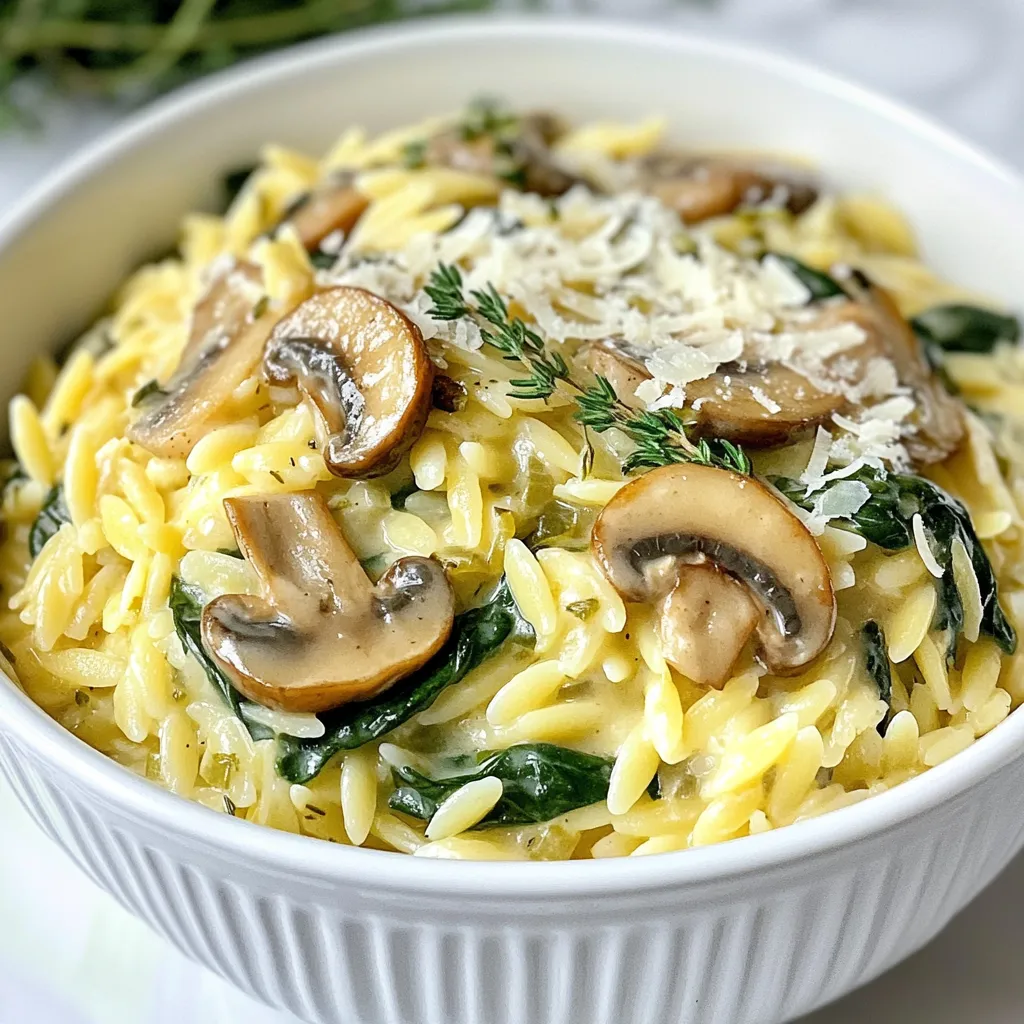 - 1 cup orzo pasta - 2 cups vegetable broth - 1 cup fresh spinach, roughly chopped - 1 cup cremini mushrooms, sliced Orzo pasta is a small, rice-shaped pasta that cooks quickly. It absorbs flavors well, making it a great base for this dish. Fresh spinach adds a pop of color and nutrients. Cremini mushrooms bring a rich, earthy taste that pairs perfectly with creamy elements. - 1/2 cup cream cheese (or a dairy-free alternative) - 1/2 cup grated Parmesan cheese (or nutritional yeast for a vegan option) Cream cheese adds that creamy texture we all love. If you need a dairy-free choice, look for a plant-based cream cheese. Parmesan cheese adds depth, but nutritional yeast works well for a vegan twist. - 1 tablespoon olive oil - Fresh herbs (thyme or parsley) - Salt and pepper to taste Olive oil helps sauté the vegetables and adds richness. Fresh herbs like thyme or parsley brighten up the dish with their flavor. Salt and pepper bring out the natural taste of the ingredients, so don’t skip them! {{ingredient_image_1}} 1. Start by boiling 2 cups of vegetable broth in a medium saucepan. 2. Once the broth bubbles, add 1 cup of orzo pasta. Cook it for about 8-10 minutes. 3. Check the pasta. It should be al dente, tender but still firm. Drain the orzo and set it aside. 1. Grab a large skillet and heat up 1 tablespoon of olive oil over medium heat. 2. Add 1 small finely chopped onion and sauté it for about 3-4 minutes. The onion should turn translucent. 3. Next, toss in 2 cloves of minced garlic and 1 cup of sliced cremini mushrooms. Cook these for 5-6 minutes. The mushrooms should become tender and browned. 4. Now, stir in 1 cup of roughly chopped fresh spinach. Cook it for another 2-3 minutes until it wilts down. 1. Lower the heat and add 1/2 cup of cream cheese to the skillet. Stir until it melts and mixes well with the mushroom spinach. 2. Add the cooked orzo to the skillet and mix everything together. 3. Finally, sprinkle in 1/2 cup of grated Parmesan cheese for extra creaminess. 4. Season with salt and pepper to taste, stirring to blend. 5. Heat the mixture for another 2-3 minutes, stirring now and then. 6. Remove from heat and garnish with fresh thyme or parsley before serving. To achieve the perfect creaminess in your dish, start by melting the cream cheese properly. Cut the cream cheese into small cubes. Then, add it to the warm skillet with your mushroom mixture. Stir it in slowly until it melts. This helps it blend well with the other ingredients, making your orzo rich and creamy. If you need substitutions, you can use a dairy-free cream cheese. Cashew cream is another great choice for a vegan option. It adds richness without dairy. To boost flavor, try adding spices or fresh herbs. Thyme and parsley work great in this dish. You can also sprinkle in some garlic powder or pepper flakes for a kick. Adjust the seasoning to your taste. Start with a pinch of salt and pepper, then taste. Add more if needed! For sautéing vegetables, heat olive oil in your skillet over medium heat. Add onions first, cooking until they turn clear. Then, add garlic and mushrooms. This order helps build layers of flavor. To ensure the orzo doesn’t stick, stir it often while cooking. If you find it clumping, add a splash of vegetable broth or a drizzle of olive oil. This keeps the orzo fluffy and perfect for your creamy mushroom spinach orzo. Pro Tips Use Fresh Ingredients: Fresh spinach and mushrooms enhance the flavor and texture of the dish. Always opt for the freshest produce you can find. Adjust Creaminess: If you prefer a creamier dish, add more cream cheese or Parmesan cheese, adjusting to your taste for the perfect consistency. Flavor Boost: Consider adding a splash of white wine after sautéing the onions and mushrooms for an extra layer of flavor. Let it reduce before adding the spinach. Herb Variations: Experiment with different herbs like basil or dill for a unique twist. Fresh herbs can elevate this dish significantly. {{image_2}} You can add protein to make your meal heartier. Chicken or shrimp are great options. Simply cook them in the skillet before adding the mushrooms. For a vegetarian-friendly choice, try chickpeas or lentils. They blend well with the flavors and add healthy protein. Want to make it gluten-free? Use gluten-free orzo pasta. Many brands offer this. For vegan or dairy-free adjustments, swap cream cheese for a plant-based option. Nutritional yeast can replace Parmesan cheese, giving a cheesy flavor without dairy. Seasonal ingredients can change the dish's vibe. In spring, use fresh asparagus or peas. In fall, add roasted pumpkin or butternut squash. You can also switch the spinach for kale or Swiss chard. These tweaks keep your meal fresh and exciting. To keep your Creamy Mushroom Spinach Orzo fresh, store leftovers in an airtight container. Make sure to cool the dish before sealing. This helps prevent moisture loss and keeps flavors intact. Use glass or plastic containers that seal tightly. They work well for storing food safely. When it’s time to enjoy leftovers, the best way to reheat orzo is on the stove. Place the orzo in a skillet over low heat. Add a splash of vegetable broth or water. Stir often to keep it from sticking. This method helps maintain the creamy texture and rich flavor. You can also use a microwave. Just heat in short bursts, stirring in between. Yes, you can freeze Creamy Mushroom Spinach Orzo! This dish freezes well for up to three months. To freeze, let it cool completely. Then, scoop the orzo into freezer bags. Remove as much air as possible before sealing. When you're ready to eat, thaw it in the fridge overnight. Reheat as mentioned above to enjoy a tasty meal again. Creamy Mushroom Spinach Orzo lasts about 3 to 5 days in the fridge. Make sure to store it in an airtight container. This helps keep the flavors fresh and prevents spoilage. If you notice any odd smells or changes in texture, it’s best to toss it out. Yes, you can use other types of pasta! Options like penne, fusilli, or even gluten-free pasta work well. Just adjust the cooking time according to the package instructions. Each pasta shape will add a unique twist to your dish. Definitely! Creamy Mushroom Spinach Orzo is great for meal prep. You can cook a big batch and store it in portions. When you’re ready to eat, just reheat the desired portion. If you want to keep it creamy, add a splash of broth or cream while reheating. This blog post covered making Creamy Mushroom Spinach Orzo, focusing on its main ingredients and how to combine them. You learned how to cook orzo, sauté mushrooms, and create a creamy texture. We shared tips for adding protein, adapting diets, and storing leftovers. In conclusion, this dish offers flexibility and flavor. You can easily customize it to fit your needs. Enjoy experimenting with ingredients to create your perfect orzo dish!
