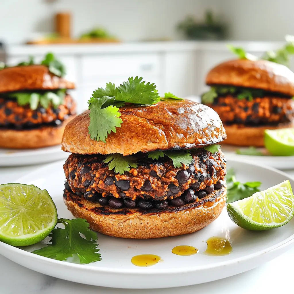 - 2 cans (15 oz each) black beans, drained and rinsed - 1 cup cooked quinoa - 1/2 cup corn kernels (fresh or frozen) - 1/2 cup breadcrumbs (preferably whole wheat) - 1-2 chipotle peppers in adobo sauce, minced (adjust for spice preference) - 1 teaspoon cumin - 1 teaspoon paprika - 1/4 cup red onion, finely chopped - 2 cloves garlic, minced - 1 tablespoon lime juice - Salt and pepper to taste - Avocado slices - Salsa - Fresh cilantro - Whole wheat buns or lettuce wraps When I make these burgers, I use simple and fresh ingredients. Canned black beans are a must. They give that hearty base. Cooked quinoa adds protein and a nice texture. Corn brings a sweet crunch. Whole wheat breadcrumbs help bind everything together. To boost flavor, I turn to chipotle peppers in adobo sauce. They add heat and smokiness. Cumin and paprika bring depth. Fresh red onion and garlic add a sharp bite. A squeeze of lime juice brightens the mix and balances the spices. For toppings, I love creamy avocado slices. They add richness. Fresh salsa gives a fresh pop. Chopped cilantro brings a touch of brightness. I like using whole wheat buns or lettuce wraps for a lighter option. These choices make the burgers truly shine. First, drain and rinse two cans of black beans. Use a fork or potato masher to mash the beans in a large bowl. Aim for a mostly smooth texture, but leave some chunks for bite. Next, add one cup of cooked quinoa, half a cup of corn kernels, and half a cup of breadcrumbs. Chop a quarter cup of red onion and mince two cloves of garlic. Stir these into the bowl. For spice, add one to two minced chipotle peppers in adobo sauce. Adjust the amount based on your heat preference. Finally, mix in one teaspoon of cumin, one teaspoon of paprika, one tablespoon of lime juice, salt, and pepper. Combine everything well until the mixture is uniform. Now, it’s time to shape the mixture into patties. Scoop out portions of the mixture and form them into burger shapes about half an inch thick. You can make around six to eight patties. To help them hold together, chill the patties in the fridge for about 15 minutes. This will make handling them easier during cooking. Heat a drizzle of olive oil in a large skillet over medium heat. Once the oil is hot, place the patties carefully in the skillet. Cook them in batches if necessary. Fry each patty for about four to five minutes on each side. You want a nice golden-brown crust on the outside. To check if they are done, ensure they are heated through. Once cooked, remove the patties from the skillet. Let them rest on paper towels to soak up extra oil. Enjoy your flavorful black bean burgers on whole wheat buns or lettuce wraps, topped with your favorite toppings like avocado or salsa. To get the right texture, balance moisture and dryness. Use whole black beans for added texture. Do not over-mash them. Leave some chunks for a nice bite. Quinoa adds moisture, but adjust the amount based on your beans. If the mix feels too wet, add more breadcrumbs. Cooking times depend on your stove and skillet. Check the heat level. If you cook on low, it will take longer. If too high, the outside may burn. Aim for a golden-brown crust, which should take about 4-5 minutes per side. These burgers shine with fresh toppings. I love pairing them with avocado slices and salsa. For a fresh crunch, add lettuce or shredded cabbage. Serve them on whole wheat buns or lettuce wraps for a healthier option. Make your plate pop with color. Use bright plates and garnish with fresh cilantro and lime wedges. This adds flavor and visual appeal. One common mistake is over-mashing the beans. You want some texture in your burgers. Another mistake is skipping the cooling step. Chilling the patties helps them hold their shape while cooking. If you skip this, your burgers might fall apart. {{image_2}} You can make these burgers even more exciting. Try adding different spices or herbs. For a smoky flavor, add smoked paprika or a pinch of cayenne. If you like fresh tastes, mix in chopped cilantro or parsley. You can also experiment with different beans. Pinto or kidney beans work well too. Each bean brings its unique texture and taste. To make these burgers gluten-free, swap the breadcrumbs with gluten-free options. You can use oats or ground almonds instead. If you want vegan toppings, try using mashed avocado or a simple tomato salsa. These options keep your meal fresh and tasty. There are several ways to cook these burgers. If you prefer a healthier option, bake them in the oven. Preheat the oven to 375°F (190°C) and place the patties on a lined baking sheet. Bake for about 25 minutes, flipping halfway through. Grilling is another fun way. Heat your barbecue and grill the patties for about 4-5 minutes on each side. This gives them a nice char and extra flavor. After you enjoy your Spicy Chipotle Black Bean Burgers, store leftovers in an airtight container. Keep them in the fridge for up to four days. For longer storage, wrap the patties in plastic wrap and place them in a freezer bag. They freeze well for up to three months. Make sure to label the bags with the date. To reheat, use a skillet over medium heat. This keeps the patties crispy. You can also use an oven at 350°F for about 10-15 minutes. Always check the center to ensure they reach a safe temperature of 165°F. This helps prevent any foodborne illness. These burgers will last about four days in the fridge. If frozen, they can last up to three months. After that, their taste and texture may change. Always inspect for any signs of freezer burn before cooking. Yes, you can make these burgers ahead of time. Start by preparing the black bean mixture. Shape the patties and chill them in the fridge. This helps them hold their shape while cooking. You can store the patties in an airtight container. They will stay fresh for up to three days. If you want to keep them longer, freeze the patties. Just make sure to separate them with parchment paper. This way, they won’t stick together. These spicy chipotle black bean burgers pair well with many sides. Here are a few tasty options: - Sweet potato fries - Mixed green salad - Grilled vegetables - Corn on the cob - Quinoa salad These sides complement the bold flavors of the burgers. They also add color and texture to your meal. Yes, these burgers are great for meal prep! You can cook a batch and store them for the week. After cooking, let the burgers cool. Place them in an airtight container in the fridge. They can last for about four days. For longer storage, freeze the cooked burgers. Reheat them in a skillet or oven when you’re ready to eat. This method keeps them tasty and satisfying. Spicy Chipotle Black Bean Burgers are a tasty and healthy option. You’ve learned about key ingredients like black beans, quinoa, and spices. I’ve shared step-by-step cooking tips and common mistakes to avoid. Remember to try different variations and cooking methods for your burgers. These burgers suit meal prep and can be stored well for later. Experiment with toppings and sides to make each meal fun. Enjoy making and sharing these delicious burgers with friends or family!