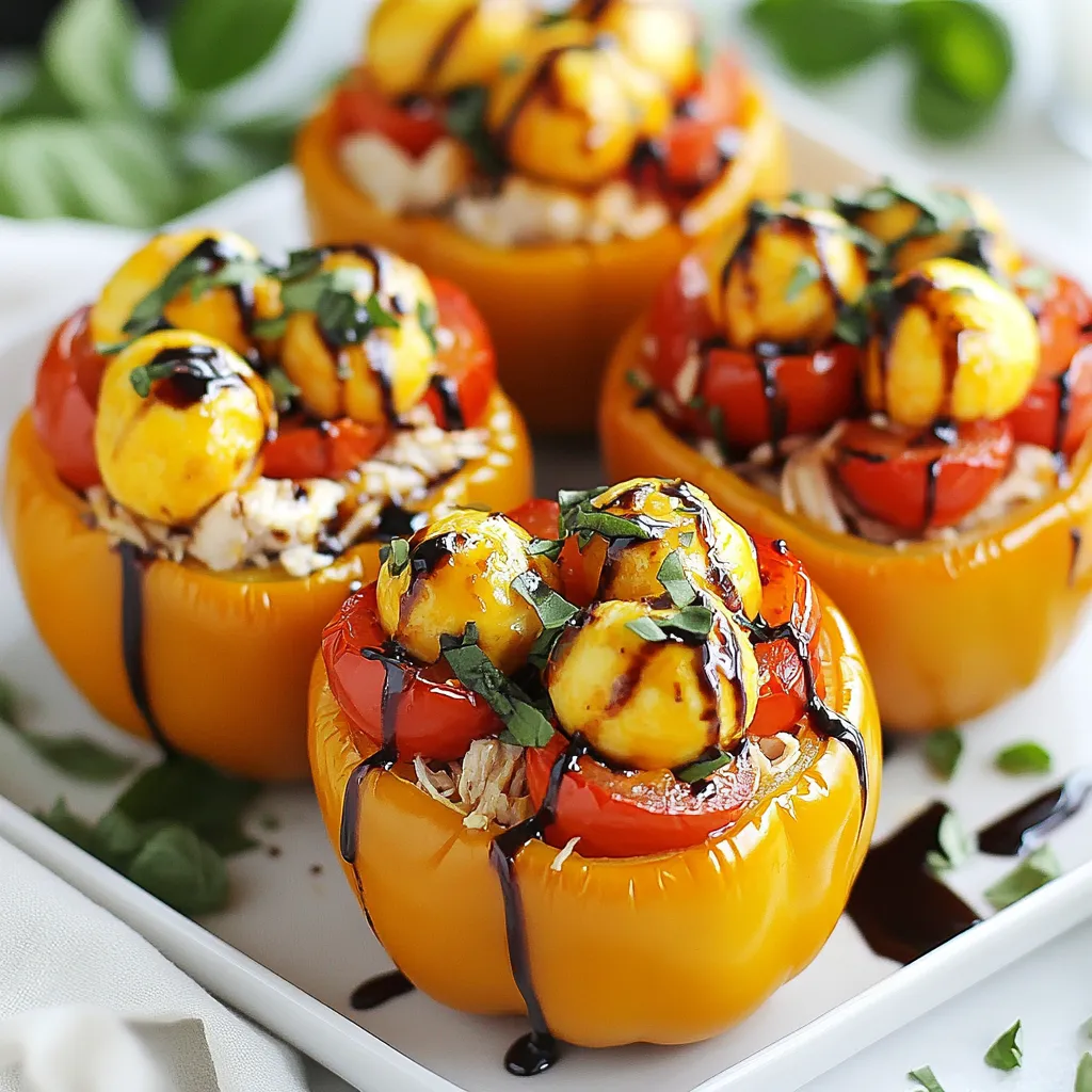 - 4 large bell peppers - 2 cups cooked chicken - 1 cup cherry tomatoes - 1 cup fresh mozzarella cheese - 1/4 cup fresh basil - 1 tablespoon olive oil - 1 teaspoon garlic powder - Salt and pepper - 1/2 teaspoon crushed red pepper flakes (optional) - 1/4 cup balsamic glaze - Optional garnishes When I create Caprese Chicken Stuffed Peppers, I love using fresh, bright ingredients. The bell peppers serve as a tasty vessel. I often choose red, yellow, or green peppers for their sweetness. For the filling, I use cooked chicken, which adds protein and heartiness. Shredded chicken works best as it mixes well. I also add halved cherry tomatoes for a burst of flavor and color. The fresh mozzarella cheese brings creaminess and richness to each bite. Fresh basil is a must! It adds a nice aroma and a hint of peppery taste. In my recipe, I drizzle olive oil inside the peppers. This helps them cook evenly and adds flavor. Garlic powder gives a nice, savory touch. I always add salt and pepper to enhance the flavors. If you like some heat, crushed red pepper flakes can spice things up. Just a half teaspoon will do. Lastly, I finish the dish with balsamic glaze. It adds a sweet and tangy finish. You can also use additional garnishes like more basil or a sprinkle of cheese for a pretty look. These ingredients come together to create a delightful meal that’s both healthy and satisfying. {{ingredient_image_1}} 1. Preheat your oven to 375°F (190°C). This helps cook the peppers evenly. 2. Slice the tops off the bell peppers and remove the seeds. This creates space for the filling. 3. Drizzle the inside with olive oil and season with salt and pepper. This adds flavor and helps with cooking. Place them upright in a baking dish. 1. In a mixing bowl, combine the shredded chicken, halved cherry tomatoes, mozzarella balls, chopped basil, and garlic powder. 2. Add the balsamic glaze, but set aside a tablespoon for later. 3. If you like a little heat, incorporate crushed red pepper flakes. Mix until everything is well combined. 1. Stuff each bell pepper generously with the chicken mixture. Pack it tightly to hold everything in. 2. Cover the baking dish with foil and bake for 25 minutes. 3. After that, remove the foil and bake for an additional 10-15 minutes. This will make the peppers tender and the cheese bubbly. 4. Drizzle the reserved balsamic glaze over the stuffed peppers just before serving. To get the best flavor, use fresh ingredients. Fresh basil, ripe tomatoes, and quality chicken make a big difference. They add bright notes to the dish. For even cooking of the peppers, slice the tops off and remove the seeds. Drizzle the insides with olive oil. This helps them cook nicely. Season with salt and pepper. Placing them upright in a baking dish ensures they cook thoroughly. Pair your Caprese chicken stuffed peppers with a light salad. A simple arugula salad works great. You can also serve them with crusty bread. For drinks, a crisp white wine like Sauvignon Blanc complements the flavors well. You can also serve sparkling water with lemon for a refreshing touch. For presentation, use a colorful platter. Garnish with extra fresh basil on top. This adds a pop of color and looks appealing. If you want to switch up the chicken, try shredded turkey or cooked quinoa for a lighter option. For cheese, you can use feta or goat cheese instead of mozzarella. Both give a unique flavor twist. For a vegan or vegetarian option, replace the chicken with beans or lentils. You can also use a plant-based cheese to keep it creamy. Pro Tips Choosing the Right Peppers: Opt for firm, brightly colored bell peppers for the best flavor and texture. Red, yellow, and orange peppers tend to be sweeter than green ones. Make Ahead: You can prepare the stuffing a day in advance and store it in the refrigerator. Just stuff the peppers before baking for a quick weeknight dinner. Experiment with Cheese: Try using different types of cheese such as feta or goat cheese for a unique twist on the traditional Caprese flavor. Enhancing Flavor: For an extra layer of flavor, consider adding a splash of lemon juice or a sprinkle of oregano to the stuffing mixture. {{image_2}} You can change the taste of Caprese Chicken Stuffed Peppers in fun ways. Adding pesto or olive tapenade gives it a fresh kick. Both add rich flavor and a different texture. You can also use different cheeses like goat cheese or feta for a tangy twist. Each cheese brings its own unique taste, making your dish exciting each time you prepare it. The beauty of stuffed peppers is how well they adapt to the seasons. In summer, add fresh zucchini or spinach to the filling. These vegetables add nutrition and texture. In winter, consider using roasted vegetables like butternut squash for a heartier meal. Adjusting flavors based on what's in season keeps your meal fresh and vibrant. If you need gluten-free options, you can easily swap out the chicken. Use quinoa or rice instead for a fulfilling base. To make it low-carb or keto-friendly, use cauliflower rice instead of traditional grains. This keeps the dish light while still filling. Each adaptation allows you to enjoy Caprese Chicken Stuffed Peppers while meeting your dietary needs. To keep your stuffed peppers fresh, place them in an airtight container. Make sure they cool down first. I recommend using glass containers if you have them. This helps avoid any plastic taste. In the fridge, your peppers can last for about 3 to 4 days. If you want to eat them later, freezing is a great option. To freeze your stuffed peppers, wrap each one tightly in plastic wrap. Then, place them in a freezer-safe bag or container. Make sure to push out any air. This helps prevent freezer burn. You can freeze them for up to 3 months. For best results, thaw them overnight in the fridge before reheating. When it’s time to enjoy your peppers again, you can use a few methods. The oven is my favorite choice. Preheat it to 350°F (175°C). Place the peppers in a baking dish and cover with foil. Heat for about 20 minutes. This keeps them moist. You can also use the microwave. Heat on medium power for about 2 to 3 minutes. Check to see if they are warm throughout. Enjoy your delicious Caprese Chicken Stuffed Peppers! You can enjoy these stuffed peppers with many side dishes. Here are some tasty ideas: - A simple green salad with lemon vinaigrette. - Garlic bread for a crunchy touch. - Roasted vegetables like zucchini or asparagus. - Quinoa or rice for a hearty meal. - A light soup, such as tomato basil. These sides will add variety and balance to your meal. Yes, you can prep the filling in advance. Here’s how: - Cook and shred the chicken ahead of time. - Mix the chicken with cherry tomatoes, mozzarella, and basil. - Store the filling in the fridge for up to two days. - Just stuff the peppers when you're ready to cook. This makes meal prep easy and saves time on busy days. If you want some heat, here are a few ways to spice things up: - Add more crushed red pepper flakes to the filling. - Mix in diced jalapeños or serrano peppers. - Use pepper jack cheese instead of mozzarella. - Drizzle with a spicy sauce, like sriracha, before serving. These options will give your dish a nice kick! In this post, we explored how to make Caprese Chicken Stuffed Peppers. We covered the key ingredients, cooking steps, and helpful tips. You can customize these peppers easily with your favorite flavors and dietary needs. Remember, fresh ingredients make a big difference. With the right storage, you can enjoy leftovers later. I hope you feel inspired to try this recipe. It's simple, tasty, and perfect for any meal. Enjoy making your stuffed peppers uniquely yours!