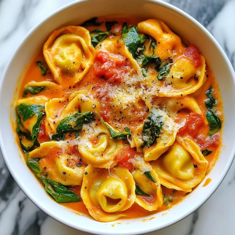 To make creamy tomato tortellini, you need the following: - 9 oz cheese tortellini (fresh or frozen) - 1 tablespoon olive oil - 3 cloves garlic, minced - 1 can (14 oz) diced tomatoes with herbs - 1 cup heavy cream - 1 cup fresh spinach - ½ cup grated Parmesan cheese - 1 teaspoon dried basil - Salt and pepper to taste These ingredients create a rich, creamy dish that is both tasty and easy to prepare. While the dish is great on its own, you can add some fun toppings: - Fresh basil leaves for garnish - Extra grated Parmesan cheese - A sprinkle of red pepper flakes for heat These garnishes can elevate the dish and add fresh flavors. If you need to swap out any ingredients, here are some ideas: - Use vegetable broth instead of olive oil for sautéing. - Swap heavy cream for half-and-half or a plant-based cream. - Try spinach with kale or arugula for a different green. - Use any type of cheese tortellini you like. These substitutions keep the dish easy and adaptable for your needs. {{ingredient_image_1}} First, boil water in a large pot. Add salt for flavor. Once the water boils, add 9 oz of cheese tortellini. Follow the package directions for cooking time. Fresh tortellini usually takes 3-5 minutes, while frozen might need a bit longer. When they float, they are ready. Drain them well and set aside. In a large skillet, heat 1 tablespoon of olive oil over medium heat. Add 3 cloves of minced garlic. Sauté for about 1 minute. You want it to smell good but not brown. This step adds a nice flavor to your dish. Pour in a 14 oz can of diced tomatoes with herbs. Stir well to mix the garlic and tomatoes. Let this simmer for about 5 minutes. After that, add 1 cup of heavy cream. Stir gently and let it simmer again. Add 1 teaspoon of dried basil, salt, and pepper to taste. This cream sauce will be rich and tasty. Now, gently add the drained tortellini into the skillet. Fold them into the creamy tomato sauce. Make sure each piece gets coated. Then, add 1 cup of fresh spinach. Cook for another 2-3 minutes until the spinach wilts down. Finally, sprinkle ½ cup of grated Parmesan cheese on top. Stir until it melts into the sauce. Your creamy tomato tortellini skillet is now ready to enjoy! To make a great creamy tomato sauce, start with good tomatoes. Use canned diced tomatoes with herbs for more flavor. Sauté the garlic first; this brings out its taste. Add the cream slowly, and stir well as it heats. This helps create a smooth sauce. If you want a thicker sauce, simmer it longer. You can also add a little pasta water to adjust the texture. When cooking tortellini, use a large pot of boiling water. This helps keep the pasta from sticking together. Follow the package instructions for the best cooking time. Fresh tortellini cooks faster than frozen. Taste a piece to check if it’s done; it should be soft but not mushy. Drain it well, and remember to save some cooking water for the sauce if needed. Serve your creamy tomato tortellini with a side of garlic bread. A fresh salad with greens and a light vinaigrette pairs well too. You can top it with extra Parmesan for a cheesy kick. For a colorful touch, add fresh basil leaves as a garnish. Enjoy your meal with a glass of white wine for a perfect match! Pro Tips Use Fresh Ingredients: For the best flavor, opt for fresh spinach and high-quality diced tomatoes. Fresh ingredients can elevate the dish significantly. Adjust Creaminess: If you prefer a lighter dish, you can substitute half of the heavy cream with chicken or vegetable broth, retaining some cream for richness. Flavor Boost: Add a pinch of red pepper flakes to the sautéed garlic for a subtle heat that complements the creamy sauce. Storing Leftovers: If you have leftovers, store them in an airtight container in the fridge. Reheat gently on the stove with a splash of water or broth to loosen the sauce. {{image_2}} You can boost the protein in your creamy tomato tortellini skillet by adding meat. Chicken works great. Simply cook diced chicken in the skillet before adding the garlic. Ground turkey or beef also adds flavor. For a quick option, use cooked sausage. Just slice it and mix it in with the tortellini. For a vegetarian twist, you can skip the meat and add more veggies. Try bell peppers, zucchini, or mushrooms. For a vegan option, substitute heavy cream with coconut milk or cashew cream. Use vegan cheese instead of Parmesan. This keeps the dish creamy and rich without dairy. Adding herbs and spices can take your dish to the next level. Fresh basil adds a bright taste. You can also use oregano or thyme for a savory touch. For a little heat, add red pepper flakes. This will give your dish a spicy kick. Don't forget to taste as you go to find your perfect balance! To store leftovers, let the dish cool completely. Use an airtight container to keep it fresh. It will last in the fridge for about 3 to 4 days. Label your container with the date for easy tracking. When you are ready to eat, reheat the dish in a skillet. Add a splash of water or cream to keep it creamy. Stir often over medium heat until warm. You can also microwave it in a bowl. Heat for 1 to 2 minutes, stirring halfway through. If you want to freeze it, use a freezer-safe container. The dish can be frozen for up to 2 months. Make sure to separate the tortellini and sauce if possible. This helps keep the texture better when you thaw it. To cook, thaw overnight in the fridge, then reheat as noted above. Yes, you can use dried tortellini. Just remember that cooking times will change. Dried tortellini usually takes longer to cook than fresh. Check the package for exact times. It is best to cook it until it is tender. Then, you can follow the rest of the recipe as usual. To spice up your creamy tomato tortellini skillet, try adding red pepper flakes. Start with a pinch and add more if you like. You can also use spicy sausage or jalapeños for heat. If you love bold flavors, consider adding a dash of hot sauce. This will give your dish a nice kick. If you want a lighter option, you can use whole milk or half-and-half. For a dairy-free choice, try coconut milk or almond milk. They both add creaminess. However, keep in mind that the flavor might change slightly. You can also blend silken tofu for a creamy texture without dairy. This blog post guides you through making a creamy tortellini dish. We covered ingredients, preparation steps, tips for success, and variations to suit your taste. You now know how to store and reheat leftovers, making meals easy. Remember, you can adjust recipes with different proteins or spices. Everyone can enjoy this dish with vegetarian and vegan options. Now, get cooking and impress your family with your tasty creation!