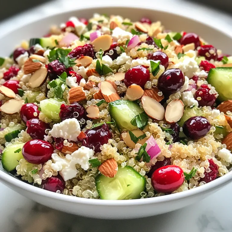 To make a tasty Cranberry Almond Quinoa Salad, you need the following ingredients: - 1 cup quinoa, rinsed - 2 cups water or vegetable broth - 1 cup fresh or dried cranberries - 1/2 cup sliced almonds, toasted - 1/2 cup diced cucumber - 1/4 cup chopped red onion - 1/4 cup feta cheese (optional) - 1/4 cup fresh parsley, chopped - 3 tablespoons olive oil - 2 tablespoons apple cider vinegar - 1 tablespoon honey or maple syrup - Salt and pepper to taste If you want to change things up, here are some easy swaps: - Use quinoa blends or bulgur instead of quinoa. - Swap dried cranberries for raisins or chopped dates. - Replace sliced almonds with walnuts or pecans. - Use lemon juice instead of apple cider vinegar. - Try agave syrup or brown sugar instead of honey. This salad is not only delicious but also packed with nutrients: - Quinoa: High in protein and fiber, quinoa helps keep you full longer. - Cranberries: These berries are rich in antioxidants and can boost your immune system. - Almonds: They provide healthy fats and vitamin E, great for your skin. - Cucumber: Low in calories, cucumbers add hydration and crunch to the salad. - Parsley: This herb is full of vitamins and adds flavor with few calories. With these ingredients, you create a healthy dish that is easy to make and fun to eat. {{ingredient_image_1}} To start, rinse 1 cup of quinoa in a fine mesh strainer. Rinsing helps remove the bitter coating called saponin. Next, in a medium saucepan, combine the rinsed quinoa and 2 cups of water or vegetable broth. Bring the pot to a boil over medium heat. Once it boils, lower the heat, cover it, and let it simmer for about 15 minutes. After that time, all the liquid should be absorbed. Remove the pot from heat and let it sit for 5 minutes. This resting time helps the quinoa fluff up. Finally, use a fork to fluff the quinoa and let it cool to room temperature. In a large mixing bowl, add the cooled quinoa. Then, throw in 1 cup of cranberries, 1/2 cup of toasted almonds, 1/2 cup of diced cucumber, and 1/4 cup of chopped red onion. If you like, add 1/4 cup of feta cheese for a creamy touch. Don't forget to mix in 1/4 cup of fresh parsley for a pop of color and flavor. Use a large spoon to gently combine all the ingredients. This step is key for an even mix of flavors in every bite. Now, let's make the dressing. In a small bowl, whisk together 3 tablespoons of olive oil, 2 tablespoons of apple cider vinegar, and 1 tablespoon of honey or maple syrup. Add a pinch of salt and pepper to taste. This dressing balances the sweetness of the cranberries and the crunch of the almonds. Once the dressing is ready, pour it over the salad. Toss gently to make sure every ingredient gets coated. After mixing, let the salad sit for at least 15 minutes. This helps the flavors blend and makes it even tastier. To cook fluffy quinoa, start with rinsed quinoa. Rinsing removes bitter saponins. Use a medium saucepan and add quinoa and water or broth. Bring it to a boil over high heat. Once boiling, lower the heat to a simmer. Cover the pot and let it cook for about 15 minutes. When the liquid is gone, remove it from heat. Let it sit covered for five minutes. This step helps make the quinoa fluffy. Finally, fluff it with a fork and let it cool. Toasting almonds adds a nice crunch and flavor. Start by slicing the almonds if they aren’t sliced already. Heat a dry skillet over medium heat. Once hot, add the almonds to the skillet. Stir them often to prevent burning. Toast for about 3 to 5 minutes, until they turn golden brown and smell nutty. Remove the almonds from the heat right away. Let them cool before adding them to the salad. You can add more flavor to your salad with simple add-ins. Try adding diced apples for sweetness or bell peppers for crunch. Chopped herbs like mint or basil also work well. For added protein, consider chickpeas or grilled chicken. You can even add citrus juice for a zesty twist. Get creative! Mixing and matching your favorite ingredients makes this salad personal and fun. Pro Tips Perfectly Cooked Quinoa: Ensure you rinse the quinoa thoroughly before cooking to remove its natural coating, called saponin, which can impart a bitter taste. Add Flavor to Quinoa: For a more flavorful base, consider cooking the quinoa in vegetable broth instead of water. Toast Your Nuts: Toast the sliced almonds in a dry skillet over medium heat for a few minutes to enhance their flavor and crunchiness. Let It Chill: Allow the salad to sit for at least 15 minutes after mixing to let the flavors meld together for a more delicious experience. {{image_2}} You can easily make this salad vegan. Just skip the feta cheese. You can use more nuts or seeds for extra crunch. Try adding sunflower seeds or pumpkin seeds. They add great flavor and texture. If you want creaminess, mash up some avocado. It pairs well with cranberries and almonds. This recipe is naturally gluten-free. Quinoa is a great substitute for grains like wheat. Just ensure your vegetable broth is gluten-free as well. Check the labels for safety. You can also swap in other gluten-free grains, like millet or rice, for variety. You can change this recipe with the seasons. In spring, add fresh peas for a crisp bite. In summer, try diced bell peppers for color and crunch. In fall, roasted sweet potatoes make it hearty and warm. In winter, consider using pomegranate seeds for a festive touch. Each swap brings new flavors and keeps the salad fresh. To keep your cranberry almond quinoa salad fresh, store it in the fridge. Place it in an airtight container. This keeps moisture in and prevents odors from other foods. Leftovers can last up to three days. I suggest using glass containers for storage. Glass is safe and won't stain. You can also use BPA-free plastic containers. Just make sure they seal well. For meal prep, divide the salad into single servings. This makes it easy to grab and go. Keep the dressing separate until serving. This helps keep the salad fresh and crisp. If you want to enjoy it later, store the salad and dressing in different containers. You can make this salad ahead of time. Cook the quinoa and let it cool. Combine all the ingredients in a bowl. Mix the dressing in a separate bowl. Don’t add the dressing until you are ready to serve. This keeps the salad fresh and tasty. You can store it in the fridge for up to three days. Yes, you can use other dried fruits. Some great options are raisins, apricots, or dates. They all add sweetness and flavor. Just chop them into small pieces before adding them to the salad. This way, they mix well with the quinoa and other ingredients. This salad pairs well with many dishes. It goes great with grilled chicken or fish. You can also serve it with a light soup for a full meal. It is delicious with crusty bread or a fresh baguette, too. The flavors complement each other nicely. This blog covered how to create a tasty Cranberry Almond Quinoa Salad. You learned about the key ingredients, their benefits, and how to cook quinoa perfectly. We shared useful tips on adding flavor and offered variations for vegan and gluten-free diets. Proper storage helps keep your salad fresh for days. Try this salad for a healthy meal. Enjoy all the flavors and benefits it offers!