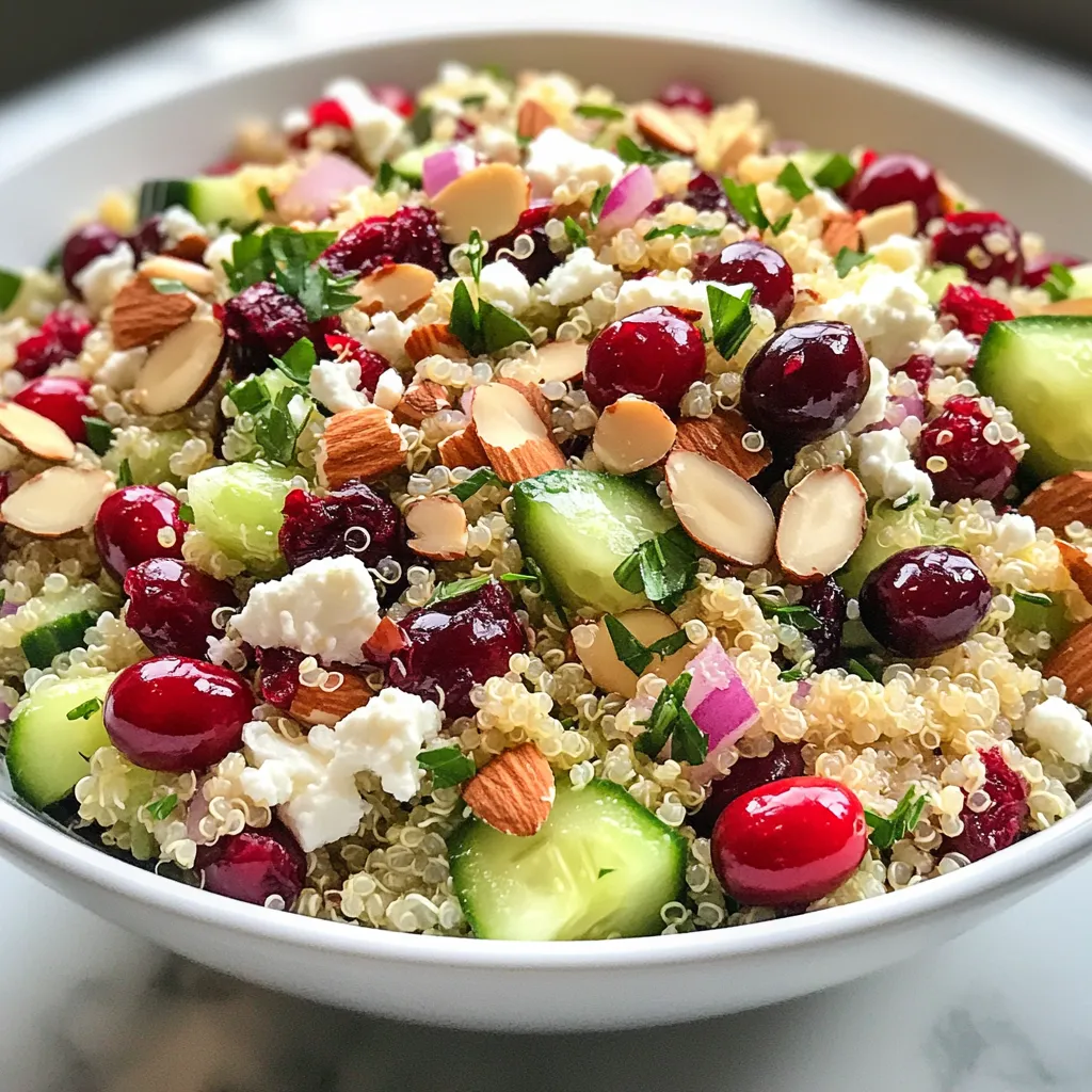 To make a tasty Cranberry Almond Quinoa Salad, you need the following ingredients: - 1 cup quinoa, rinsed - 2 cups water or vegetable broth - 1 cup fresh or dried cranberries - 1/2 cup sliced almonds, toasted - 1/2 cup diced cucumber - 1/4 cup chopped red onion - 1/4 cup feta cheese (optional) - 1/4 cup fresh parsley, chopped - 3 tablespoons olive oil - 2 tablespoons apple cider vinegar - 1 tablespoon honey or maple syrup - Salt and pepper to taste If you want to change things up, here are some easy swaps: - Use quinoa blends or bulgur instead of quinoa. - Swap dried cranberries for raisins or chopped dates. - Replace sliced almonds with walnuts or pecans. - Use lemon juice instead of apple cider vinegar. - Try agave syrup or brown sugar instead of honey. This salad is not only delicious but also packed with nutrients: - Quinoa: High in protein and fiber, quinoa helps keep you full longer. - Cranberries: These berries are rich in antioxidants and can boost your immune system. - Almonds: They provide healthy fats and vitamin E, great for your skin. - Cucumber: Low in calories, cucumbers add hydration and crunch to the salad. - Parsley: This herb is full of vitamins and adds flavor with few calories. With these ingredients, you create a healthy dish that is easy to make and fun to eat. {{ingredient_image_1}} To start, rinse 1 cup of quinoa in a fine mesh strainer. Rinsing helps remove the bitter coating called saponin. Next, in a medium saucepan, combine the rinsed quinoa and 2 cups of water or vegetable broth. Bring the pot to a boil over medium heat. Once it boils, lower the heat, cover it, and let it simmer for about 15 minutes. After that time, all the liquid should be absorbed. Remove the pot from heat and let it sit for 5 minutes. This resting time helps the quinoa fluff up. Finally, use a fork to fluff the quinoa and let it cool to room temperature. In a large mixing bowl, add the cooled quinoa. Then, throw in 1 cup of cranberries, 1/2 cup of toasted almonds, 1/2 cup of diced cucumber, and 1/4 cup of chopped red onion. If you like, add 1/4 cup of feta cheese for a creamy touch. Don't forget to mix in 1/4 cup of fresh parsley for a pop of color and flavor. Use a large spoon to gently combine all the ingredients. This step is key for an even mix of flavors in every bite. Now, let's make the dressing. In a small bowl, whisk together 3 tablespoons of olive oil, 2 tablespoons of apple cider vinegar, and 1 tablespoon of honey or maple syrup. Add a pinch of salt and pepper to taste. This dressing balances the sweetness of the cranberries and the crunch of the almonds. Once the dressing is ready, pour it over the salad. Toss gently to make sure every ingredient gets coated. After mixing, let the salad sit for at least 15 minutes. This helps the flavors blend and makes it even tastier. To cook fluffy quinoa, start with rinsed quinoa. Rinsing removes bitter saponins. Use a medium saucepan and add quinoa and water or broth. Bring it to a boil over high heat. Once boiling, lower the heat to a simmer. Cover the pot and let it cook for about 15 minutes. When the liquid is gone, remove it from heat. Let it sit covered for five minutes. This step helps make the quinoa fluffy. Finally, fluff it with a fork and let it cool. Toasting almonds adds a nice crunch and flavor. Start by slicing the almonds if they aren’t sliced already. Heat a dry skillet over medium heat. Once hot, add the almonds to the skillet. Stir them often to prevent burning. Toast for about 3 to 5 minutes, until they turn golden brown and smell nutty. Remove the almonds from the heat right away. Let them cool before adding them to the salad. You can add more flavor to your salad with simple add-ins. Try adding diced apples for sweetness or bell peppers for crunch. Chopped herbs like mint or basil also work well. For added protein, consider chickpeas or grilled chicken. You can even add citrus juice for a zesty twist. Get creative! Mixing and matching your favorite ingredients makes this salad personal and fun. Pro Tips Perfectly Cooked Quinoa: Ensure you rinse the quinoa thoroughly before cooking to remove its natural coating, called saponin, which can impart a bitter taste. Add Flavor to Quinoa: For a more flavorful base, consider cooking the quinoa in vegetable broth instead of water. Toast Your Nuts: Toast the sliced almonds in a dry skillet over medium heat for a few minutes to enhance their flavor and crunchiness. Let It Chill: Allow the salad to sit for at least 15 minutes after mixing to let the flavors meld together for a more delicious experience. {{image_2}} You can easily make this salad vegan. Just skip the feta cheese. You can use more nuts or seeds for extra crunch. Try adding sunflower seeds or pumpkin seeds. They add great flavor and texture. If you want creaminess, mash up some avocado. It pairs well with cranberries and almonds. This recipe is naturally gluten-free. Quinoa is a great substitute for grains like wheat. Just ensure your vegetable broth is gluten-free as well. Check the labels for safety. You can also swap in other gluten-free grains, like millet or rice, for variety. You can change this recipe with the seasons. In spring, add fresh peas for a crisp bite. In summer, try diced bell peppers for color and crunch. In fall, roasted sweet potatoes make it hearty and warm. In winter, consider using pomegranate seeds for a festive touch. Each swap brings new flavors and keeps the salad fresh. To keep your cranberry almond quinoa salad fresh, store it in the fridge. Place it in an airtight container. This keeps moisture in and prevents odors from other foods. Leftovers can last up to three days. I suggest using glass containers for storage. Glass is safe and won't stain. You can also use BPA-free plastic containers. Just make sure they seal well. For meal prep, divide the salad into single servings. This makes it easy to grab and go. Keep the dressing separate until serving. This helps keep the salad fresh and crisp. If you want to enjoy it later, store the salad and dressing in different containers. You can make this salad ahead of time. Cook the quinoa and let it cool. Combine all the ingredients in a bowl. Mix the dressing in a separate bowl. Don’t add the dressing until you are ready to serve. This keeps the salad fresh and tasty. You can store it in the fridge for up to three days. Yes, you can use other dried fruits. Some great options are raisins, apricots, or dates. They all add sweetness and flavor. Just chop them into small pieces before adding them to the salad. This way, they mix well with the quinoa and other ingredients. This salad pairs well with many dishes. It goes great with grilled chicken or fish. You can also serve it with a light soup for a full meal. It is delicious with crusty bread or a fresh baguette, too. The flavors complement each other nicely. This blog covered how to create a tasty Cranberry Almond Quinoa Salad. You learned about the key ingredients, their benefits, and how to cook quinoa perfectly. We shared useful tips on adding flavor and offered variations for vegan and gluten-free diets. Proper storage helps keep your salad fresh for days. Try this salad for a healthy meal. Enjoy all the flavors and benefits it offers!