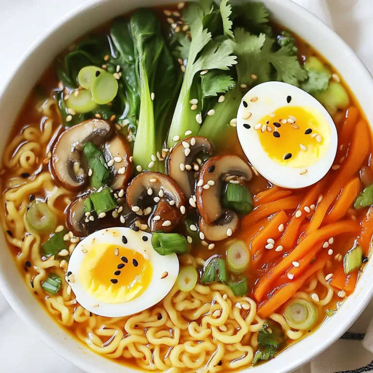 To make tasty spicy garlic ramen, gather these key items: - 2 packs of fresh or dried ramen noodles - 4 cups vegetable broth - 3 tablespoons soy sauce - 2 tablespoons chili paste (adjust to taste) - 1 tablespoon sesame oil - 4 cloves garlic, minced - 1 teaspoon fresh ginger, minced - 1 cup shiitake mushrooms, sliced - 1 cup bok choy, chopped - 1 carrot, julienned - 2 green onions, chopped - 2 soft-boiled eggs (optional) - Sesame seeds for garnish - Fresh cilantro for garnish - Salt and pepper to taste These ingredients make a rich and spicy broth. The garlic and ginger give it a bold flavor. Shiitake mushrooms add a nice texture. The bok choy and carrot bring color and crunch. You can make your ramen even better with these toppings: - Soft-boiled eggs - Chopped green onions - Sesame seeds - Fresh cilantro - Chili flakes for extra heat These toppings add more flavor and make your bowl look nice. A soft-boiled egg adds creaminess. Cilantro gives a fresh taste. If you can't find ramen noodles, try these: - Udon noodles for a chewier texture - Soba noodles for a nutty flavor - Rice noodles for a gluten-free option These substitutes work well in this recipe. Each type of noodle brings its own unique taste and feel. Choose what you like best for your ramen bowl! {{ingredient_image_1}} Start by heating a pot over medium heat. Pour in 1 tablespoon of sesame oil. Add 4 cloves of minced garlic. Sauté for about 1 minute until the garlic smells good. Next, mix in 1 teaspoon of minced ginger and 1 cup of sliced shiitake mushrooms. Cook this for about 3-4 minutes. You want the mushrooms to be soft. Now, add 4 cups of vegetable broth, 3 tablespoons of soy sauce, and 2 tablespoons of chili paste. Stir well and bring the mixture to a gentle boil. This broth is the heart of your ramen, so let it bubble and blend those flavors. Once your broth is boiling, it's time to add the veggies. Toss in 1 cup of chopped bok choy and 1 julienned carrot. Let them simmer for about 5 minutes. You want the vegetables to be tender but still bright and fresh. The bok choy adds a nice crunch, while the carrot gives a sweet touch. While your broth and veggies cook, grab another pot. Fill it with water and bring it to a boil. Add 2 packs of fresh or dried ramen noodles. Cook them according to the package instructions. This usually takes about 3-5 minutes. Once done, drain the noodles and set them aside. Now, it’s time to put everything together. Taste the broth and add salt and pepper if needed. In each bowl, place a portion of ramen noodles. Ladle the spicy garlic broth and veggies over the noodles. If you like, add a soft-boiled egg on top. Sprinkle with chopped green onions, sesame seeds, and fresh cilantro for a beautiful finish. Enjoy your spicy garlic ramen bowls! To make soft-boiled eggs, start with fresh eggs. Bring a pot of water to a boil. Once boiling, gently add the eggs. Boil them for six to seven minutes. After that, place the eggs in ice water for five minutes. This helps stop the cooking. When cool, peel the eggs carefully. Cut them in half and place them on the ramen. The creamy yolk adds richness to your dish. The spice in your ramen comes from the chili paste. If you like less heat, start with one tablespoon. Stir it into the broth and taste. You can always add more if you want more spice. For those who love heat, try two or three tablespoons. Just remember, start small and increase as needed. This way, you control the spice level to fit your taste. Meal prep can make cooking easier. Cook the ramen noodles and broth ahead of time. Store them separately in the fridge. When ready to serve, reheat the broth gently. Boil fresh noodles for a quick minute. This keeps the dish fresh. Add the noodles to bowls first. Then pour the hot broth over them. Top with veggies and soft-boiled eggs. Garnish with green onions, sesame seeds, and cilantro for a beautiful finish. Pro Tips Adjust Spiciness: Feel free to modify the amount of chili paste based on your preference for heat. Start with less and add more as needed. Perfect Soft-Boiled Eggs: For the ideal soft-boiled eggs, simmer them for about 6-7 minutes, then plunge them into ice water to stop the cooking process. Vegetable Variations: Don't hesitate to swap in different vegetables like spinach or bell peppers for added color and nutrition. Broth Depth: For a richer broth, consider adding a splash of mirin or a dash of miso paste for an umami boost. {{image_2}} You can add protein to your spicy garlic ramen for extra flavor and nutrition. Options include: - Sliced grilled chicken - Cooked shrimp - Tofu cubes - Ground pork or beef Simply cook the protein in the pot with the garlic and ginger. This adds depth to the broth and fills your bowl. To make a vegan version, skip the soft-boiled eggs and use tofu instead. Here’s how: - Replace the vegetable broth with a robust mushroom broth for a deeper taste. - Add extra veggies like bell peppers or snap peas for crunch. - Use a vegan chili paste to keep it plant-based. This version stays true to the spicy garlic flavor and is great for everyone. Feel free to mix and match vegetables to suit your taste. Some great options are: - Spinach for a quick-cooking green - Broccoli florets for added crunch - Zucchini, sliced thinly for a lighter feel These vegetables cook fast and keep the ramen fresh and tasty. Adjust to your liking for the perfect bowl. To store leftovers, first let the ramen cool down. Then, place the noodles and broth in separate airtight containers. This helps keep the noodles from getting soggy. Make sure to add any extra toppings, like soft-boiled eggs or green onions, in a different container. This way, they stay fresh. Store everything in the fridge for up to three days. When you're ready to enjoy your leftovers, reheat the broth first. Pour it into a pot and warm it over medium heat. Stir often to keep it from sticking. Once hot, add the noodles for a minute. This warms them up without making them mushy. You can also use a microwave, but watch carefully to avoid overcooking. Spicy Garlic Ramen Bowls last about three days in the fridge. If you need to store them longer, consider freezing them. However, the taste and texture may change. If you freeze, try to eat within a month for the best flavor. Always label your containers with the date, so you know when to use them. You can use chicken broth instead of vegetable broth. Both have great flavors. If you need a vegan option, try water with added soy sauce. This will give you a good taste. You can also add more garlic and ginger for extra flavor. Yes, you can make this ramen ahead of time. Cook the broth and veggies first. Store them in the fridge in a sealed container. When you are ready to eat, heat the broth. Cook the noodles fresh to keep them perfect. This way, your ramen stays tasty and not soggy. You can freeze the broth and veggies, but not the noodles. When you freeze the broth, let it cool first. Use a freezer-safe container. To eat, thaw the broth in the fridge overnight. Reheat it on the stove. Cook fresh noodles when you are ready to enjoy your ramen. This blog post covered key ingredients for spicy garlic ramen, from essential spices to tasty toppings. You learned how to prepare the broth, cook veggies, and perfect your noodles. We shared tips for soft-boiled eggs and spice adjustments. You can also explore protein customizations and vegan options. Finally, we discussed storage tips to keep your ramen fresh. Enjoy making this dish your own, and don’t shy away from experimenting!