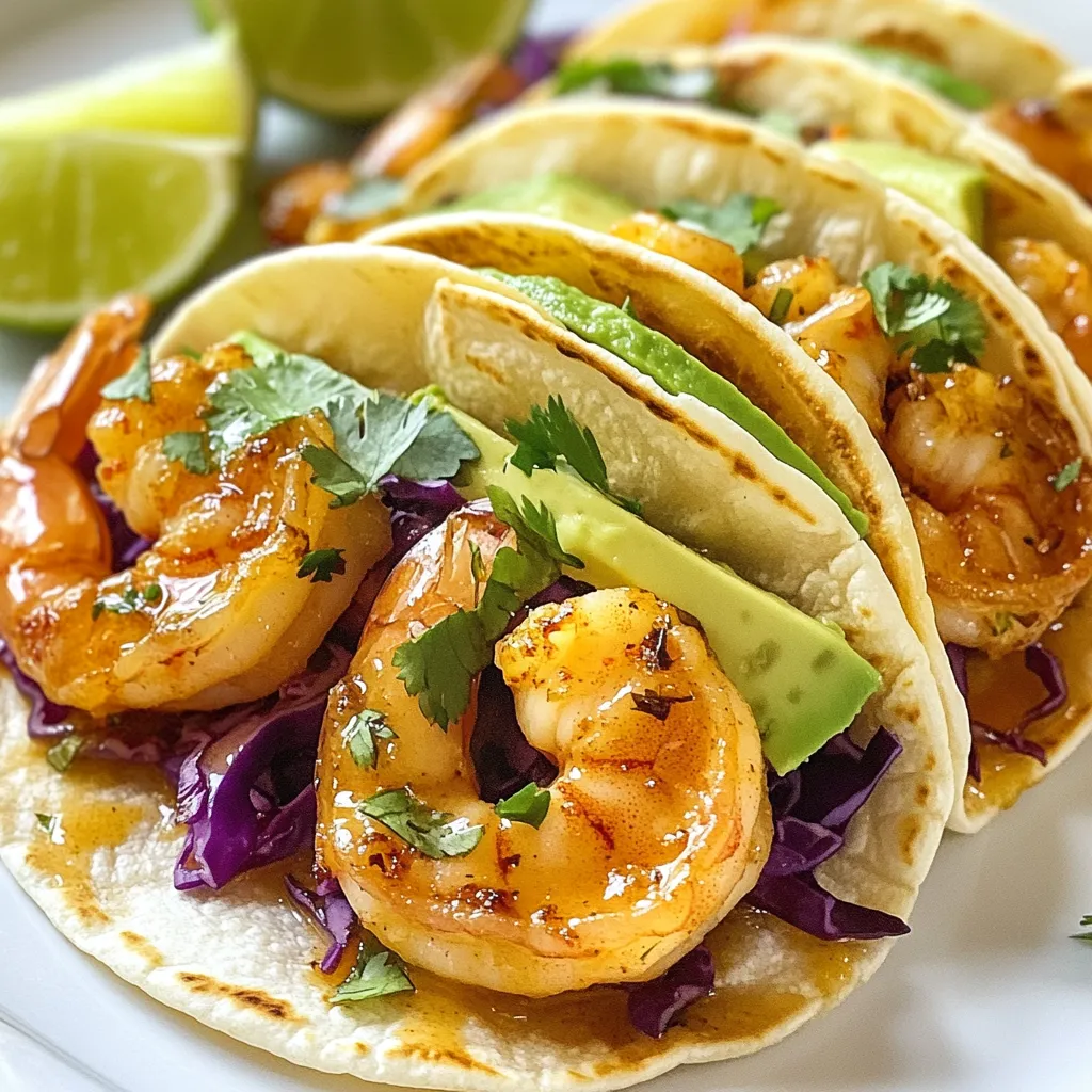 To make garlic butter shrimp tacos, gather these key items: - 1 pound medium shrimp, peeled and deveined - 4 tablespoons unsalted butter - 4 cloves garlic, minced - 1 teaspoon smoked paprika - 1 teaspoon ground cumin - 1 lime, zested and juiced - 8 small corn tortillas - 1 cup shredded red cabbage - 1 avocado, sliced - Fresh cilantro, chopped (for garnish) - Salt and pepper, to taste - Hot sauce (optional, for serving) These ingredients work together to create a dish bursting with flavor. For the best taste, I suggest using high-quality butter like Kerrygold. You can also opt for frozen shrimp if fresh is not available. Look for peeled and deveined shrimp to save time. For tortillas, brands like Mission or La Banderita offer great options. If you want a twist, try using flour tortillas instead of corn. To elevate your tacos, consider these pantry staples: - Chili powder for added heat - Lime zest for extra brightness - Garlic powder if you run low on fresh garlic - A dash of cayenne for a spicy kick These simple additions can enhance the taste and make your tacos even more delicious. {{ingredient_image_1}} Start by melting 4 tablespoons of butter in a large skillet over medium heat. Once the butter is smooth, add 4 minced garlic cloves. Sauté the garlic for about 1 minute. It should smell great but not brown. Next, add 1 pound of peeled shrimp to the skillet. Season the shrimp with 1 teaspoon of smoked paprika, 1 teaspoon of ground cumin, salt, and pepper. Mix this well. Cook the shrimp for 2-3 minutes on each side. They should turn pink and opaque. After that, squeeze lime juice and add lime zest to the shrimp. Stir everything together and take it off the heat. Take 8 small corn tortillas and warm them. You can do this in a separate skillet for about 30 seconds on each side. Or, for a faster method, use a microwave. To build your taco, put a handful of shredded red cabbage in the center of each tortilla. Then, add a few shrimp on top of the cabbage. Next, layer with sliced avocado. Don’t forget to garnish with fresh cilantro. If you like some heat, drizzle on hot sauce. Serve right away with lime wedges on the side. This meal is fast! You can prep in just 10 minutes and cook in 10 minutes more. Start by gathering all your ingredients. While the shrimp cooks, warm the tortillas. This way, everything finishes at the same time. If you follow these steps, your tacos will be ready in about 20 minutes. Enjoy your quick and tasty meal! To cook shrimp just right, start with fresh shrimp. Look for shrimp that smells sweet, not fishy. When you cook shrimp, heat the skillet first. Add butter and let it melt slowly. Then, add minced garlic. Cook it until it smells good, about one minute. Don't let it brown. Then, add the shrimp. Cook them for 2-3 minutes on each side. They should turn pink and opaque. This shows they are done. Store shrimp in the fridge if you don’t use it right away. Keep them in a sealed bag or container. They will stay fresh for one to two days. You can freeze shrimp too. Wrap them tightly and put them in the freezer. They last for up to three months. For taco toppings, store shredded cabbage and sliced avocado in airtight containers. This keeps them fresh and crunchy. You can make the shrimp ahead of time. Cook it, then cool it down and store it in the fridge. Just reheat before serving. The corn tortillas are easy to prepare too. You can warm them and keep them wrapped in a clean cloth. This helps them stay warm and soft. If you want to save time, prep your toppings early. Slice the avocado and chop the cilantro. Store them in separate containers. Pro Tips Fresh Shrimp: Always opt for fresh or high-quality frozen shrimp for the best flavor and texture. Customize Your Spice: Adjust the amount of smoked paprika and cumin to suit your taste; add cayenne pepper for extra heat. Warm Tortillas: Keep tortillas warm in a towel after cooking to prevent them from drying out while you assemble the tacos. Garnish Wisely: Don't skip the fresh cilantro and lime wedges; they elevate the flavor and presentation of the tacos. {{image_2}} If you want to switch things up, try chicken or fish. For chicken, use about one pound of diced chicken breast. Cook it the same way as shrimp. For fish, white fish like tilapia or cod works well. Just make sure it cooks through and flakes easily. You can change the flavor with new spices. Try adding a teaspoon of chili powder for heat. Or use taco seasoning for a classic taste. Fresh herbs like parsley or dill can also add a nice touch. Each spice gives a different vibe to your tacos. You can make these tacos vegetarian or vegan, too. Swap shrimp for sautéed mushrooms or jackfruit. Mushrooms give a nice texture, while jackfruit can soak up flavors well. Use olive oil instead of butter. For a vegan option, skip cheese and add more avocado and veggies. This way, everyone can enjoy tasty tacos! To keep your leftover shrimp fresh, store them in an airtight container. Place a paper towel in the container to absorb moisture. This helps maintain texture. You can keep the shrimp in the fridge for up to two days. Avoid letting them sit at room temperature for more than two hours. When you are ready to eat, check for any off smells before reheating. When reheating your garlic butter shrimp tacos, it is best to do so gently. You can use a skillet on low heat. Warm the tortillas for about 20 seconds on each side. Then, add the shrimp and heat until warmed through. If you prefer, you can also use a microwave. Place the tacos on a microwave-safe plate and cover them with a damp paper towel. Heat for about 30 seconds or until warm. This keeps the tortillas soft and tasty. The shelf life of prepared ingredients varies. Fresh shrimp should be cooked and eaten within two days. Shredded cabbage can last up to five days in the fridge. Avocado should be eaten soon after slicing, as it browns quickly. Lime juice can stay fresh in the fridge for about a week. Remember to check each ingredient before using to ensure freshness. To make these tacos gluten-free, simply use corn tortillas. Corn tortillas are naturally gluten-free, making them a great choice. Be sure to check the packaging for any gluten contamination. You can also use lettuce leaves instead of tortillas for a low-carb option. These tacos pair well with many sides. I recommend serving them with: - Mexican rice - Black beans - Fresh salsa - Grilled corn - A simple green salad These sides add color and flavor. They also create a nice balance with the shrimp. Yes, you can use frozen shrimp! Just make sure to thaw them before cooking. You can place them in cold water for about 15-20 minutes. This will help them defrost quickly. Once thawed, they will cook just as well as fresh shrimp. In this post, we covered essential ingredients for garlic butter shrimp tacos and tips for cooking them. I shared step-by-step cooking instructions and useful meal prep tips to save time. You learned about variations, storage methods, and even answers to common questions. These tacos can be a fun and tasty meal for any cook. Try the options and enjoy your cooking journey!