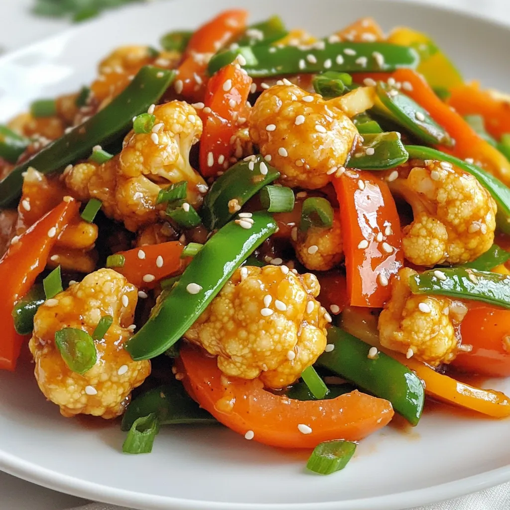 - 1 medium cauliflower, cut into florets - 1 cup bell peppers (red and yellow), sliced - 1 cup snap peas, trimmed - 2 carrots, julienned In this dish, cauliflower serves as the star. It has a nice crunch and absorbs the teriyaki flavor well. I love using both red and yellow bell peppers for a pop of color. Snap peas add sweetness and a nice snap. Carrots bring a hint of earthiness and a touch of sweetness. - 2 cloves garlic, minced - 1 tablespoon fresh ginger, minced - 3 tablespoons teriyaki sauce - 2 tablespoons sesame oil - 1 tablespoon olive oil Garlic and ginger provide a strong base for flavor. They make the kitchen smell amazing as they cook. The teriyaki sauce ties everything together, adding a sweet and savory touch. I use sesame oil for its rich, nutty taste. Olive oil helps cook the veggies and adds extra flavor. - 1 tablespoon sesame seeds (optional for garnish) - 3 green onions, chopped - Salt and pepper to taste Garnishes make your dish look pretty and add texture. I like to sprinkle sesame seeds on top for crunch. Chopped green onions add a fresh bite. Don’t forget to season with salt and pepper to enhance all those great flavors! {{ingredient_image_1}} Start by cutting the cauliflower into small florets. This helps them cook evenly. Aim for pieces about one inch wide. Next, slice the bell peppers into thin strips. You can use red and yellow peppers for color. Then, julienne the carrots into matchstick shapes. This makes them easier to stir-fry and adds a nice crunch. In a large skillet or wok, heat two tablespoons of sesame oil and one tablespoon of olive oil over medium-high heat. Once it’s hot, add two cloves of minced garlic and one tablespoon of minced ginger. Sauté for about 30 seconds until fragrant. Then, add the cauliflower florets. Cook them for four to five minutes. You want them to soften and get a little brown on the edges. Next, stir in one cup of sliced bell peppers, one cup of trimmed snap peas, and the julienned carrots. Keep stir-frying for another five minutes. The veggies should be tender but still crisp. Now it’s time to add three tablespoons of teriyaki sauce. Pour it over the vegetables and stir well to coat them evenly. Cook for an additional two to three minutes to heat the sauce through. Season with salt and pepper to taste. Finally, remove the skillet from the heat and stir in three chopped green onions. Serve hot, and if you like, sprinkle with sesame seeds for a nice touch. To make your Teriyaki Cauliflower Stir Fry shine, choose a great teriyaki sauce. Look for one that has a balanced taste. It should be sweet, salty, and a bit tangy. You can even try making your own! Just mix soy sauce, sugar, and mirin. Perfect sautéing is key. Start with hot oil. I like to use sesame oil for added flavor. Add garlic and ginger first. This brings out their aroma. Stir them for about 30 seconds. Then, add your veggies. Make sure not to overcrowd the pan. This helps to keep your vegetables crisp. Cooking times matter when using different vegetables. Cauliflower takes about 5 minutes to soften. Bell peppers and snap peas only need about 3 to 5 minutes. Carrots, sliced thinly, cook fast too. Watch for signs of doneness. Your veggies should be bright and tender-crisp. If they look dull or mushy, you've cooked them too long. The goal is to keep a nice crunch while making sure they are warm. Pro Tips Use Fresh Vegetables: Fresh, seasonal vegetables will enhance the flavor and nutrition of your stir fry. Customize Your Sauce: Feel free to adjust the amount of teriyaki sauce based on your taste preference or try adding a splash of soy sauce for extra umami. Don’t Overcook: For the best texture, ensure the vegetables remain tender-crisp; they should still have a slight bite. Garnish for Flair: Adding sesame seeds or chopped nuts not only enhances the presentation but also adds a delightful crunch. {{image_2}} You can make your Teriyaki Cauliflower Stir Fry even better by adding protein. Tofu or tempeh works great. - Tofu: Use firm tofu for a nice texture. Cut it into cubes and sauté it with the garlic and ginger. This adds protein and keeps the dish vegan. - Tempeh: Tempeh has a nutty taste. Slice it thin and cook it until crispy. Add it with your veggies for a hearty meal. If you prefer meat, try chicken or shrimp. - Chicken: Cut chicken breast into bite-sized pieces. Cook it first, then add the veggies. This will give you a tasty stir fry. - Shrimp: Use peeled and deveined shrimp. Add them when the veggies are almost done. They cook quickly and add great flavor. Switching up the vegetables can keep your stir fry exciting. - Substitutions: You can use broccoli, zucchini, or even mushrooms. These add different flavors and textures. Feel free to mix and match! - Frozen Vegetables: If you're short on time, frozen veggies are a quick option. They are easy to use and still taste good. Just add them to the skillet and cook until heated through. By using these variations, you can customize your Teriyaki Cauliflower Stir Fry to fit your taste and needs. Enjoy the creativity! To store your Teriyaki Cauliflower Stir Fry, let it cool first. Place it in an airtight container. This keeps it fresh in the fridge for up to three days. When you want to reheat it, use a skillet over medium heat. Add a splash of water or teriyaki sauce to help it heat evenly. Stir frequently to warm it through. You can also use the microwave if you’re in a hurry. Just cover it with a damp paper towel to prevent drying out. Heat in short bursts, stirring in between. To freeze your stir fry, first let it cool completely. Then, portion it into freezer-safe bags or containers. Remove as much air as you can to avoid freezer burn. Label the bags with the date to keep track. It’s best to use it within three months for the best taste. When you’re ready to eat, thaw it in the fridge overnight. To reheat, use a skillet or microwave. Add a little water or sauce to keep the veggies tender. This way, you maintain the great texture and flavor. Teriyaki Cauliflower Stir Fry can last up to four days in the fridge. Store it in an airtight container. This keeps it fresh and tasty. When you want to eat it again, just heat it up. Make sure it gets hot all the way through. Yes, you can make this recipe gluten-free. Look for gluten-free teriyaki sauce at the store. Many brands offer this option now. Just check the label to be sure it is gluten-free. This way, everyone can enjoy the dish without worry. You can serve Teriyaki Cauliflower Stir Fry with a few tasty options. Rice is a great choice. It soaks up the sauce well. You can also use noodles for a fun twist. Both are simple and delicious sides. In this post, we covered how to make Teriyaki Cauliflower Stir Fry. We discussed the main ingredients, flavorful additions, and optional garnishes. You learned step-by-step instructions for preparation and cooking. We also shared tips for enhancing flavor and adjusting cooking times. As you explore variations, consider adding proteins or different veggies. Store your leftovers properly for maximum taste. Enjoy this dish now and later, knowing it’s simple and tasty!