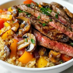 To make Balsamic Mushroom Steak Bowls, you will need the following: - 1 pound flank steak - 2 cups mixed mushrooms (cremini, shiitake, and button), sliced - 1 bell pepper, sliced (red or yellow for sweetness) - 1 medium red onion, sliced - 4 cloves garlic, minced - 1/4 cup balsamic vinegar - 2 tablespoons olive oil - 1 teaspoon dried thyme - Salt and pepper to taste - 2 cups cooked quinoa or rice (for serving) - Fresh parsley, chopped (for garnish) These ingredients come together to make a delicious meal. You can add more flavors with these garnishes: - Extra balsamic glaze for drizzling - Crumbled feta or goat cheese - Sliced green onions for crunch These options elevate the dish and add freshness. If you need to swap ingredients, here are some ideas: - Use skirt steak instead of flank steak for a different cut. - Any mushrooms will work if you can't find the mixed ones. - Swap quinoa or rice with cauliflower rice for a low-carb option. - Use fresh herbs like basil or oregano instead of dried thyme for a fresher taste. These substitutions can fit your taste and what you have on hand. Enjoy making your Balsamic Mushroom Steak Bowls! {{ingredient_image_1}} To start, gather your ingredients. In a bowl, mix the balsamic vinegar, one tablespoon of olive oil, dried thyme, salt, and pepper. Whisk them together until well combined. Next, add the flank steak to the bowl. Make sure it is fully coated in the marinade. Cover the bowl and let the steak sit for at least 30 minutes. For a richer taste, let it marinate for two hours. This step adds a lot of flavor. Now, it’s time to cook the steak. Preheat a grill pan or skillet over medium-high heat. Take the steak out of the marinade and let any excess drip off. Place the steak in the hot pan. Sear the steak for about four to five minutes on each side. You want it medium-rare, but check for your preferred doneness. After cooking, let the steak rest on a cutting board for five to ten minutes. This helps keep it juicy. Once rested, slice the steak against the grain for the best texture. While the steak rests, use the same skillet to cook the veggies. Add the remaining tablespoon of olive oil to the pan. Once hot, add the sliced red onion and bell pepper. Sauté them for about five to seven minutes until tender. Then, add the mixed mushrooms to the pan. Cook until they are soft and caramelized. Stir in the minced garlic last, cooking for one to two minutes. This adds a nice aroma to your dish. Now, your vegetables are ready to join the steak in the bowl! For the best steak, aim for medium-rare. This gives you juicy, tender meat. Sear the flank steak for about 4-5 minutes on each side. Use a meat thermometer if you have one. It should read 130°F for medium-rare. Let it rest for 5-10 minutes. This helps the juices stay inside. To boost flavors, marinate the steak for at least 30 minutes. Letting it sit longer, up to 2 hours, gives better taste. Use balsamic vinegar to add sweetness and tang. Fresh herbs like thyme make a big difference. While cooking, add garlic to the veggies. This adds a rich aroma and flavor. Serve your Balsamic Mushroom Steak Bowls with quinoa or rice. These grains add fiber and make you feel full. You can also add a side salad for more veggies. A simple mix of greens with a light dressing works well. Don't forget fresh parsley on top for color and taste. Pro Tips Marinate for Maximum Flavor: The longer you marinate the flank steak, the more flavorful it will be. Aim for at least 2 hours for the best results. Let the Steak Rest: After cooking, always let the steak rest for 5-10 minutes. This allows the juices to redistribute, ensuring a juicy and tender bite. Use a Hot Skillet: Make sure your skillet or grill pan is well-heated before adding the steak. This helps achieve a nice sear and lock in flavors. Fresh Herbs for Garnish: Fresh parsley not only adds a pop of color but also enhances the dish's flavor. Don't skip this step for a fresh finish! {{image_2}} You can easily make this dish vegetarian. Swap the flank steak for hearty portobello mushrooms. They grill well and add a rich taste. You can also use firm tofu. Just press it to remove water, then marinate it like the steak. This gives the tofu great flavor and texture. While quinoa or rice works great, you can try other grains. Barley adds a nice chewiness. Farro is another good choice. It has a nutty taste and fills you up. If you want a lighter base, use cauliflower rice. It’s low in carbs and very healthy. Feel free to mix in seasonal veggies. In spring, add asparagus or snap peas for crunch. Summer brings zucchini and corn, which taste sweet. In fall, roasted butternut squash or Brussels sprouts makes for a warm, earthy flavor. In winter, root veggies like carrots or beets add color and heartiness. To store leftovers, let the steak bowls cool first. Place them in an airtight container. You can keep them in the fridge for up to three days. Make sure to separate the steak from the quinoa or rice to keep everything fresh. When it's time to eat again, take out your leftovers. You can reheat them in the microwave. Heat for one to two minutes or until warm. If you want, you can also heat them on the stove. Just add a little olive oil to a pan and warm them gently. If you want to save your steak bowls for later, freezing is a great option. Divide the bowls into portions and place them in freezer-safe containers. They can last in the freezer for up to three months. When you're ready to enjoy, thaw them overnight in the fridge before reheating. You can marinate steak for at least 30 minutes. For stronger flavor, go up to 2 hours. The longer you marinate, the more the steak absorbs the balsamic vinegar and spices. Just be careful not to marinate too long, as the acid can make the meat mushy. Yes, you can use other meats. Chicken, pork, or even seafood can work well. Just adjust the cooking times as needed. For example, chicken breasts need about 6-7 minutes per side. Pork will cook faster than steak but still needs careful attention. These bowls pair well with quinoa or rice as the base. You can also add a side of steamed broccoli or a fresh salad. For a twist, try adding avocado or crumbled feta on top. Each option adds unique flavors and textures. In this blog post, we covered everything you need to know about making balsamic mushroom steak bowls. We discussed key ingredients, marinating and cooking techniques, and tips for flavor. You learned how to customize the dish with vegetarian options and grain choices. We also shared how to store and reheat leftovers. Remember, the right ingredients and cooking methods can elevate your meal. Enjoy making this dish your own, and share it with others!