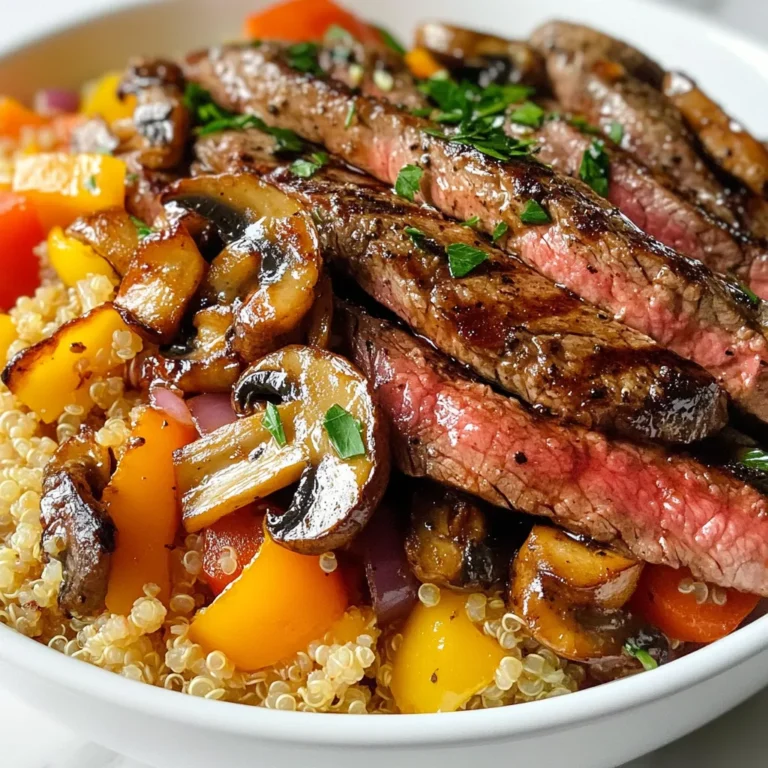 To make Balsamic Mushroom Steak Bowls, you will need the following: - 1 pound flank steak - 2 cups mixed mushrooms (cremini, shiitake, and button), sliced - 1 bell pepper, sliced (red or yellow for sweetness) - 1 medium red onion, sliced - 4 cloves garlic, minced - 1/4 cup balsamic vinegar - 2 tablespoons olive oil - 1 teaspoon dried thyme - Salt and pepper to taste - 2 cups cooked quinoa or rice (for serving) - Fresh parsley, chopped (for garnish) These ingredients come together to make a delicious meal. You can add more flavors with these garnishes: - Extra balsamic glaze for drizzling - Crumbled feta or goat cheese - Sliced green onions for crunch These options elevate the dish and add freshness. If you need to swap ingredients, here are some ideas: - Use skirt steak instead of flank steak for a different cut. - Any mushrooms will work if you can't find the mixed ones. - Swap quinoa or rice with cauliflower rice for a low-carb option. - Use fresh herbs like basil or oregano instead of dried thyme for a fresher taste. These substitutions can fit your taste and what you have on hand. Enjoy making your Balsamic Mushroom Steak Bowls! {{ingredient_image_1}} To start, gather your ingredients. In a bowl, mix the balsamic vinegar, one tablespoon of olive oil, dried thyme, salt, and pepper. Whisk them together until well combined. Next, add the flank steak to the bowl. Make sure it is fully coated in the marinade. Cover the bowl and let the steak sit for at least 30 minutes. For a richer taste, let it marinate for two hours. This step adds a lot of flavor. Now, it’s time to cook the steak. Preheat a grill pan or skillet over medium-high heat. Take the steak out of the marinade and let any excess drip off. Place the steak in the hot pan. Sear the steak for about four to five minutes on each side. You want it medium-rare, but check for your preferred doneness. After cooking, let the steak rest on a cutting board for five to ten minutes. This helps keep it juicy. Once rested, slice the steak against the grain for the best texture. While the steak rests, use the same skillet to cook the veggies. Add the remaining tablespoon of olive oil to the pan. Once hot, add the sliced red onion and bell pepper. Sauté them for about five to seven minutes until tender. Then, add the mixed mushrooms to the pan. Cook until they are soft and caramelized. Stir in the minced garlic last, cooking for one to two minutes. This adds a nice aroma to your dish. Now, your vegetables are ready to join the steak in the bowl! For the best steak, aim for medium-rare. This gives you juicy, tender meat. Sear the flank steak for about 4-5 minutes on each side. Use a meat thermometer if you have one. It should read 130°F for medium-rare. Let it rest for 5-10 minutes. This helps the juices stay inside. To boost flavors, marinate the steak for at least 30 minutes. Letting it sit longer, up to 2 hours, gives better taste. Use balsamic vinegar to add sweetness and tang. Fresh herbs like thyme make a big difference. While cooking, add garlic to the veggies. This adds a rich aroma and flavor. Serve your Balsamic Mushroom Steak Bowls with quinoa or rice. These grains add fiber and make you feel full. You can also add a side salad for more veggies. A simple mix of greens with a light dressing works well. Don't forget fresh parsley on top for color and taste. Pro Tips Marinate for Maximum Flavor: The longer you marinate the flank steak, the more flavorful it will be. Aim for at least 2 hours for the best results. Let the Steak Rest: After cooking, always let the steak rest for 5-10 minutes. This allows the juices to redistribute, ensuring a juicy and tender bite. Use a Hot Skillet: Make sure your skillet or grill pan is well-heated before adding the steak. This helps achieve a nice sear and lock in flavors. Fresh Herbs for Garnish: Fresh parsley not only adds a pop of color but also enhances the dish's flavor. Don't skip this step for a fresh finish! {{image_2}} You can easily make this dish vegetarian. Swap the flank steak for hearty portobello mushrooms. They grill well and add a rich taste. You can also use firm tofu. Just press it to remove water, then marinate it like the steak. This gives the tofu great flavor and texture. While quinoa or rice works great, you can try other grains. Barley adds a nice chewiness. Farro is another good choice. It has a nutty taste and fills you up. If you want a lighter base, use cauliflower rice. It’s low in carbs and very healthy. Feel free to mix in seasonal veggies. In spring, add asparagus or snap peas for crunch. Summer brings zucchini and corn, which taste sweet. In fall, roasted butternut squash or Brussels sprouts makes for a warm, earthy flavor. In winter, root veggies like carrots or beets add color and heartiness. To store leftovers, let the steak bowls cool first. Place them in an airtight container. You can keep them in the fridge for up to three days. Make sure to separate the steak from the quinoa or rice to keep everything fresh. When it's time to eat again, take out your leftovers. You can reheat them in the microwave. Heat for one to two minutes or until warm. If you want, you can also heat them on the stove. Just add a little olive oil to a pan and warm them gently. If you want to save your steak bowls for later, freezing is a great option. Divide the bowls into portions and place them in freezer-safe containers. They can last in the freezer for up to three months. When you're ready to enjoy, thaw them overnight in the fridge before reheating. You can marinate steak for at least 30 minutes. For stronger flavor, go up to 2 hours. The longer you marinate, the more the steak absorbs the balsamic vinegar and spices. Just be careful not to marinate too long, as the acid can make the meat mushy. Yes, you can use other meats. Chicken, pork, or even seafood can work well. Just adjust the cooking times as needed. For example, chicken breasts need about 6-7 minutes per side. Pork will cook faster than steak but still needs careful attention. These bowls pair well with quinoa or rice as the base. You can also add a side of steamed broccoli or a fresh salad. For a twist, try adding avocado or crumbled feta on top. Each option adds unique flavors and textures. In this blog post, we covered everything you need to know about making balsamic mushroom steak bowls. We discussed key ingredients, marinating and cooking techniques, and tips for flavor. You learned how to customize the dish with vegetarian options and grain choices. We also shared how to store and reheat leftovers. Remember, the right ingredients and cooking methods can elevate your meal. Enjoy making this dish your own, and share it with others!