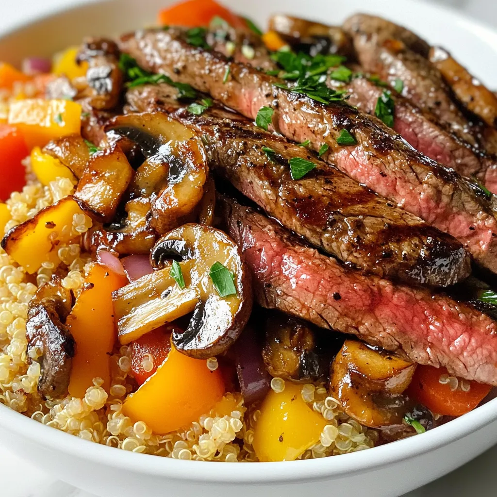 To make Balsamic Mushroom Steak Bowls, you will need the following: - 1 pound flank steak - 2 cups mixed mushrooms (cremini, shiitake, and button), sliced - 1 bell pepper, sliced (red or yellow for sweetness) - 1 medium red onion, sliced - 4 cloves garlic, minced - 1/4 cup balsamic vinegar - 2 tablespoons olive oil - 1 teaspoon dried thyme - Salt and pepper to taste - 2 cups cooked quinoa or rice (for serving) - Fresh parsley, chopped (for garnish) These ingredients come together to make a delicious meal. You can add more flavors with these garnishes: - Extra balsamic glaze for drizzling - Crumbled feta or goat cheese - Sliced green onions for crunch These options elevate the dish and add freshness. If you need to swap ingredients, here are some ideas: - Use skirt steak instead of flank steak for a different cut. - Any mushrooms will work if you can't find the mixed ones. - Swap quinoa or rice with cauliflower rice for a low-carb option. - Use fresh herbs like basil or oregano instead of dried thyme for a fresher taste. These substitutions can fit your taste and what you have on hand. Enjoy making your Balsamic Mushroom Steak Bowls! {{ingredient_image_1}} To start, gather your ingredients. In a bowl, mix the balsamic vinegar, one tablespoon of olive oil, dried thyme, salt, and pepper. Whisk them together until well combined. Next, add the flank steak to the bowl. Make sure it is fully coated in the marinade. Cover the bowl and let the steak sit for at least 30 minutes. For a richer taste, let it marinate for two hours. This step adds a lot of flavor. Now, it’s time to cook the steak. Preheat a grill pan or skillet over medium-high heat. Take the steak out of the marinade and let any excess drip off. Place the steak in the hot pan. Sear the steak for about four to five minutes on each side. You want it medium-rare, but check for your preferred doneness. After cooking, let the steak rest on a cutting board for five to ten minutes. This helps keep it juicy. Once rested, slice the steak against the grain for the best texture. While the steak rests, use the same skillet to cook the veggies. Add the remaining tablespoon of olive oil to the pan. Once hot, add the sliced red onion and bell pepper. Sauté them for about five to seven minutes until tender. Then, add the mixed mushrooms to the pan. Cook until they are soft and caramelized. Stir in the minced garlic last, cooking for one to two minutes. This adds a nice aroma to your dish. Now, your vegetables are ready to join the steak in the bowl! For the best steak, aim for medium-rare. This gives you juicy, tender meat. Sear the flank steak for about 4-5 minutes on each side. Use a meat thermometer if you have one. It should read 130°F for medium-rare. Let it rest for 5-10 minutes. This helps the juices stay inside. To boost flavors, marinate the steak for at least 30 minutes. Letting it sit longer, up to 2 hours, gives better taste. Use balsamic vinegar to add sweetness and tang. Fresh herbs like thyme make a big difference. While cooking, add garlic to the veggies. This adds a rich aroma and flavor. Serve your Balsamic Mushroom Steak Bowls with quinoa or rice. These grains add fiber and make you feel full. You can also add a side salad for more veggies. A simple mix of greens with a light dressing works well. Don't forget fresh parsley on top for color and taste. Pro Tips Marinate for Maximum Flavor: The longer you marinate the flank steak, the more flavorful it will be. Aim for at least 2 hours for the best results. Let the Steak Rest: After cooking, always let the steak rest for 5-10 minutes. This allows the juices to redistribute, ensuring a juicy and tender bite. Use a Hot Skillet: Make sure your skillet or grill pan is well-heated before adding the steak. This helps achieve a nice sear and lock in flavors. Fresh Herbs for Garnish: Fresh parsley not only adds a pop of color but also enhances the dish's flavor. Don't skip this step for a fresh finish! {{image_2}} You can easily make this dish vegetarian. Swap the flank steak for hearty portobello mushrooms. They grill well and add a rich taste. You can also use firm tofu. Just press it to remove water, then marinate it like the steak. This gives the tofu great flavor and texture. While quinoa or rice works great, you can try other grains. Barley adds a nice chewiness. Farro is another good choice. It has a nutty taste and fills you up. If you want a lighter base, use cauliflower rice. It’s low in carbs and very healthy. Feel free to mix in seasonal veggies. In spring, add asparagus or snap peas for crunch. Summer brings zucchini and corn, which taste sweet. In fall, roasted butternut squash or Brussels sprouts makes for a warm, earthy flavor. In winter, root veggies like carrots or beets add color and heartiness. To store leftovers, let the steak bowls cool first. Place them in an airtight container. You can keep them in the fridge for up to three days. Make sure to separate the steak from the quinoa or rice to keep everything fresh. When it's time to eat again, take out your leftovers. You can reheat them in the microwave. Heat for one to two minutes or until warm. If you want, you can also heat them on the stove. Just add a little olive oil to a pan and warm them gently. If you want to save your steak bowls for later, freezing is a great option. Divide the bowls into portions and place them in freezer-safe containers. They can last in the freezer for up to three months. When you're ready to enjoy, thaw them overnight in the fridge before reheating. You can marinate steak for at least 30 minutes. For stronger flavor, go up to 2 hours. The longer you marinate, the more the steak absorbs the balsamic vinegar and spices. Just be careful not to marinate too long, as the acid can make the meat mushy. Yes, you can use other meats. Chicken, pork, or even seafood can work well. Just adjust the cooking times as needed. For example, chicken breasts need about 6-7 minutes per side. Pork will cook faster than steak but still needs careful attention. These bowls pair well with quinoa or rice as the base. You can also add a side of steamed broccoli or a fresh salad. For a twist, try adding avocado or crumbled feta on top. Each option adds unique flavors and textures. In this blog post, we covered everything you need to know about making balsamic mushroom steak bowls. We discussed key ingredients, marinating and cooking techniques, and tips for flavor. You learned how to customize the dish with vegetarian options and grain choices. We also shared how to store and reheat leftovers. Remember, the right ingredients and cooking methods can elevate your meal. Enjoy making this dish your own, and share it with others!