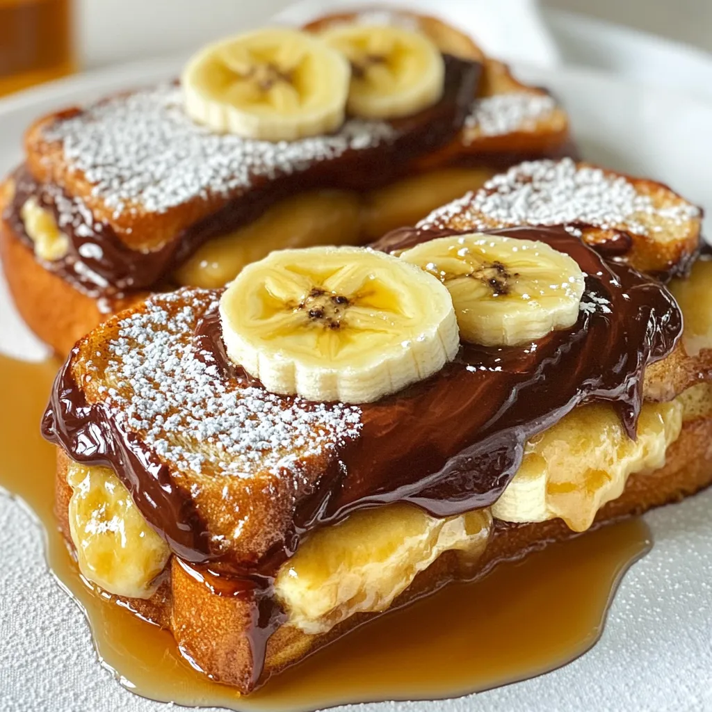 To make this tasty dish, gather these key ingredients: - 4 slices of thick bread (brioche or challah is best) - 2 ripe bananas, sliced - 1/2 cup Nutella - 2 medium eggs - 1/2 cup milk - 1 teaspoon vanilla extract - 1 teaspoon ground cinnamon - 1 tablespoon butter (for cooking) - Powdered sugar (for serving) - Maple syrup (for serving) These ingredients create a rich and creamy filling that pairs well with the warm bread. You can dress up your French toast with some fun toppings. Here are a few ideas: - Fresh berries like strawberries or blueberries - A sprinkle of chopped nuts for crunch - A dollop of whipped cream for extra creaminess - A drizzle of honey or chocolate syrup for added sweetness Feel free to mix and match these toppings based on your taste. Choosing the right bread can make a big difference. I recommend using: - Brioche: This bread is soft and sweet, perfect for French toast. - Challah: Its rich flavor and fluffy texture are also ideal. - Texas toast: This thick bread holds up well to the filling. Each option will give you a delightful bite, so pick your favorite! To start, gather your ingredients. Take two slices of thick bread and spread Nutella on one side of each. Make sure to use enough to get a good flavor. Next, slice the two ripe bananas. Place the banana slices on top of the Nutella. Then, place the other two slices of bread on top to create sandwiches. This filling is what makes the French toast special. Now, grab a mixing bowl. Add two medium eggs to the bowl. Pour in half a cup of milk for creaminess. Add one teaspoon of vanilla extract for flavor. Then, sprinkle in one teaspoon of ground cinnamon. Whisk everything together until it’s smooth. This mixture will coat the sandwiches and help them cook perfectly. Heat a non-stick skillet over medium heat. Add one tablespoon of butter and let it melt. Once melted, dip each sandwich into the egg mixture. Make sure both sides get coated but don't soak them too long. Place the sandwiches in the skillet. Cook each side for about 3-4 minutes, until they turn golden brown. If they cook too fast, lower the heat. After cooking, let them cool for a moment. Slice each sandwich in half. Serve warm with powdered sugar and maple syrup on top for extra sweetness. To get the best toast, use thick bread. Brioche or challah works great. Heat your skillet on medium heat. Add butter and let it melt. Dip the stuffed bread lightly in the egg mix. Avoid soaking it too long. This keeps your toast from getting soggy. Cook each side for 3-4 minutes. Look for a golden brown color. If it cooks too fast, lower the heat. You can prepare the filling earlier. Spread Nutella on the bread and add bananas. Cover them with plastic wrap and store in the fridge. This saves time when you want to cook. You can also whisk the egg mix in advance. Store it in the fridge until ready. When you're set to cook, just dip and fry. This method cuts your cooking time in half. For a lovely presentation, slice the French toast in half. Stack them on a plate. Dust with powdered sugar for a sweet touch. Drizzle warm maple syrup over the top. You can add extra banana slices beside the toast. Fresh berries also make a nice pop of color. Get creative with your plating. A beautiful dish makes every bite more enjoyable! {{image_2}} You can swap Nutella for other spreads. Try peanut butter for a nutty taste. Almond butter brings a light flavor too. For a fruity twist, use strawberry or raspberry jam. Each option pairs well with bananas. You can mix and match different toppings to find your favorite. Bananas are great, but you can add more fruits. Sliced strawberries add sweetness and a pop of color. Blueberries provide a nice tartness that complements the chocolate. If you love tropical flavors, add some pineapple. These fruits can be layered inside or served on top. They add freshness to each bite. Want to switch it up? Try a savory stuffed French toast. Use cream cheese and spinach for a rich taste. You could also add cooked bacon for a salty kick. Try using pesto with mozzarella for a unique flavor. These savory options will give a new spin to your breakfast. To keep your Banana Nutella stuffed French toast fresh, store it in an airtight container. Let it cool to room temperature first. Place a piece of wax paper or parchment between layers to prevent sticking. This method keeps the toast soft and tasty for a few days in the fridge. To reheat, use a skillet over low heat. This warms the toast evenly and keeps it crispy. You can also use the oven. Preheat it to 350°F (175°C) and bake for about 10-15 minutes. Both methods help restore the yummy flavors without making it soggy. You can freeze this French toast for up to one month. Wrap each piece tightly in plastic wrap, then place them in a freezer-safe bag. When you’re ready to eat, thaw them in the fridge overnight. Then, reheat using one of the methods mentioned above for a quick treat! Yes, you can use many types of bread. I like brioche or challah for their softness. These breads hold the filling well. You may also use whole grain or sourdough. Each bread adds a unique flavor. Just make sure the slices are thick enough. Thin bread may tear when cooking. If you want a change from Nutella, try almond butter or peanut butter. Both give a nutty taste. You can use chocolate spread too, if you like. For a healthier option, try a fruit spread. These alternatives keep the dish delicious and fun. Choose what fits your taste best. To make this dish gluten-free, use gluten-free bread. Many stores sell great options now. Check the label to ensure it meets your needs. The other ingredients are already gluten-free. Just follow the same steps to cook. Enjoy your tasty treat without worry! Banana Nutella stuffed French toast is a fun and tasty dish. We covered the main ingredients, the steps to prepare it, and tips for perfect results. You can try different breads and toppings for variety. Don’t forget to explore some tasty variations and storage tips. This dish is easy to make and perfect for any meal. With the right ingredients and some creativity, your French toast can wow anyone. Enjoy your cooking and happy eating!