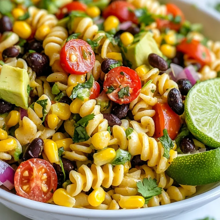 To make Zesty Southwest Pasta Salad, gather these fresh and colorful ingredients: - 8 ounces rotini pasta - 1 cup black beans, rinsed and drained - 1 cup corn (canned or frozen) - 1 red bell pepper, diced - 1 green bell pepper, diced - 1/2 cup cherry tomatoes, halved - 1/4 cup red onion, finely chopped - 1 avocado, diced - 1/4 cup fresh cilantro, chopped - 1/4 cup olive oil - 2 tablespoons lime juice - 1 teaspoon chili powder - 1 teaspoon cumin - Salt and pepper to taste These ingredients create a bright and tasty salad. Each one adds flavor and nutrition. You can swap some ingredients if needed. Here are a few ideas: - Use penne or fusilli pasta instead of rotini. - Replace black beans with kidney beans or chickpeas. - Try fresh corn if you have it. - You can use yellow bell pepper for a sweeter taste. - Red onion can be swapped for green onions or shallots. - If you don’t have cilantro, parsley works too. These substitutes keep the spirit of the dish while offering variety. When picking out ingredients, freshness matters. Here are some tips to ensure quality: - Select pasta that is firm and free from damage. - Choose black beans that are shiny and firm. - Look for corn that smells sweet and has bright kernels. - Pick bell peppers with smooth skin and no soft spots. - For tomatoes, choose ones that are ripe but not squishy. - Avocados should yield slightly when you press them gently. - Fresh cilantro should smell strong and have vibrant green leaves. Using fresh ingredients makes your salad taste even better. Enjoy the colors, textures, and flavors of your Zesty Southwest Pasta Salad! {{ingredient_image_1}} Start by boiling water in a large pot. Add salt to the water for flavor. Once the water is boiling, add 8 ounces of rotini pasta. Cook it according to the package instructions, usually about 8 to 10 minutes. Stir the pasta occasionally to prevent it from sticking. When the pasta is tender, drain it in a colander. Rinse the pasta under cold water to stop the cooking. This helps keep it firm and fresh. In a big mixing bowl, combine the cooled pasta with the following ingredients: - 1 cup black beans, rinsed and drained - 1 cup corn (canned or frozen) - 1 diced red bell pepper - 1 diced green bell pepper - 1/2 cup cherry tomatoes, halved - 1/4 cup finely chopped red onion - 1/4 cup fresh cilantro, chopped Gently mix all these ingredients together. Make sure they are evenly distributed throughout the pasta. The colors should pop, making your salad look vibrant and fresh. In a small bowl, you will make the dressing. Whisk together: - 1/4 cup olive oil - 2 tablespoons lime juice - 1 teaspoon chili powder - 1 teaspoon cumin - Salt and pepper to taste Mix until everything is well combined. This dressing adds a zesty kick to your salad. Taste it and adjust the seasoning if needed. Pour the dressing over the pasta salad. Gently toss everything together until all ingredients are coated. Next, fold in the diced avocado carefully. You want to keep the avocado pieces intact. Once combined, taste the salad one last time for seasoning. Chill the salad in the refrigerator for at least 30 minutes. This helps the flavors mix well. When ready to serve, you can garnish with more cilantro and lime wedges for added flair. Enjoy your colorful, fresh Zesty Southwest Pasta Salad! To get the best flavor in your Zesty Southwest Pasta Salad, use fresh ingredients. Fresh herbs like cilantro add a bright taste. Make sure to taste as you mix. Adjust the lime juice and spices to your liking. I like to chill the salad for at least 30 minutes. This lets the flavors blend well. If you want more heat, add extra chili powder. For a smoky touch, try smoked paprika. You don’t need many tools to make this salad. Here are some I recommend: - Large pot for boiling pasta - Colander for draining pasta - Large mixing bowl for the salad - Small bowl for the dressing - Whisk for mixing the dressing - Sharp knife for chopping veggies - Cutting board for safe chopping These tools make the process smooth and fun. Serve your salad in a big bowl. It looks great when you add extra cilantro on top. Lime wedges on the side give a fresh touch. This salad pairs well with grilled chicken or fish. You can also serve it as a main dish for lunch. Another idea is to pack it for a picnic. It stays yummy even when cold. Enjoy the bright colors and flavors! Pro Tips Use Fresh Ingredients: For the best flavor, opt for fresh vegetables and ripe avocado. This enhances the overall taste and presentation of your pasta salad. Customize the Spice Level: Adjust the amount of chili powder based on your spice preference. You can also add diced jalapeños for an extra kick. Make Ahead of Time: This salad tastes even better when made a day in advance. It allows the flavors to meld beautifully, making it perfect for meal prep or gatherings. Experiment with Dressings: Feel free to try different dressings, such as a yogurt-based dressing or a vinaigrette, to give the salad your own twist. {{image_2}} You can boost the protein in your Zesty Southwest Pasta Salad easily. Try adding cooked chicken, shrimp, or turkey for a tasty twist. These meats mix well with the salad's flavors. If you want a plant-based option, add chickpeas or tofu. They soak up the dressing well and add nice texture. You can even toss in some nuts or seeds for a crunchy surprise. Just make sure to adjust the seasoning a bit to match the added ingredients. Making this pasta salad vegan is simple and fun. Start by replacing the olive oil with a vegan-friendly option. You can use avocado oil or any other vegetable oil you like. Skip the avocado if you're worried about browning. Instead, toss in some extra veggies like diced cucumber or radishes for creaminess. For added flavor, sprinkle in some nutritional yeast. It gives a cheesy taste without using dairy. This way, everyone can enjoy a bowl of this fresh dish. If you need a gluten-free version, that’s easy too. Look for gluten-free rotini pasta made from rice, corn, or quinoa. Cook it just like regular pasta. Keep an eye on the cooking time, as gluten-free pasta can cook faster. You can also try spiralized veggies like zucchini or carrots as a fun and fresh base. These options keep the salad light and flavorful. No matter what you choose, your Zesty Southwest Pasta Salad will still be a hit! After enjoying your Zesty Southwest Pasta Salad, you can save leftovers. Place the salad in an airtight container. Make sure to seal it well. Store it in the fridge for up to three days. If you think you won’t eat it soon, consider freezing it. However, the avocado may change texture when frozen. Meal prep makes this dish easy for busy days. Cook the rotini pasta ahead and cool it. Chop the veggies and store them in separate containers. You can mix the dressing in advance too. When you are ready to eat, combine all ingredients. This method keeps everything fresh and tasty. If you have leftovers, you can eat them cold. But if you prefer warmth, gently heat just the pasta. Avoid heating the veggies or avocado. They taste best cold or at room temperature. If the salad seems dry after storing, add a splash of olive oil or lime juice before serving. This will bring back the zesty flavor! You can store Zesty Southwest Pasta Salad in the fridge for up to five days. Make sure to keep it in an airtight container. The flavors will stay fresh, and the salad will taste great! Yes! This salad is perfect for making ahead. Prepare it a day in advance for the best taste. Chilling allows the flavors to mix well. Just remember to add the avocado right before serving to keep it fresh. If you do not have lime juice, use lemon juice instead. Lemon juice gives a nice tang that works well. You can also use vinegar, like apple cider vinegar, for a different flavor. Absolutely! This pasta salad is great for potlucks. It’s easy to make and serves many people. Plus, it tastes wonderful cold or at room temperature. Just remember to bring a large spoon for serving! This blog post covered how to make a great Zesty Southwest Pasta Salad. We explored the ingredients, including substitutes and tips for freshness. I provided step-by-step instructions to cook the pasta and mix the salad. We discussed ways to enhance flavor and serve it well. You learned about variations for protein, vegan options, and gluten-free pasta. Lastly, I shared storage tips to keep leftovers fresh. Enjoy crafting your salad and make it your own!