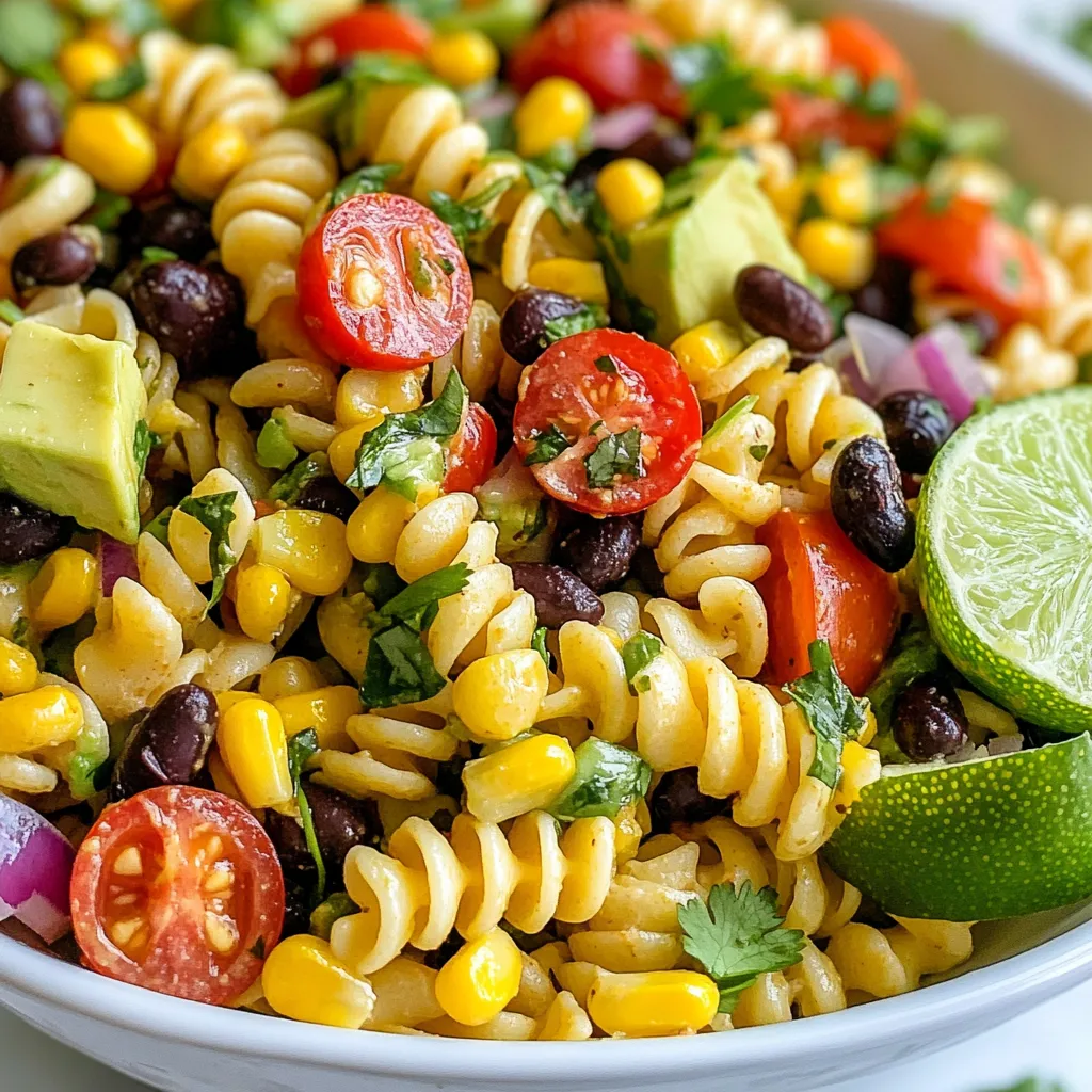 To make Zesty Southwest Pasta Salad, gather these fresh and colorful ingredients: - 8 ounces rotini pasta - 1 cup black beans, rinsed and drained - 1 cup corn (canned or frozen) - 1 red bell pepper, diced - 1 green bell pepper, diced - 1/2 cup cherry tomatoes, halved - 1/4 cup red onion, finely chopped - 1 avocado, diced - 1/4 cup fresh cilantro, chopped - 1/4 cup olive oil - 2 tablespoons lime juice - 1 teaspoon chili powder - 1 teaspoon cumin - Salt and pepper to taste These ingredients create a bright and tasty salad. Each one adds flavor and nutrition. You can swap some ingredients if needed. Here are a few ideas: - Use penne or fusilli pasta instead of rotini. - Replace black beans with kidney beans or chickpeas. - Try fresh corn if you have it. - You can use yellow bell pepper for a sweeter taste. - Red onion can be swapped for green onions or shallots. - If you don’t have cilantro, parsley works too. These substitutes keep the spirit of the dish while offering variety. When picking out ingredients, freshness matters. Here are some tips to ensure quality: - Select pasta that is firm and free from damage. - Choose black beans that are shiny and firm. - Look for corn that smells sweet and has bright kernels. - Pick bell peppers with smooth skin and no soft spots. - For tomatoes, choose ones that are ripe but not squishy. - Avocados should yield slightly when you press them gently. - Fresh cilantro should smell strong and have vibrant green leaves. Using fresh ingredients makes your salad taste even better. Enjoy the colors, textures, and flavors of your Zesty Southwest Pasta Salad! {{ingredient_image_1}} Start by boiling water in a large pot. Add salt to the water for flavor. Once the water is boiling, add 8 ounces of rotini pasta. Cook it according to the package instructions, usually about 8 to 10 minutes. Stir the pasta occasionally to prevent it from sticking. When the pasta is tender, drain it in a colander. Rinse the pasta under cold water to stop the cooking. This helps keep it firm and fresh. In a big mixing bowl, combine the cooled pasta with the following ingredients: - 1 cup black beans, rinsed and drained - 1 cup corn (canned or frozen) - 1 diced red bell pepper - 1 diced green bell pepper - 1/2 cup cherry tomatoes, halved - 1/4 cup finely chopped red onion - 1/4 cup fresh cilantro, chopped Gently mix all these ingredients together. Make sure they are evenly distributed throughout the pasta. The colors should pop, making your salad look vibrant and fresh. In a small bowl, you will make the dressing. Whisk together: - 1/4 cup olive oil - 2 tablespoons lime juice - 1 teaspoon chili powder - 1 teaspoon cumin - Salt and pepper to taste Mix until everything is well combined. This dressing adds a zesty kick to your salad. Taste it and adjust the seasoning if needed. Pour the dressing over the pasta salad. Gently toss everything together until all ingredients are coated. Next, fold in the diced avocado carefully. You want to keep the avocado pieces intact. Once combined, taste the salad one last time for seasoning. Chill the salad in the refrigerator for at least 30 minutes. This helps the flavors mix well. When ready to serve, you can garnish with more cilantro and lime wedges for added flair. Enjoy your colorful, fresh Zesty Southwest Pasta Salad! To get the best flavor in your Zesty Southwest Pasta Salad, use fresh ingredients. Fresh herbs like cilantro add a bright taste. Make sure to taste as you mix. Adjust the lime juice and spices to your liking. I like to chill the salad for at least 30 minutes. This lets the flavors blend well. If you want more heat, add extra chili powder. For a smoky touch, try smoked paprika. You don’t need many tools to make this salad. Here are some I recommend: - Large pot for boiling pasta - Colander for draining pasta - Large mixing bowl for the salad - Small bowl for the dressing - Whisk for mixing the dressing - Sharp knife for chopping veggies - Cutting board for safe chopping These tools make the process smooth and fun. Serve your salad in a big bowl. It looks great when you add extra cilantro on top. Lime wedges on the side give a fresh touch. This salad pairs well with grilled chicken or fish. You can also serve it as a main dish for lunch. Another idea is to pack it for a picnic. It stays yummy even when cold. Enjoy the bright colors and flavors! Pro Tips Use Fresh Ingredients: For the best flavor, opt for fresh vegetables and ripe avocado. This enhances the overall taste and presentation of your pasta salad. Customize the Spice Level: Adjust the amount of chili powder based on your spice preference. You can also add diced jalapeños for an extra kick. Make Ahead of Time: This salad tastes even better when made a day in advance. It allows the flavors to meld beautifully, making it perfect for meal prep or gatherings. Experiment with Dressings: Feel free to try different dressings, such as a yogurt-based dressing or a vinaigrette, to give the salad your own twist. {{image_2}} You can boost the protein in your Zesty Southwest Pasta Salad easily. Try adding cooked chicken, shrimp, or turkey for a tasty twist. These meats mix well with the salad's flavors. If you want a plant-based option, add chickpeas or tofu. They soak up the dressing well and add nice texture. You can even toss in some nuts or seeds for a crunchy surprise. Just make sure to adjust the seasoning a bit to match the added ingredients. Making this pasta salad vegan is simple and fun. Start by replacing the olive oil with a vegan-friendly option. You can use avocado oil or any other vegetable oil you like. Skip the avocado if you're worried about browning. Instead, toss in some extra veggies like diced cucumber or radishes for creaminess. For added flavor, sprinkle in some nutritional yeast. It gives a cheesy taste without using dairy. This way, everyone can enjoy a bowl of this fresh dish. If you need a gluten-free version, that’s easy too. Look for gluten-free rotini pasta made from rice, corn, or quinoa. Cook it just like regular pasta. Keep an eye on the cooking time, as gluten-free pasta can cook faster. You can also try spiralized veggies like zucchini or carrots as a fun and fresh base. These options keep the salad light and flavorful. No matter what you choose, your Zesty Southwest Pasta Salad will still be a hit! After enjoying your Zesty Southwest Pasta Salad, you can save leftovers. Place the salad in an airtight container. Make sure to seal it well. Store it in the fridge for up to three days. If you think you won’t eat it soon, consider freezing it. However, the avocado may change texture when frozen. Meal prep makes this dish easy for busy days. Cook the rotini pasta ahead and cool it. Chop the veggies and store them in separate containers. You can mix the dressing in advance too. When you are ready to eat, combine all ingredients. This method keeps everything fresh and tasty. If you have leftovers, you can eat them cold. But if you prefer warmth, gently heat just the pasta. Avoid heating the veggies or avocado. They taste best cold or at room temperature. If the salad seems dry after storing, add a splash of olive oil or lime juice before serving. This will bring back the zesty flavor! You can store Zesty Southwest Pasta Salad in the fridge for up to five days. Make sure to keep it in an airtight container. The flavors will stay fresh, and the salad will taste great! Yes! This salad is perfect for making ahead. Prepare it a day in advance for the best taste. Chilling allows the flavors to mix well. Just remember to add the avocado right before serving to keep it fresh. If you do not have lime juice, use lemon juice instead. Lemon juice gives a nice tang that works well. You can also use vinegar, like apple cider vinegar, for a different flavor. Absolutely! This pasta salad is great for potlucks. It’s easy to make and serves many people. Plus, it tastes wonderful cold or at room temperature. Just remember to bring a large spoon for serving! This blog post covered how to make a great Zesty Southwest Pasta Salad. We explored the ingredients, including substitutes and tips for freshness. I provided step-by-step instructions to cook the pasta and mix the salad. We discussed ways to enhance flavor and serve it well. You learned about variations for protein, vegan options, and gluten-free pasta. Lastly, I shared storage tips to keep leftovers fresh. Enjoy crafting your salad and make it your own!