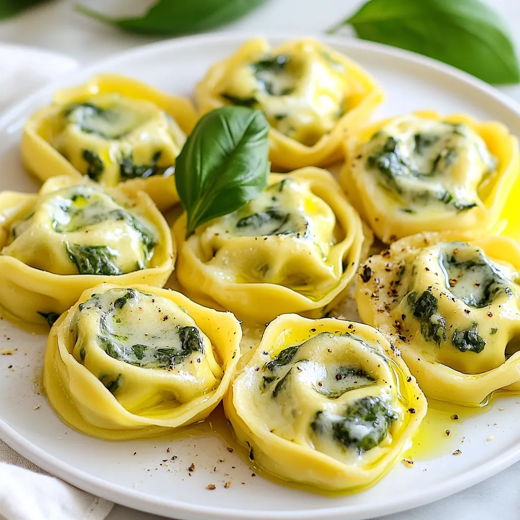To make delicious creamy spinach stuffed tortellini, you need a set of tasty ingredients. Here’s what to gather: - 12 ounces cheese tortellini (fresh or frozen) - 2 cups fresh spinach, chopped - 1 cup ricotta cheese - 1/2 cup grated Parmesan cheese - 1 cup cream cheese, softened - 1 teaspoon garlic powder - Salt and pepper to taste - 1 tablespoon olive oil - 1/2 teaspoon crushed red pepper flakes (optional) - Fresh basil leaves for garnish Each ingredient plays a key role in building flavor. Cheese tortellini serves as the tasty base. Fresh spinach adds color and nutrition. Ricotta and cream cheese create the creamy filling. Parmesan gives a nice salty touch. Garlic powder helps enhance the overall taste. Olive oil is great for cooking. The spices add depth to the dish. Feel free to adjust the seasonings to match your taste. You can add more spices for a bolder flavor. Don't forget the optional crushed red pepper flakes if you like a bit of heat! {{ingredient_image_1}} Start by boiling a large pot of salted water. The salt adds flavor to the pasta. Once the water is boiling, add 12 ounces of cheese tortellini. Follow the package instructions for cooking time, usually around 3 to 5 minutes. You want the tortellini to be al dente. This means they should be firm but not hard when you bite into them. Drain the tortellini and set them aside. In a mixing bowl, combine 2 cups of chopped spinach, 1 cup of ricotta cheese, and 1/2 cup of grated Parmesan cheese. Add 1 cup of softened cream cheese for creaminess. Sprinkle in 1 teaspoon of garlic powder, and season with salt and pepper. Optionally, add 1/2 teaspoon of crushed red pepper flakes for a kick. Mix everything until it’s creamy and well-combined. The filling should be smooth but thick enough to stay inside the tortellini. To stuff the tortellini, open each piece carefully. Use your fingers to pinch the edges, creating a pocket. Spoon about a teaspoon of the creamy spinach mixture into the center of each tortellini. Make sure not to overfill them. Gently press the edges to seal. This keeps the filling from leaking out when you cook them. Heat 1 tablespoon of olive oil in a large skillet over medium heat. Once the oil is hot, add the stuffed tortellini in a single layer. Cook them for about 3 to 4 minutes. Flip them gently to brown both sides. You want them heated through and slightly golden on the outside. This adds a nice texture. When the tortellini are done, transfer them to a serving platter. Drizzle a bit of olive oil over the top for extra flavor. Garnish with fresh basil leaves for color and aroma. This dish pairs well with a light salad or some crusty bread. Enjoy your creamy spinach stuffed tortellini! To make the best tortellini, avoid overcooking. If you cook them too long, they become mushy. Follow the package instructions closely. Fresh tortellini cooks faster than frozen. If using frozen, check the cooking time. Always taste a piece to see if it's al dente, which means it has a slight bite. Feel free to add spices and herbs to enhance taste. Fresh basil or oregano adds great flavor. You can also try adding lemon zest for a fresh twist. Customizing the filling is fun! Consider adding sautéed mushrooms or sun-dried tomatoes. These changes can make your dish unique and special. Prepping in advance saves time. You can make the filling a day before. Store it in the fridge until you are ready to stuff the tortellini. If you’re short on time, use store-bought tortellini. They offer great taste and save you from making them from scratch. This way, you can enjoy your dish in no time! Pro Tips Use Fresh Spinach: Fresh spinach adds a vibrant flavor and texture to the filling. If you can, opt for organic spinach for the best taste. Customize the Cheese: Feel free to mix in other cheeses like feta or mozzarella for added flavor. Each cheese brings a unique twist to the dish. Don’t Overcook Tortellini: Ensure the tortellini is cooked just until al dente to maintain its shape and texture when stuffed and sautéed. Garnish for Presentation: Adding fresh basil not only enhances the flavor but also elevates the dish's presentation. A little sprinkle of extra Parmesan on top can also be a nice touch. {{image_2}} You can get creative with the filling of your tortellini. Try using different cheeses like feta or goat cheese. You can also add mushrooms or roasted red peppers for extra flavor. Another idea is to mix in artichokes or sun-dried tomatoes. They add a nice tang and depth. You can even skip the cheese and use a mix of beans for protein. Adding different vegetables works well too. Think about using zucchini, kale, or butternut squash. They blend nicely with spinach and keep the dish fresh. When it comes to sauces, marinara is a classic choice. It adds a nice tomato flavor that pairs well with the creaminess of the filling. You might also enjoy a light garlic butter sauce. Just melt butter with minced garlic and a sprinkle of parsley. If you're feeling adventurous, whip up a homemade alfredo sauce. Just mix cream, butter, and parmesan for a rich topping. This sauce complements the spinach and cheese well. Make this dish fun for kids by adding their favorite flavors. Try stuffing the tortellini with mild cheese and a bit of chicken. This keeps it simple and tasty. You can also cut back on the spice. If your kids don't like heat, skip the red pepper flakes. Instead, add a pinch of sweet paprika for color without the kick. Keep the presentation fun too. Serve the tortellini with a sprinkle of cheese on top or colorful veggies on the side. This makes the meal more inviting and enjoyable for everyone. To store your creamy spinach stuffed tortellini, place leftovers in an airtight container. This keeps them fresh and prevents drying out. Use parchment paper between layers if stacking. Store them in the fridge for up to three days. When ready to eat, just reheat them in a skillet or microwave. Make sure they are heated through before serving. You can freeze stuffed tortellini for later meals. First, arrange them in a single layer on a baking sheet. Freeze them for about an hour until solid. After freezing, transfer them to a freezer-safe bag. This helps to save space and prevents sticking. They can last up to three months in the freezer. When it's time to enjoy your tortellini, thaw them overnight in the fridge. To reheat, simmer in a pot of water for a few minutes or heat in a skillet with a splash of olive oil. This keeps them tender and delicious. Yes, you can! Tortellini comes in many flavors. You can try spinach, mushroom, or even butternut squash tortellini for a twist. Each type adds a unique taste. For a fun mix, use a combination of flavors. Your creamy spinach filling will blend well with any option. To store leftovers, place them in an airtight container. Cool them to room temperature first. Refrigerate for up to three days. If you want to keep them longer, freeze them. Use a freezer-safe bag and remove excess air. They can last for up to three months in the freezer. Absolutely! For a dairy-free option, use cashew cheese or almond cream. For a lower-fat choice, use low-fat ricotta or cream cheese. These substitutes still taste great with your spinach filling. Experiment with different cheeses to find your favorite combination. This blog post shares all you need to know about making stuffed tortellini. We covered the key ingredients, cooking steps, and tips for perfect results. You learned how to customize flavors and create variations. Now, you can store leftovers properly and even try different types of tortellini. Making stuffed tortellini is fun and gives you delicious meals. Enjoy being creative in your kitchen!