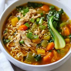 - 2 boneless, skinless chicken breasts - 4 cups chicken broth - 3 tablespoons teriyaki sauce - 1 tablespoon soy sauce - 2 teaspoons fresh ginger, grated - 2 cloves garlic, minced - 1 onion, sliced - 2 cups mixed vegetables (carrots, bok choy, bell peppers) - 150g rice noodles - 2 green onions, sliced (for garnish) - Sesame seeds (for garnish) - Salt and pepper to taste You can change a few items if you want. For a vegetarian version, use tofu. Instead of rice noodles, go with udon or egg noodles. You can also swap mixed veggies for what you have. Try peas, corn, or snap peas. If you prefer more heat, add chili flakes or fresh peppers. I like using Kikkoman teriyaki sauce. It has a well-balanced flavor and is easy to find. Another great option is Soy Vey, which has a nice sweetness. Choose a brand that you enjoy for best results. {{ingredient_image_1}} First, heat a tablespoon of oil in a pot over medium heat. Add the sliced onion and cook until it turns soft, about 3-4 minutes. Next, season the chicken breasts with salt and pepper. Place them in the pot and brown each side, around 4-5 minutes. When the chicken gets a nice color, add the minced garlic and grated ginger. Sauté them for one minute until you smell the lovely aroma. Pour in the chicken broth, teriyaki sauce, and soy sauce. Bring this mixture to a boil. Once it bubbles, turn the heat down and let it simmer for about 15 minutes. This simmering time ensures the chicken cooks through. After 15 minutes, take the chicken out of the pot. Use two forks to shred it into bite-sized pieces. Return the shredded chicken back into the pot. Now it’s time to add the fun part! Toss in the mixed vegetables and simmer for an extra 5 minutes. This keeps the veggies bright and crunchy. Taste the soup and adjust the seasoning with more salt, pepper, or teriyaki sauce if you like. To serve, place cooked rice noodles in bowls and ladle the hot soup over them. Finish with sliced green onions and a sprinkle of sesame seeds for a touch of flair. Enjoy your colorful and tasty teriyaki chicken noodle soup! To get the best shredded chicken, start with fresh, high-quality meat. Cook the chicken until it is just done. This keeps it moist and tender. After cooking, let it rest for a few minutes. This helps it stay juicy. Use two forks to shred it gently. Shredding when it is warm makes it easier. For perfect rice noodles, follow the package directions. Don’t overcook them. They should be al dente, or slightly firm. Rinse them in cold water after cooking. This stops the cooking process and keeps them from sticking. Add them to the soup right before serving to keep them fresh. Fresh herbs and veggies boost the taste of your soup. Use fresh ginger and garlic for a strong flavor. Choose bright, colorful vegetables for a healthy twist. Green onions and sesame seeds add a nice crunch and visual appeal. A squeeze of lime adds zest and brightens the dish. These small touches make a big difference in taste. Pro Tips Use Fresh Ingredients: Fresh vegetables and high-quality chicken will enhance the flavor and nutrition of your soup. Customize Your Veggies: Feel free to swap in your favorite vegetables or whatever you have on hand for a personal touch. Adjust the Broth: If you prefer a stronger flavor, let the soup simmer longer or add more teriyaki sauce to taste. Serve Immediately: Enjoy the soup hot for the best taste and texture, especially right after cooking. {{image_2}} You can make a tasty vegetarian version of this soup. Just swap the chicken for tofu. Use firm tofu for the best texture. Cut it into cubes and sauté until golden. Add the tofu at the same time as the mixed vegetables. You can still use the same broth and sauces. This option keeps the soup rich and flavorful. For a gluten-free soup, choose gluten-free soy sauce. Many brands offer this option. You can also check the teriyaki sauce. Make sure it is gluten-free. Use rice noodles, as they are naturally gluten-free. This way, you get a comforting bowl without gluten. If you like heat, spice up your soup! Add sliced fresh chili peppers or a dash of chili sauce. You can also sprinkle in some red pepper flakes while cooking. This gives the soup an exciting kick. Adjust the spice level to fit your taste. Enjoy a warm bowl with a spicy twist! After you finish your teriyaki chicken noodle soup, let it cool. Pour leftovers into an airtight container. This helps keep it fresh. You can store it in the fridge for up to three days. If you want to keep it longer, freezing is a good option. To reheat, pour the soup into a pot. Heat over medium heat until warm. Stir it occasionally to help it heat evenly. You can also use the microwave. Just put the soup in a microwave-safe bowl and heat it for 2-3 minutes. Stir halfway through to ensure it heats well. If you want to freeze the soup, do it right after cooking. Make sure it has cooled. Pour it into freezer-safe bags or containers. Leave some space at the top, as the soup will expand. It can stay frozen for up to three months. When you want to eat it, thaw it in the fridge overnight and reheat. Yes, you can use different noodles. Rice noodles work well. You can also try egg noodles or udon. Each type gives a unique taste and texture. Just follow the package directions for cooking. To spice up your soup, add red pepper flakes. You can also use sriracha sauce or fresh chili. Start with a small amount. Taste and add more if you like it hotter. If you need a substitute, use vegetable broth. You can also use water with added seasoning. This keeps the flavor balanced. Just make sure to adjust your salt. You can store the soup in the fridge for up to 3 days. Keep it in an airtight container. Reheat before serving. The flavors will meld even more! Yes, teriyaki chicken noodle soup can be healthy. It has lean protein from chicken and vitamins from vegetables. You control the salt with your sauces. Make it even healthier by adding more veggies! This blog post covered all you need for teriyaki chicken noodle soup. We discussed key ingredients, helped you prepare delicious chicken, and shared tips for perfect noodles. We explored variations like vegetarian and gluten-free options too. Now you know how to store and reheat leftovers with ease. Enjoy crafting this meal and feel free to make it your own! This recipe is both fun and simple, so dive in and start cooking.