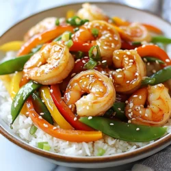 - 1 lb large shrimp, peeled and deveined - 2 cups mixed bell peppers (red, green, yellow), sliced - 1 cup snap peas, trimmed - 1 medium carrot, julienned - 3 green onions, chopped - 3 cloves garlic, minced - 1 tablespoon ginger, minced - 1/4 cup low-sodium soy sauce - 1/4 cup honey or agave syrup - 1 tablespoon sesame oil - 1 tablespoon cornstarch mixed with 2 tablespoons water (slurry) - 2 tablespoons sesame seeds, for garnish - Cooked jasmine rice or quinoa, for serving You can swap honey for agave syrup if you want a vegan option. If you need a soy-free option, try coconut aminos instead of soy sauce. For veggies, feel free to use broccoli or zucchini if you can’t find bell peppers. When choosing shrimp, look for a firm feel and a shiny look. Fresh shrimp should smell like the sea, not fishy. For veggies, go for bright colors and a crisp texture. Avoid any that have brown spots or soft spots. Fresh ingredients make your Teriyaki shrimp stir fry shine. {{ingredient_image_1}} Start by heating the sesame oil in a large skillet or wok over medium-high heat. Once hot, add the minced garlic and ginger. Sauté them for about 30 seconds until you smell their great aroma. Next, raise the heat to high and toss in the shrimp. Cook the shrimp for 2 to 3 minutes until they turn pink. This shows they are almost done. Remove the shrimp from the pan and set them aside. In the same skillet, add your sliced bell peppers, snap peas, and julienned carrot. Stir-fry these vegetables for about 4 to 5 minutes. You want them tender but still crunchy. While the veggies cook, mix the soy sauce and honey in a small bowl. Pour this sweet sauce over the vegetables in the skillet. Now, return the shrimp to the skillet and stir everything together. To thicken the sauce, slowly add the cornstarch slurry. Keep stirring for another 2 to 3 minutes until the sauce coats the shrimp and veggies nicely. Finally, mix in the chopped green onions and take the skillet off the heat. Serve this colorful dish over jasmine rice or quinoa, and sprinkle sesame seeds on top for a nice finish. You can use either a skillet or a wok for this dish. A wok has high sides and a flat bottom. This design helps with even cooking and quick stir-frying. It allows you to toss the food easily. A skillet works well too. It has a larger surface area, which is great for browning the shrimp. If you have both, I recommend using a wok for the best results. - Heat sesame oil: 1 minute - Sauté garlic and ginger: 30 seconds - Cook shrimp: 2 to 3 minutes - Stir-fry vegetables: 4 to 5 minutes - Mix sauce and combine: 2 to 3 minutes - Add green onions and serve: 1 minute Total time for cooking is about 15 to 20 minutes. This makes it a quick and easy meal! To make your Teriyaki shrimp stir fry really pop, focus on fresh ingredients. Use large shrimp that are peeled and deveined. Fresh bell peppers add great color and taste. I love using red, green, and yellow peppers for a fun mix. Sauté garlic and ginger first; this opens up their flavors. Add the shrimp quickly for a nice sear. The soy sauce and honey mixture brings everything together. Pour it over your cooked shrimp and veggies for that sweet and savory finish. If you like your stir fry spicier, add a pinch of red pepper flakes. You can also use chili sauce for more heat. For sweetness, adjust the honey or agave syrup to fit your taste. If you want less sweetness, reduce the amount but keep a balance. Experiment with different ratios until you find what you love. Taste as you go; it helps you get the perfect flavor every time. To keep your shrimp tender, don't overcook them. Cook them just until they turn pink, which takes about 2-3 minutes. When you remove them from the pan, let them rest. This stops the cooking process. When you return them to the pan, add the cornstarch slurry. This thickens the sauce and coats the shrimp perfectly. Stir gently to avoid breaking the shrimp. Enjoy that lovely texture in each bite! Pro Tips Fresh Shrimp is Best: Always opt for fresh or frozen shrimp without preservatives for the best flavor and texture. Vegetable Variety: Feel free to mix in your favorite vegetables like broccoli or zucchini for added nutrition and color. Adjust Sweetness: Depending on your preference, you can adjust the amount of honey or agave syrup to make it sweeter or less sweet. Perfectly Cooked Shrimp: Be careful not to overcook the shrimp; they should be just pink and opaque when done to ensure they remain juicy. {{image_2}} You can easily change the protein in this recipe. Chicken works great in this dish. Use boneless chicken breast or thighs. Cut them into small pieces for even cooking. Tofu is another good option. Press the tofu to remove extra water. Then, cube it and cook until golden. Both options absorb the tasty teriyaki sauce well. Want to pack in more veggies? Add broccoli or zucchini to your stir fry. Broccoli adds a nice crunch and nutrients. Cut the florets into bite-sized pieces. Zucchini is tender and cooks quickly. Slice it into thin rounds or half-moons. Feel free to mix in any seasonal vegetables you like. The more colors, the better! If you want to change the flavor, try different sauces. You can use a store-bought teriyaki sauce for convenience. If you're feeling creative, make your own sauce. Combine soy sauce, honey, and a splash of rice vinegar. You can also add a bit of sriracha for some heat. This gives you a unique twist on the classic flavor while keeping it simple. To store your leftover Teriyaki Shrimp Stir Fry, let it cool down first. Use an airtight container. This helps keep the flavors fresh. You can store it in the fridge for up to three days. If you think you won’t eat it soon, freeze it instead. When reheating, you want to keep the shrimp and veggies crisp. Use a skillet over medium heat. Add a splash of water or soy sauce to create steam. This will help avoid dryness. Stir gently until heated through, which takes about 5-7 minutes. You can also use a microwave, but be careful not to overcook. For long-term storage, divide the Teriyaki Shrimp Stir Fry into smaller portions. Place each portion in a freezer-safe bag. Remove as much air as possible before sealing. Label the bags with the date. You can freeze it for up to three months. When ready to eat, thaw it in the fridge overnight before reheating. To make Teriyaki sauce, mix these ingredients in a bowl: - 1/4 cup low-sodium soy sauce - 1/4 cup honey or agave syrup - 1 tablespoon minced ginger - 1 tablespoon minced garlic Combine them well. Heat this mix in a small pan until warm. Let it simmer for a few minutes. If you want it thicker, add a cornstarch slurry (1 tablespoon cornstarch mixed with 2 tablespoons water). Stir until it thickens. Now, you have a tasty sauce! Yes, you can use frozen shrimp. Just make sure to thaw them first. Place the shrimp in cold water for about 10 minutes. Drain them well. Then, peel and devein if needed. This way, they will cook evenly in your stir fry. You can serve Teriyaki Shrimp Stir Fry with quinoa for a healthy twist. Noodles are also great. Try soba or rice noodles. For a lighter option, serve it over a bed of mixed greens. Each choice adds a unique flavor to your meal! In this post, I shared a simple recipe for Teriyaki Shrimp Stir Fry. We covered the essential ingredients and some easy swaps. I provided step-by-step instructions and tips for perfecting your dish. You learned about variations, storage options, and common questions. Experiment with flavors and ingredients to make this dish your own. Enjoy cooking and share this tasty meal with friends and family.