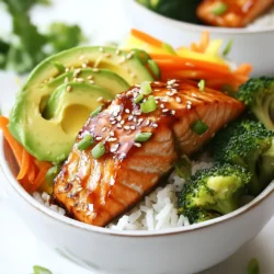 - 2 salmon fillets - 1/4 cup teriyaki sauce - 2 cups cooked jasmine rice - 1 tablespoon honey - 1 teaspoon grated ginger - 1 teaspoon sesame oil - 1 cup broccoli florets - 1 carrot, julienned - 1/2 bell pepper, thinly sliced - 1 avocado, sliced - 2 green onions, sliced - Sesame seeds for garnish When I create Teriyaki Glazed Salmon Bowls, I focus on fresh, simple ingredients. Salmon fillets are the star of the dish. They are tasty and rich in omega-3 fatty acids. Teriyaki sauce adds a sweet and savory flavor. You can use store-bought sauce or make your own at home. Jasmine rice serves as a fluffy base. It soaks up the teriyaki sauce well. For added sweetness and depth, I mix in honey, grated ginger, and sesame oil. These additional ingredients boost the flavor profile and make each bite exciting. Next, I always include fresh vegetables. Broccoli florets bring bright color and crunch. Julienned carrots add a sweet, earthy taste. Thinly sliced bell peppers bring a nice crunch and extra nutrition. To finish, I add garnishes. Sliced avocado offers creaminess. Green onions add a fresh bite. Finally, a sprinkle of sesame seeds brings texture and a touch of nutty flavor. Each ingredient plays a role in creating a balanced and delicious meal. Enjoy every bite of these nourishing bowls! {{ingredient_image_1}} 1. In a small bowl, mix the teriyaki sauce, honey, grated ginger, and sesame oil. 2. Place the salmon fillets in a shallow dish. 3. Pour the marinade over the salmon. Make sure each piece is coated well. 4. Let the salmon marinate for at least 20 minutes. This adds great flavor. 1. Steam the broccoli florets until they are bright green and tender-crisp. This takes about 3-4 minutes. 2. While the broccoli steams, julienne the carrot and slice the bell pepper. These add color and crunch. 1. Preheat your oven to 400°F (200°C). This ensures even cooking. 2. Line a baking sheet with parchment paper for easy cleanup. 3. Remove the salmon from the marinade and place it on the baking sheet. 4. Bake the salmon fillets for 12-15 minutes. They should flake easily with a fork. 5. Optional: Brush the salmon with any leftover marinade halfway through cooking. This gives extra flavor. 1. In serving bowls, add a scoop of cooked jasmine rice as the base. 2. Layer the steamed broccoli, julienned carrots, and sliced bell pepper on top. 3. Once the salmon is ready, place a fillet on each bowl. 4. Drizzle with more teriyaki sauce if you like it saucy. Enjoy creating a colorful and tasty dish! To check if your salmon is done, look for flakiness. Use a fork to gently press the top. If it flakes easily, it's ready. You can also check the internal temperature. It should reach 145°F (63°C) for perfect doneness. To prevent overcooking, keep an eye on the time. Bake the salmon for 12-15 minutes only. If you can, use a meat thermometer for accuracy. You can always take it out a minute early. The salmon will keep cooking even after you remove it from the oven. For a richer taste, I suggest using homemade teriyaki sauce. You can make it by mixing soy sauce, sugar, mirin, and ginger. This adds a personal touch to your dish. If you're short on time, store-bought teriyaki sauce works well too. You can also try different marinades. A honey-soy mix or a spicy chili marinade can bring new life to your salmon. Feel free to experiment with flavors that you love. When you arrange your bowl, start with the rice. This will be the base of your dish. Next, add the steamed broccoli. You can then layer on the julienned carrots and bell pepper slices. Place the salmon on top to create a beautiful display. Garnishing makes a huge difference. Add sliced avocado, green onions, and sesame seeds on top. This not only adds flavor but also makes the dish look more appealing. Pro Tips Marinate for Maximum Flavor: Allow the salmon to marinate for at least 20 minutes to absorb all the flavors of the teriyaki sauce and ginger. Perfect Salmon Cooking: Bake the salmon until it flakes easily with a fork, which usually takes about 12-15 minutes at 400°F (200°C). Vegetable Variations: Feel free to substitute or add any seasonal vegetables you prefer, such as snap peas or zucchini, to customize your bowl. Garnish for Appeal: Adding sesame seeds and green onions not only enhances the flavor but also gives your dish a beautiful presentation. {{image_2}} For a change, you can swap salmon for chicken or tofu. Chicken breasts work well in this dish. Just marinate them like the salmon. Bake them for 20-25 minutes until fully cooked. Tofu is a great vegetarian option. Use firm tofu for the best texture. Press it to remove excess water. Cut it into cubes and marinate just like the salmon. Cook until golden brown for a tasty meal. You can spice things up with a spicy teriyaki version. Add red pepper flakes to the marinade for a kick. This adds heat without changing the dish too much. If you want a fresh twist, try a citrus-infused glaze. Mix the teriyaki sauce with orange juice and zest. This adds a bright flavor that pairs beautifully with the salmon. To make your bowl even better, consider some side dish pairings. Steamed edamame or grilled asparagus are great options. They add color and crunch to your meal. You can also top your bowl with extras like sliced radishes or crunchy fried onions. These toppings bring extra texture and flavor, making your meal even more exciting. To keep your teriyaki glazed salmon bowls fresh, follow these tips: - Refrigeration: Store leftovers in the fridge. They stay good for up to three days. - Containers: Use airtight containers. This helps prevent the fish from drying out. Reheating your dish correctly is key to keeping it tasty: - Salmon: Reheat the salmon in the oven at 350°F (175°C). Heat for about 10 minutes. - Vegetables and Rice: You can microwave them. Heat in short bursts, stirring in between. Yes, you can freeze teriyaki salmon! - Freezing: Place your salmon in a freezer-safe bag. It stays fresh for up to three months. - Thawing: Thaw in the fridge overnight. This keeps the fish safe and moist. - Reheating: After thawing, reheat as mentioned above. Enjoy your meal just as fresh! Teriyaki sauce is a sweet and savory sauce. It usually has three common ingredients: - Soy sauce - Mirin (sweet rice wine) - Sugar or honey You can also add garlic, ginger, or sesame oil for extra flavor. This sauce is great for marinating and glazing meats and veggies. Yes, you can use frozen salmon! Here are some best practices: - Thaw the salmon in the fridge overnight. - If you’re in a hurry, place the salmon in a sealed bag and run it under cold water for 30 minutes. - Cook it straight from frozen, but add a few extra minutes to the cooking time. Frozen salmon still tastes great and can save you time. To make teriyaki salmon bowls gluten-free, use these substitutions: - Replace soy sauce with tamari, which is gluten-free. - Check the teriyaki sauce label to ensure it is gluten-free. - Use fresh vegetables and rice that do not contain gluten. These swaps keep the flavor while fitting your diet needs. Yes, you can prepare teriyaki salmon bowls ahead of time. Here are my tips: - Marinate the salmon the night before. - Cook the rice and steam the veggies in advance. - Store each component in separate containers in the fridge. When you’re ready to eat, just heat everything and assemble your bowl. This method saves time and makes meals easy! This blog post covered how to make delicious teriyaki salmon bowls. We discussed the key ingredients, like salmon, teriyaki sauce, and fresh vegetables. I shared step-by-step instructions for marinating, cooking, and assembling your bowl. You learned tips for perfect salmon and ideas for variations. In the end, making these bowls is simple and fun. You can adjust flavors and proteins to suit your taste. Enjoy this healthy dish that’s easy to make and great for meal prep!