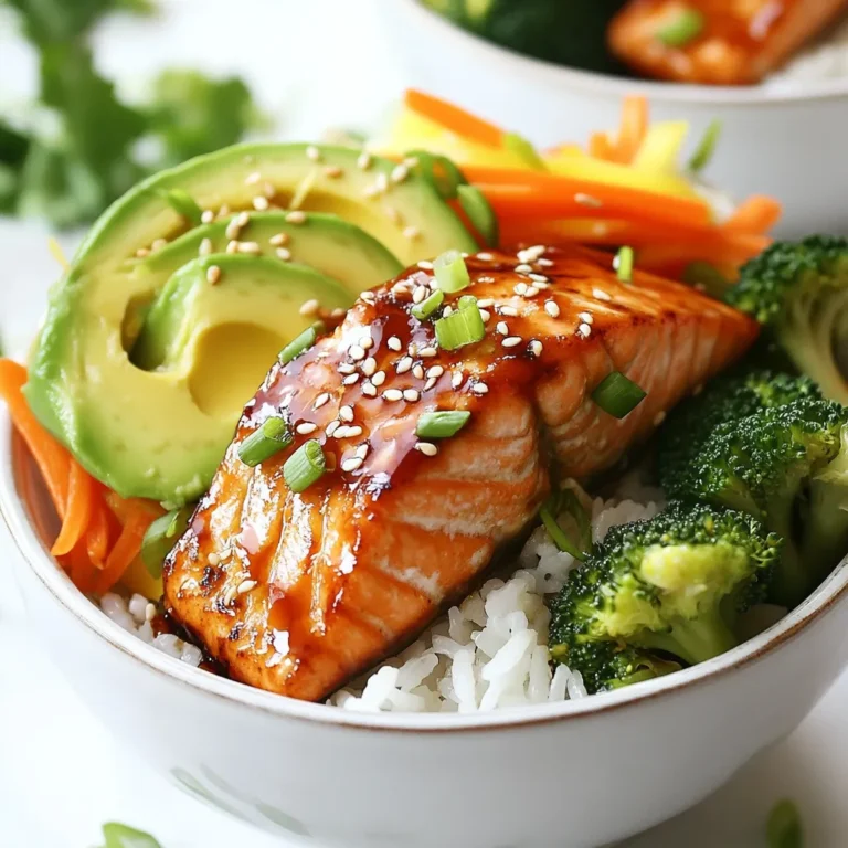 - 2 salmon fillets - 1/4 cup teriyaki sauce - 2 cups cooked jasmine rice - 1 tablespoon honey - 1 teaspoon grated ginger - 1 teaspoon sesame oil - 1 cup broccoli florets - 1 carrot, julienned - 1/2 bell pepper, thinly sliced - 1 avocado, sliced - 2 green onions, sliced - Sesame seeds for garnish When I create Teriyaki Glazed Salmon Bowls, I focus on fresh, simple ingredients. Salmon fillets are the star of the dish. They are tasty and rich in omega-3 fatty acids. Teriyaki sauce adds a sweet and savory flavor. You can use store-bought sauce or make your own at home. Jasmine rice serves as a fluffy base. It soaks up the teriyaki sauce well. For added sweetness and depth, I mix in honey, grated ginger, and sesame oil. These additional ingredients boost the flavor profile and make each bite exciting. Next, I always include fresh vegetables. Broccoli florets bring bright color and crunch. Julienned carrots add a sweet, earthy taste. Thinly sliced bell peppers bring a nice crunch and extra nutrition. To finish, I add garnishes. Sliced avocado offers creaminess. Green onions add a fresh bite. Finally, a sprinkle of sesame seeds brings texture and a touch of nutty flavor. Each ingredient plays a role in creating a balanced and delicious meal. Enjoy every bite of these nourishing bowls! {{ingredient_image_1}} 1. In a small bowl, mix the teriyaki sauce, honey, grated ginger, and sesame oil. 2. Place the salmon fillets in a shallow dish. 3. Pour the marinade over the salmon. Make sure each piece is coated well. 4. Let the salmon marinate for at least 20 minutes. This adds great flavor. 1. Steam the broccoli florets until they are bright green and tender-crisp. This takes about 3-4 minutes. 2. While the broccoli steams, julienne the carrot and slice the bell pepper. These add color and crunch. 1. Preheat your oven to 400°F (200°C). This ensures even cooking. 2. Line a baking sheet with parchment paper for easy cleanup. 3. Remove the salmon from the marinade and place it on the baking sheet. 4. Bake the salmon fillets for 12-15 minutes. They should flake easily with a fork. 5. Optional: Brush the salmon with any leftover marinade halfway through cooking. This gives extra flavor. 1. In serving bowls, add a scoop of cooked jasmine rice as the base. 2. Layer the steamed broccoli, julienned carrots, and sliced bell pepper on top. 3. Once the salmon is ready, place a fillet on each bowl. 4. Drizzle with more teriyaki sauce if you like it saucy. Enjoy creating a colorful and tasty dish! To check if your salmon is done, look for flakiness. Use a fork to gently press the top. If it flakes easily, it's ready. You can also check the internal temperature. It should reach 145°F (63°C) for perfect doneness. To prevent overcooking, keep an eye on the time. Bake the salmon for 12-15 minutes only. If you can, use a meat thermometer for accuracy. You can always take it out a minute early. The salmon will keep cooking even after you remove it from the oven. For a richer taste, I suggest using homemade teriyaki sauce. You can make it by mixing soy sauce, sugar, mirin, and ginger. This adds a personal touch to your dish. If you're short on time, store-bought teriyaki sauce works well too. You can also try different marinades. A honey-soy mix or a spicy chili marinade can bring new life to your salmon. Feel free to experiment with flavors that you love. When you arrange your bowl, start with the rice. This will be the base of your dish. Next, add the steamed broccoli. You can then layer on the julienned carrots and bell pepper slices. Place the salmon on top to create a beautiful display. Garnishing makes a huge difference. Add sliced avocado, green onions, and sesame seeds on top. This not only adds flavor but also makes the dish look more appealing. Pro Tips Marinate for Maximum Flavor: Allow the salmon to marinate for at least 20 minutes to absorb all the flavors of the teriyaki sauce and ginger. Perfect Salmon Cooking: Bake the salmon until it flakes easily with a fork, which usually takes about 12-15 minutes at 400°F (200°C). Vegetable Variations: Feel free to substitute or add any seasonal vegetables you prefer, such as snap peas or zucchini, to customize your bowl. Garnish for Appeal: Adding sesame seeds and green onions not only enhances the flavor but also gives your dish a beautiful presentation. {{image_2}} For a change, you can swap salmon for chicken or tofu. Chicken breasts work well in this dish. Just marinate them like the salmon. Bake them for 20-25 minutes until fully cooked. Tofu is a great vegetarian option. Use firm tofu for the best texture. Press it to remove excess water. Cut it into cubes and marinate just like the salmon. Cook until golden brown for a tasty meal. You can spice things up with a spicy teriyaki version. Add red pepper flakes to the marinade for a kick. This adds heat without changing the dish too much. If you want a fresh twist, try a citrus-infused glaze. Mix the teriyaki sauce with orange juice and zest. This adds a bright flavor that pairs beautifully with the salmon. To make your bowl even better, consider some side dish pairings. Steamed edamame or grilled asparagus are great options. They add color and crunch to your meal. You can also top your bowl with extras like sliced radishes or crunchy fried onions. These toppings bring extra texture and flavor, making your meal even more exciting. To keep your teriyaki glazed salmon bowls fresh, follow these tips: - Refrigeration: Store leftovers in the fridge. They stay good for up to three days. - Containers: Use airtight containers. This helps prevent the fish from drying out. Reheating your dish correctly is key to keeping it tasty: - Salmon: Reheat the salmon in the oven at 350°F (175°C). Heat for about 10 minutes. - Vegetables and Rice: You can microwave them. Heat in short bursts, stirring in between. Yes, you can freeze teriyaki salmon! - Freezing: Place your salmon in a freezer-safe bag. It stays fresh for up to three months. - Thawing: Thaw in the fridge overnight. This keeps the fish safe and moist. - Reheating: After thawing, reheat as mentioned above. Enjoy your meal just as fresh! Teriyaki sauce is a sweet and savory sauce. It usually has three common ingredients: - Soy sauce - Mirin (sweet rice wine) - Sugar or honey You can also add garlic, ginger, or sesame oil for extra flavor. This sauce is great for marinating and glazing meats and veggies. Yes, you can use frozen salmon! Here are some best practices: - Thaw the salmon in the fridge overnight. - If you’re in a hurry, place the salmon in a sealed bag and run it under cold water for 30 minutes. - Cook it straight from frozen, but add a few extra minutes to the cooking time. Frozen salmon still tastes great and can save you time. To make teriyaki salmon bowls gluten-free, use these substitutions: - Replace soy sauce with tamari, which is gluten-free. - Check the teriyaki sauce label to ensure it is gluten-free. - Use fresh vegetables and rice that do not contain gluten. These swaps keep the flavor while fitting your diet needs. Yes, you can prepare teriyaki salmon bowls ahead of time. Here are my tips: - Marinate the salmon the night before. - Cook the rice and steam the veggies in advance. - Store each component in separate containers in the fridge. When you’re ready to eat, just heat everything and assemble your bowl. This method saves time and makes meals easy! This blog post covered how to make delicious teriyaki salmon bowls. We discussed the key ingredients, like salmon, teriyaki sauce, and fresh vegetables. I shared step-by-step instructions for marinating, cooking, and assembling your bowl. You learned tips for perfect salmon and ideas for variations. In the end, making these bowls is simple and fun. You can adjust flavors and proteins to suit your taste. Enjoy this healthy dish that’s easy to make and great for meal prep!