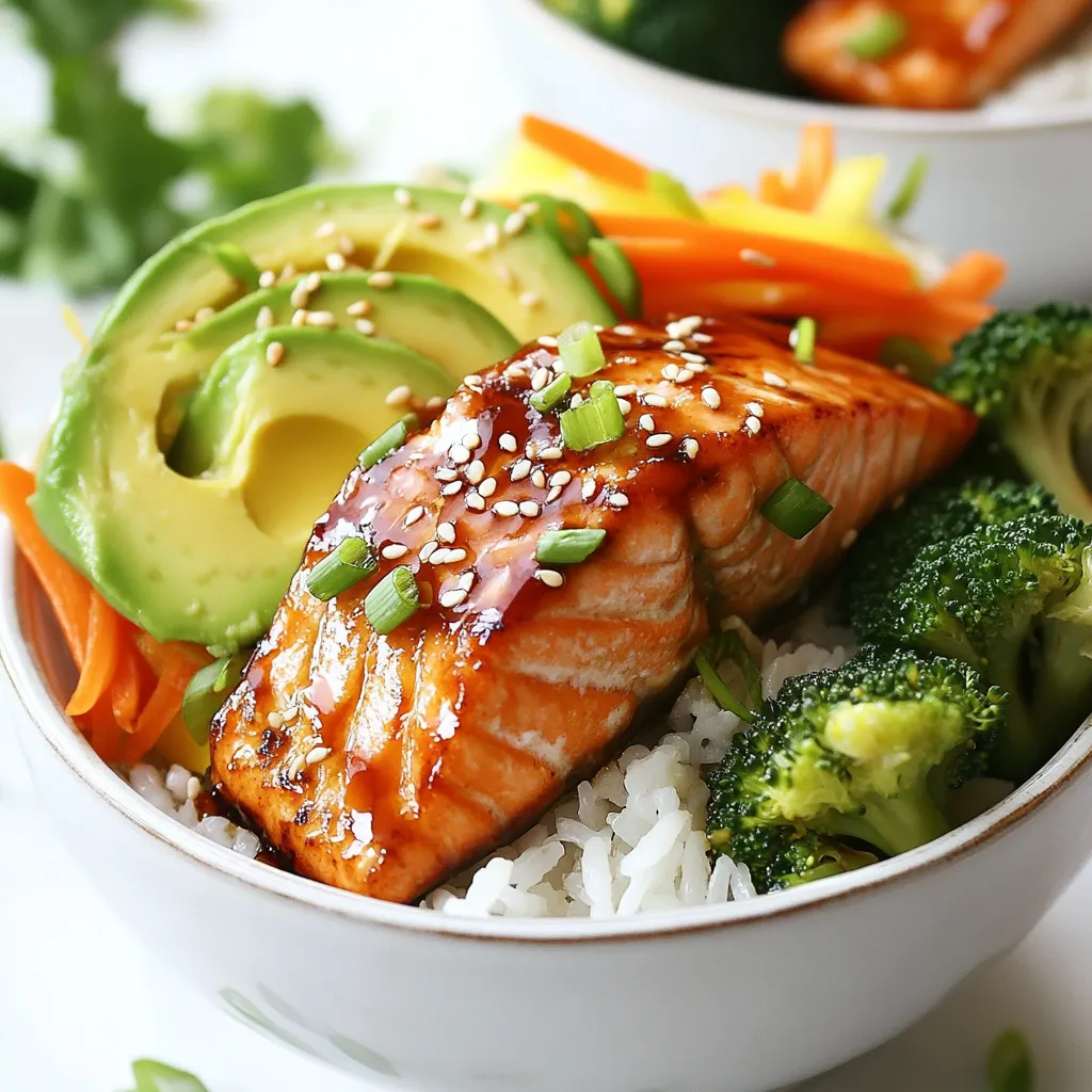 - 2 salmon fillets - 1/4 cup teriyaki sauce - 2 cups cooked jasmine rice - 1 tablespoon honey - 1 teaspoon grated ginger - 1 teaspoon sesame oil - 1 cup broccoli florets - 1 carrot, julienned - 1/2 bell pepper, thinly sliced - 1 avocado, sliced - 2 green onions, sliced - Sesame seeds for garnish When I create Teriyaki Glazed Salmon Bowls, I focus on fresh, simple ingredients. Salmon fillets are the star of the dish. They are tasty and rich in omega-3 fatty acids. Teriyaki sauce adds a sweet and savory flavor. You can use store-bought sauce or make your own at home. Jasmine rice serves as a fluffy base. It soaks up the teriyaki sauce well. For added sweetness and depth, I mix in honey, grated ginger, and sesame oil. These additional ingredients boost the flavor profile and make each bite exciting. Next, I always include fresh vegetables. Broccoli florets bring bright color and crunch. Julienned carrots add a sweet, earthy taste. Thinly sliced bell peppers bring a nice crunch and extra nutrition. To finish, I add garnishes. Sliced avocado offers creaminess. Green onions add a fresh bite. Finally, a sprinkle of sesame seeds brings texture and a touch of nutty flavor. Each ingredient plays a role in creating a balanced and delicious meal. Enjoy every bite of these nourishing bowls! {{ingredient_image_1}} 1. In a small bowl, mix the teriyaki sauce, honey, grated ginger, and sesame oil. 2. Place the salmon fillets in a shallow dish. 3. Pour the marinade over the salmon. Make sure each piece is coated well. 4. Let the salmon marinate for at least 20 minutes. This adds great flavor. 1. Steam the broccoli florets until they are bright green and tender-crisp. This takes about 3-4 minutes. 2. While the broccoli steams, julienne the carrot and slice the bell pepper. These add color and crunch. 1. Preheat your oven to 400°F (200°C). This ensures even cooking. 2. Line a baking sheet with parchment paper for easy cleanup. 3. Remove the salmon from the marinade and place it on the baking sheet. 4. Bake the salmon fillets for 12-15 minutes. They should flake easily with a fork. 5. Optional: Brush the salmon with any leftover marinade halfway through cooking. This gives extra flavor. 1. In serving bowls, add a scoop of cooked jasmine rice as the base. 2. Layer the steamed broccoli, julienned carrots, and sliced bell pepper on top. 3. Once the salmon is ready, place a fillet on each bowl. 4. Drizzle with more teriyaki sauce if you like it saucy. Enjoy creating a colorful and tasty dish! To check if your salmon is done, look for flakiness. Use a fork to gently press the top. If it flakes easily, it's ready. You can also check the internal temperature. It should reach 145°F (63°C) for perfect doneness. To prevent overcooking, keep an eye on the time. Bake the salmon for 12-15 minutes only. If you can, use a meat thermometer for accuracy. You can always take it out a minute early. The salmon will keep cooking even after you remove it from the oven. For a richer taste, I suggest using homemade teriyaki sauce. You can make it by mixing soy sauce, sugar, mirin, and ginger. This adds a personal touch to your dish. If you're short on time, store-bought teriyaki sauce works well too. You can also try different marinades. A honey-soy mix or a spicy chili marinade can bring new life to your salmon. Feel free to experiment with flavors that you love. When you arrange your bowl, start with the rice. This will be the base of your dish. Next, add the steamed broccoli. You can then layer on the julienned carrots and bell pepper slices. Place the salmon on top to create a beautiful display. Garnishing makes a huge difference. Add sliced avocado, green onions, and sesame seeds on top. This not only adds flavor but also makes the dish look more appealing. Pro Tips Marinate for Maximum Flavor: Allow the salmon to marinate for at least 20 minutes to absorb all the flavors of the teriyaki sauce and ginger. Perfect Salmon Cooking: Bake the salmon until it flakes easily with a fork, which usually takes about 12-15 minutes at 400°F (200°C). Vegetable Variations: Feel free to substitute or add any seasonal vegetables you prefer, such as snap peas or zucchini, to customize your bowl. Garnish for Appeal: Adding sesame seeds and green onions not only enhances the flavor but also gives your dish a beautiful presentation. {{image_2}} For a change, you can swap salmon for chicken or tofu. Chicken breasts work well in this dish. Just marinate them like the salmon. Bake them for 20-25 minutes until fully cooked. Tofu is a great vegetarian option. Use firm tofu for the best texture. Press it to remove excess water. Cut it into cubes and marinate just like the salmon. Cook until golden brown for a tasty meal. You can spice things up with a spicy teriyaki version. Add red pepper flakes to the marinade for a kick. This adds heat without changing the dish too much. If you want a fresh twist, try a citrus-infused glaze. Mix the teriyaki sauce with orange juice and zest. This adds a bright flavor that pairs beautifully with the salmon. To make your bowl even better, consider some side dish pairings. Steamed edamame or grilled asparagus are great options. They add color and crunch to your meal. You can also top your bowl with extras like sliced radishes or crunchy fried onions. These toppings bring extra texture and flavor, making your meal even more exciting. To keep your teriyaki glazed salmon bowls fresh, follow these tips: - Refrigeration: Store leftovers in the fridge. They stay good for up to three days. - Containers: Use airtight containers. This helps prevent the fish from drying out. Reheating your dish correctly is key to keeping it tasty: - Salmon: Reheat the salmon in the oven at 350°F (175°C). Heat for about 10 minutes. - Vegetables and Rice: You can microwave them. Heat in short bursts, stirring in between. Yes, you can freeze teriyaki salmon! - Freezing: Place your salmon in a freezer-safe bag. It stays fresh for up to three months. - Thawing: Thaw in the fridge overnight. This keeps the fish safe and moist. - Reheating: After thawing, reheat as mentioned above. Enjoy your meal just as fresh! Teriyaki sauce is a sweet and savory sauce. It usually has three common ingredients: - Soy sauce - Mirin (sweet rice wine) - Sugar or honey You can also add garlic, ginger, or sesame oil for extra flavor. This sauce is great for marinating and glazing meats and veggies. Yes, you can use frozen salmon! Here are some best practices: - Thaw the salmon in the fridge overnight. - If you’re in a hurry, place the salmon in a sealed bag and run it under cold water for 30 minutes. - Cook it straight from frozen, but add a few extra minutes to the cooking time. Frozen salmon still tastes great and can save you time. To make teriyaki salmon bowls gluten-free, use these substitutions: - Replace soy sauce with tamari, which is gluten-free. - Check the teriyaki sauce label to ensure it is gluten-free. - Use fresh vegetables and rice that do not contain gluten. These swaps keep the flavor while fitting your diet needs. Yes, you can prepare teriyaki salmon bowls ahead of time. Here are my tips: - Marinate the salmon the night before. - Cook the rice and steam the veggies in advance. - Store each component in separate containers in the fridge. When you’re ready to eat, just heat everything and assemble your bowl. This method saves time and makes meals easy! This blog post covered how to make delicious teriyaki salmon bowls. We discussed the key ingredients, like salmon, teriyaki sauce, and fresh vegetables. I shared step-by-step instructions for marinating, cooking, and assembling your bowl. You learned tips for perfect salmon and ideas for variations. In the end, making these bowls is simple and fun. You can adjust flavors and proteins to suit your taste. Enjoy this healthy dish that’s easy to make and great for meal prep!