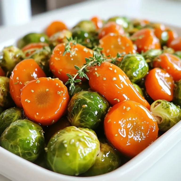 To create a delicious dish of maple glazed carrots and Brussels sprouts, you will need the following ingredients: - 1 lb Brussels sprouts, trimmed and halved - 4 medium carrots, peeled and sliced into thin rounds - 3 tablespoons maple syrup - 2 tablespoons olive oil - 1 tablespoon balsamic vinegar - 1 teaspoon Dijon mustard - Salt and pepper to taste - 1/2 teaspoon garlic powder - 1/4 teaspoon crushed red pepper flakes (optional for a kick) - Fresh thyme leaves for garnish Each ingredient plays a key role in making this side dish sweet and savory. The Brussels sprouts and carrots provide crunch and sweetness. Maple syrup adds a rich, sweet flavor that pairs well with the earthy notes of the vegetables. Olive oil helps to roast them evenly, while balsamic vinegar gives a tangy finish. Dijon mustard and garlic powder enhance the taste, making the dish more complex. Salt and pepper are essential for balancing flavors. If you want a bit of heat, crushed red pepper flakes add a nice kick. Finally, fresh thyme leaves not only add flavor but also brighten the dish's overall look. Gathering these ingredients prepares you for a delightful cooking experience. This dish is perfect for family dinners or festive gatherings, and it complements many main courses. 1. Preheating the oven Start by preheating your oven to 400°F (200°C). This helps the veggies roast evenly. 2. Preparing the vegetables Take one pound of Brussels sprouts. Trim and halve them. Next, peel four medium carrots. Slice them into thin rounds. Place all the veggies in a large bowl. 1. Combining ingredients for the maple glaze In a small bowl, mix three tablespoons of maple syrup with two tablespoons of olive oil. Add one tablespoon of balsamic vinegar and one teaspoon of Dijon mustard. Don't forget the garlic powder, salt, and pepper. If you like heat, add a pinch of crushed red pepper flakes. Whisk until smooth. 2. Importance of seasoning Seasoning is key! It balances the sweet and savory flavors. Make sure to taste the glaze. Adjust salt and pepper as needed for a delightful zest. 1. Arranging vegetables on the baking sheet Pour the maple glaze over the vegetables in the large bowl. Toss to coat them well. Spread the veggies on a baking sheet in a single layer. This helps them roast properly. 2. Cooking time and stirring instructions Place the sheet in the oven. Roast for 25-30 minutes. Stir the veggies halfway through cooking. This ensures they cook evenly and get that lovely caramelization. To get that lovely glaze on your carrots and Brussels sprouts, coat them evenly. Start by mixing your maple syrup, olive oil, balsamic vinegar, Dijon mustard, garlic powder, salt, and pepper well. This mix should cover all the veggies. When you spread them on the baking sheet, keep them in a single layer. This helps them roast well and get that nice caramelized look. Roasting time is key. Aim for 25-30 minutes at 400°F (200°C). Stir them halfway to ensure even cooking and browning. Want to kick it up a notch? You can add herbs and spices to elevate the taste. Fresh thyme leaves bring out a nice earthiness. You can also mix in rosemary or sage for a different twist. If you like heat, add crushed red pepper flakes. Just a pinch can give your dish a bit of a kick. When serving, think about the look. Use a large bowl to show off those vibrant colors. Garnish with extra thyme sprigs for freshness. This dish pairs well with a colorful salad or a protein for a festive meal. It will stand out on any table! {{image_2}} You can easily swap out vegetables in this dish. Try using parsnips or sweet potatoes for a twist. Broccoli or cauliflower can also work well. For the glaze, you can use honey or agave syrup instead of maple syrup. Each sweetener brings its own flavor, so feel free to experiment. To make this recipe vegan, simply use agave syrup. For gluten-free, ensure your Dijon mustard is gluten-free. You can also reduce the maple syrup for fewer carbs. Adding nuts like walnuts or pecans boosts the nutrients and adds crunch. You can make this dish on the stovetop. Sauté the vegetables in a pan with the glaze until tender. For a slow cooker, add the veggies and glaze. Cook on low for 3-4 hours for a tender, flavorful side. This method is great for busy days! To store leftover maple glazed carrots and Brussels sprouts, place them in an airtight container. This keeps them fresh and prevents odors. Make sure the veggies cool to room temperature before sealing. When stored correctly, they last about 3 to 5 days. Always check for any signs of spoilage before eating. When you’re ready to enjoy leftovers, reheat them in the oven. Preheat the oven to 350°F (175°C). Spread the vegetables on a baking sheet and heat for about 10-15 minutes. This method helps keep the texture and flavor. You can also use the microwave if you're in a hurry, but be careful not to overcook them. This will help keep the dish tasty and not mushy. To freeze your maple glazed carrots and Brussels sprouts, first cool them completely. Then, place them in a freezer-safe bag or container. Remove as much air as possible to avoid freezer burn. These vegetables can be stored for about 2 to 3 months. When you're ready to eat, thaw them in the fridge overnight. Reheat in the oven or microwave as described above. This will help maintain their yummy flavor and texture. Roast Brussels sprouts and carrots for about 25 to 30 minutes. This timing helps them become tender and caramelized. Keep an eye on them and stir halfway through. This step ensures even cooking and a beautiful glaze. You can use frozen vegetables, but fresh ones work best. Frozen veggies may not caramelize well. If you use them, increase the roasting time. Make sure to thaw them first and pat them dry. Maple glazed carrots and Brussels sprouts pair well with many dishes. Consider serving them with grilled chicken or roasted pork. They also complement a colorful salad, adding freshness to your meal. Store leftovers in an airtight container in the fridge. They will last for about 3 to 5 days. Make sure to cool them down first before sealing. Yes, you can prepare this dish ahead of time. Roast the vegetables and let them cool. Then store them in the fridge. When ready to serve, reheat in the oven for a few minutes. This keeps the flavors intact and makes for an easy meal. This blog post covered a tasty maple-glazed dish with Brussels sprouts and carrots. We discussed the key ingredients, from fresh veggies to flavorful maple syrup. You learned how to prepare, roast, and store your vegetables. I shared tips to enhance flavors and serving ideas for special occasions. Creating this dish is easy and fun. Feel free to customize it with your favorite herbs and spices. No matter how you make it, you're sure to enjoy a healthy and delicious meal.