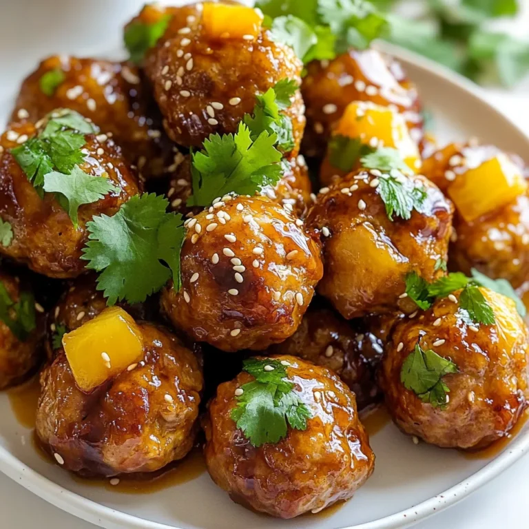 For Pineapple Teriyaki Meatballs, you need fresh and simple ingredients. Each one adds flavor and texture to the dish. Here’s what you will need: - 1 pound ground chicken or turkey - 1/2 cup breadcrumbs - 1/4 cup finely chopped green onions - 1/4 cup crushed pineapple, drained - 1 egg - 2 cloves garlic, minced - 1 teaspoon grated ginger - 1/4 cup teriyaki sauce (plus more for drizzling) - Salt and pepper to taste - Sesame seeds for garnish - Fresh cilantro for garnish (optional) Each ingredient plays a key role. The ground chicken or turkey gives protein. Breadcrumbs help bind the mix. Green onions add a fresh crunch. Crushed pineapple brings sweetness. The egg holds everything together. Garlic and ginger give a nice zing. Teriyaki sauce adds a rich, savory flavor. You can adjust salt and pepper to your taste. Finally, garnishes make the dish look pretty and add extra flavor. These ingredients mix well to create a tasty meatball. You can also customize the recipe. Add more or less of what you love. Cooking should be fun and personal! {{ingredient_image_1}} 1. Mixing the meatball base In a large bowl, add 1 pound of ground chicken or turkey. Then, mix in 1/2 cup of breadcrumbs, 1/4 cup of finely chopped green onions, and 1/4 cup of drained crushed pineapple. Next, crack in 1 egg, add 2 minced garlic cloves, and 1 teaspoon of grated ginger. Pour in 1/4 cup of teriyaki sauce. Season with salt and pepper to taste. Mix everything gently until it's well combined, but be careful not to overwork it. 2. Shaping the meatballs With clean hands, take the mixture and form it into small meatballs. Aim for about 1 inch in size. Place each meatball on a greased baking sheet, leaving some space between them. This helps them cook evenly. 3. Baking process Preheat your oven to 400°F (200°C). Once heated, place the baking sheet in the oven. Bake the meatballs for 20 to 25 minutes. Keep an eye on them until they turn golden brown and are cooked through. 1. Drizzling sauce While the meatballs bake, heat some extra teriyaki sauce in a small saucepan over low heat until it's warm. This will add extra flavor when you serve the meatballs. 2. Garnishing before serving After baking, take the meatballs out and move them to a serving dish. Drizzle the warm teriyaki sauce over the meatballs. For a nice touch, sprinkle sesame seeds on top and add fresh cilantro if you like. Now, they look as good as they taste! To get the best texture, avoid overmixing. When you mix the meatball base, do it gently. Just combine the ground chicken or turkey with the other ingredients. If you mix too hard, the meatballs turn tough. You want soft and juicy bites. For perfect baking, set your oven to 400°F (200°C). This heat helps brown the meatballs. Bake them for 20-25 minutes. Check if they are golden brown and cooked through. A meat thermometer should read 165°F (74°C) inside. When warming teriyaki sauce, use low heat. A small saucepan works best for this. Stir it gently as it heats. This keeps the sauce smooth and tasty. Drizzle the warm sauce over the meatballs right before serving. Pro Tips Use Fresh Ingredients: For the best flavor, use fresh garlic and ginger instead of powdered versions. This will enhance the overall taste of your meatballs. Don’t Overmix: When mixing the meatball ingredients, be careful not to overwork the meat. Overmixing can lead to tough meatballs. Test for Doneness: To ensure your meatballs are cooked through, use a meat thermometer. The internal temperature should reach 165°F (74°C). Experiment with Flavors: Feel free to customize your meatballs by adding different herbs or spices. Try incorporating a bit of chili paste for a spicy kick! {{image_2}} You can swap ground chicken or turkey for ground beef. This change adds a richer flavor. If you want a lighter option, use ground turkey. For a plant-based choice, try using lentils or chickpeas. You can also use a meat substitute like Beyond Meat. Both options are tasty and satisfying. To boost the taste, add spices like garlic powder or onion powder. A splash of soy sauce can also deepen the flavor. If you like heat, add a pinch of red pepper flakes. You could even add some sriracha for a spicy kick. Experimenting with flavors keeps the dish exciting. Consider adding vegetables or fruits to your mix. Chopped bell peppers or carrots add crunch and nutrients. You can also mix in some grated zucchini for moisture. If you want a sweet twist, add more crushed pineapple or even diced mango. These additions make the meatballs more colorful and fun. After you enjoy your Pineapple Teriyaki Meatballs, store any leftovers in a container. If you plan to eat them soon, keep them in the fridge. Use an airtight container for best results. They will stay fresh for up to four days. If you want to save them longer, freeze the meatballs. Place them in a freezer-safe bag or container. They can last for about three months in the freezer. To reheat your meatballs, the oven is a great choice. Preheat it to 350°F (175°C). Place the meatballs on a baking sheet and cover them with foil. This keeps them moist. Heat for about 15 to 20 minutes. You can also use a microwave. Place the meatballs on a microwave-safe plate and cover them. Heat in short bursts, about 30 seconds at a time, until warm. Pineapple Teriyaki Meatballs can last for a while if stored correctly. In the fridge, they keep well for four days. If frozen, they can stay good for about three months. Just remember to label your containers with the date. This way, you’ll know when to use them. Enjoy your delicious meatballs later without worry! Yes, you can make Pineapple Teriyaki Meatballs ahead of time. Prepare the meatballs and place them on a baking sheet. Cover with plastic wrap and store them in the fridge for up to 24 hours. This saves time on busy days. You can also freeze them for later. Just freeze the uncooked meatballs in a single layer. Once frozen, transfer them to a freezer bag. They will last about three months in the freezer. You can serve Pineapple Teriyaki Meatballs with many sides. Rice is a classic choice. White rice or brown rice works well. You can also try quinoa for a healthy twist. Steamed veggies are great too. Broccoli, snap peas, or bell peppers add color and crunch. You might also enjoy them in a wrap or on a bed of lettuce for a fun twist. Don't forget to drizzle more teriyaki sauce on top for extra flavor. To check if the meatballs are done, use a meat thermometer. The inside should reach 165°F (75°C). You can also cut one meatball in half. It should look cooked through with no pink inside. The outside should be golden brown. If you see a nice glaze from the teriyaki sauce, that's a good sign too. Always ensure they are fully cooked for the best taste and safety. You’ve learned how to make Pineapple Teriyaki Meatballs step-by-step. We covered the key ingredients, preparation, and baking tips to ensure great texture and flavor. Experiment with variations to suit your taste, and store leftovers properly for later enjoyment. These meatballs are simple, tasty, and a hit at any meal. Enjoy your cooking adventure and share your delicious results!
