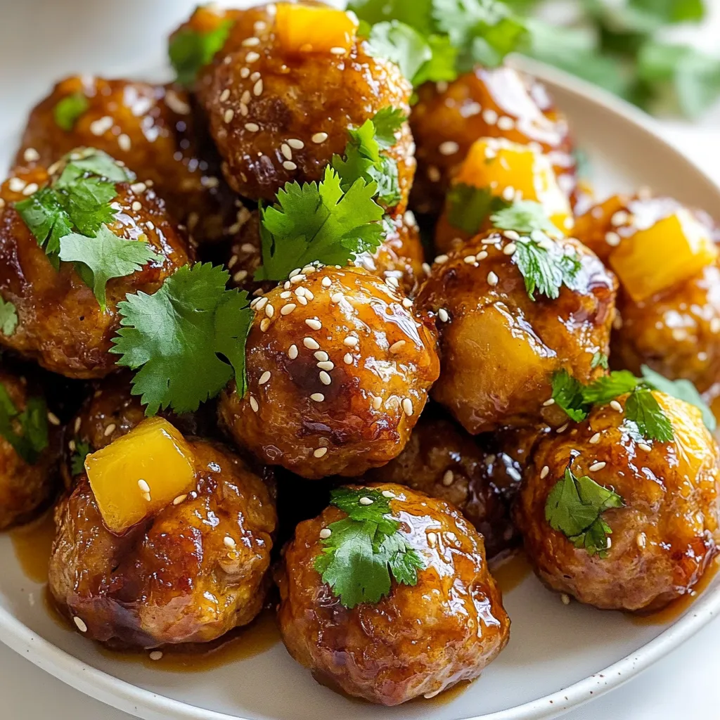 For Pineapple Teriyaki Meatballs, you need fresh and simple ingredients. Each one adds flavor and texture to the dish. Here’s what you will need: - 1 pound ground chicken or turkey - 1/2 cup breadcrumbs - 1/4 cup finely chopped green onions - 1/4 cup crushed pineapple, drained - 1 egg - 2 cloves garlic, minced - 1 teaspoon grated ginger - 1/4 cup teriyaki sauce (plus more for drizzling) - Salt and pepper to taste - Sesame seeds for garnish - Fresh cilantro for garnish (optional) Each ingredient plays a key role. The ground chicken or turkey gives protein. Breadcrumbs help bind the mix. Green onions add a fresh crunch. Crushed pineapple brings sweetness. The egg holds everything together. Garlic and ginger give a nice zing. Teriyaki sauce adds a rich, savory flavor. You can adjust salt and pepper to your taste. Finally, garnishes make the dish look pretty and add extra flavor. These ingredients mix well to create a tasty meatball. You can also customize the recipe. Add more or less of what you love. Cooking should be fun and personal! {{ingredient_image_1}} 1. Mixing the meatball base In a large bowl, add 1 pound of ground chicken or turkey. Then, mix in 1/2 cup of breadcrumbs, 1/4 cup of finely chopped green onions, and 1/4 cup of drained crushed pineapple. Next, crack in 1 egg, add 2 minced garlic cloves, and 1 teaspoon of grated ginger. Pour in 1/4 cup of teriyaki sauce. Season with salt and pepper to taste. Mix everything gently until it's well combined, but be careful not to overwork it. 2. Shaping the meatballs With clean hands, take the mixture and form it into small meatballs. Aim for about 1 inch in size. Place each meatball on a greased baking sheet, leaving some space between them. This helps them cook evenly. 3. Baking process Preheat your oven to 400°F (200°C). Once heated, place the baking sheet in the oven. Bake the meatballs for 20 to 25 minutes. Keep an eye on them until they turn golden brown and are cooked through. 1. Drizzling sauce While the meatballs bake, heat some extra teriyaki sauce in a small saucepan over low heat until it's warm. This will add extra flavor when you serve the meatballs. 2. Garnishing before serving After baking, take the meatballs out and move them to a serving dish. Drizzle the warm teriyaki sauce over the meatballs. For a nice touch, sprinkle sesame seeds on top and add fresh cilantro if you like. Now, they look as good as they taste! To get the best texture, avoid overmixing. When you mix the meatball base, do it gently. Just combine the ground chicken or turkey with the other ingredients. If you mix too hard, the meatballs turn tough. You want soft and juicy bites. For perfect baking, set your oven to 400°F (200°C). This heat helps brown the meatballs. Bake them for 20-25 minutes. Check if they are golden brown and cooked through. A meat thermometer should read 165°F (74°C) inside. When warming teriyaki sauce, use low heat. A small saucepan works best for this. Stir it gently as it heats. This keeps the sauce smooth and tasty. Drizzle the warm sauce over the meatballs right before serving. Pro Tips Use Fresh Ingredients: For the best flavor, use fresh garlic and ginger instead of powdered versions. This will enhance the overall taste of your meatballs. Don’t Overmix: When mixing the meatball ingredients, be careful not to overwork the meat. Overmixing can lead to tough meatballs. Test for Doneness: To ensure your meatballs are cooked through, use a meat thermometer. The internal temperature should reach 165°F (74°C). Experiment with Flavors: Feel free to customize your meatballs by adding different herbs or spices. Try incorporating a bit of chili paste for a spicy kick! {{image_2}} You can swap ground chicken or turkey for ground beef. This change adds a richer flavor. If you want a lighter option, use ground turkey. For a plant-based choice, try using lentils or chickpeas. You can also use a meat substitute like Beyond Meat. Both options are tasty and satisfying. To boost the taste, add spices like garlic powder or onion powder. A splash of soy sauce can also deepen the flavor. If you like heat, add a pinch of red pepper flakes. You could even add some sriracha for a spicy kick. Experimenting with flavors keeps the dish exciting. Consider adding vegetables or fruits to your mix. Chopped bell peppers or carrots add crunch and nutrients. You can also mix in some grated zucchini for moisture. If you want a sweet twist, add more crushed pineapple or even diced mango. These additions make the meatballs more colorful and fun. After you enjoy your Pineapple Teriyaki Meatballs, store any leftovers in a container. If you plan to eat them soon, keep them in the fridge. Use an airtight container for best results. They will stay fresh for up to four days. If you want to save them longer, freeze the meatballs. Place them in a freezer-safe bag or container. They can last for about three months in the freezer. To reheat your meatballs, the oven is a great choice. Preheat it to 350°F (175°C). Place the meatballs on a baking sheet and cover them with foil. This keeps them moist. Heat for about 15 to 20 minutes. You can also use a microwave. Place the meatballs on a microwave-safe plate and cover them. Heat in short bursts, about 30 seconds at a time, until warm. Pineapple Teriyaki Meatballs can last for a while if stored correctly. In the fridge, they keep well for four days. If frozen, they can stay good for about three months. Just remember to label your containers with the date. This way, you’ll know when to use them. Enjoy your delicious meatballs later without worry! Yes, you can make Pineapple Teriyaki Meatballs ahead of time. Prepare the meatballs and place them on a baking sheet. Cover with plastic wrap and store them in the fridge for up to 24 hours. This saves time on busy days. You can also freeze them for later. Just freeze the uncooked meatballs in a single layer. Once frozen, transfer them to a freezer bag. They will last about three months in the freezer. You can serve Pineapple Teriyaki Meatballs with many sides. Rice is a classic choice. White rice or brown rice works well. You can also try quinoa for a healthy twist. Steamed veggies are great too. Broccoli, snap peas, or bell peppers add color and crunch. You might also enjoy them in a wrap or on a bed of lettuce for a fun twist. Don't forget to drizzle more teriyaki sauce on top for extra flavor. To check if the meatballs are done, use a meat thermometer. The inside should reach 165°F (75°C). You can also cut one meatball in half. It should look cooked through with no pink inside. The outside should be golden brown. If you see a nice glaze from the teriyaki sauce, that's a good sign too. Always ensure they are fully cooked for the best taste and safety. You’ve learned how to make Pineapple Teriyaki Meatballs step-by-step. We covered the key ingredients, preparation, and baking tips to ensure great texture and flavor. Experiment with variations to suit your taste, and store leftovers properly for later enjoyment. These meatballs are simple, tasty, and a hit at any meal. Enjoy your cooking adventure and share your delicious results!