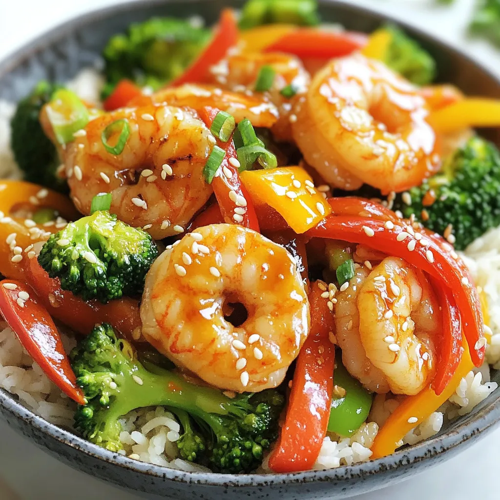 - 1 lb (450g) large shrimp, peeled and deveined - 2 cups mixed bell peppers (red, yellow, green), sliced - 1 cup broccoli florets - 1 carrot, julienned The main ingredients in this teriyaki shrimp stir fry are fresh and colorful. You’ll use large shrimp for a juicy bite. The mixed bell peppers add sweetness and a pop of color. Broccoli florets bring crunch, while the julienned carrot gives a hint of earthiness. - 1/4 cup teriyaki sauce - 2 tablespoons soy sauce - 1 tablespoon sesame oil - 1 tablespoon olive oil The teriyaki sauce is the star here. It coats the shrimp and veggies in a sweet and savory glaze. Soy sauce enhances the flavor, while sesame oil adds a nutty finish. Olive oil is perfect for cooking at high heat. - 1 tablespoon cornstarch (for thickening) - Sesame seeds and chopped green onions (for garnish) If you want a thicker sauce, cornstarch works well. Just mix it with water before adding. For garnish, sesame seeds and green onions not only look great, but they add extra flavor too. {{ingredient_image_1}} For a great Teriyaki shrimp stir fry, the right sauces and oils make all the difference. - Teriyaki sauce: This is the star of the dish. It adds a sweet and savory flavor. You can use store-bought or make your own with soy sauce, sugar, and ginger. I like to use about 1/4 cup for my stir fry. - Soy sauce: This adds depth to the flavor. It pairs well with teriyaki sauce. Use about 2 tablespoons for a nice balance. - Sesame oil: A little goes a long way. This oil has a rich, nutty flavor. I recommend adding 1 tablespoon at the end for a fragrant finish. - Olive oil: Use this to sauté your veggies and shrimp. It has a mild flavor that won’t overpower the dish. I usually use 1 tablespoon for cooking at medium-high heat. These sauces and oils create a perfect base for your stir fry, enhancing the freshness of the shrimp and veggies. Adding some optional ingredients can elevate your stir fry even more. - Cornstarch for thickening: If you like a thicker sauce, cornstarch can help. Mix 1 tablespoon of cornstarch with water. Stir it into the sauce at the end for a nice, glossy finish. - Garnishes: To make your dish look pretty, sprinkle sesame seeds and chopped green onions on top. They add texture and a fresh taste. These simple additions can take your teriyaki shrimp stir fry from good to great! Preparation time: 15 minutes. To start, place 1 pound of large shrimp in a bowl. Add 2 tablespoons of teriyaki sauce. Mix well, then let the shrimp marinate for 15 minutes. This step adds flavor and makes the shrimp taste great. Heating the oil: Heat 1 tablespoon of olive oil in a large skillet or wok over medium-high heat. Sautéing the garlic and ginger: Once the oil is hot, add 3 cloves of minced garlic and 1 tablespoon of minced ginger. Stir them for about 30 seconds until you smell the aroma. This step wakes up the flavors and sets the stage for the veggies. Stir-frying vegetables: Add 2 cups of sliced mixed bell peppers, 1 cup of broccoli florets, and 1 julienned carrot to the skillet. Cook for 3-4 minutes. Keep stirring until the vegetables are tender, but don’t overcook. You want them to stay crisp and colorful. Cooking the shrimp: Push the veggies to the sides of the skillet. Add the marinated shrimp to the center. Cook for 2-3 minutes until they turn pink and opaque. This shows that they are cooked through. Adding sauces and optional thickening: Mix the shrimp and veggies together. Pour in the remaining teriyaki sauce and 2 tablespoons of soy sauce. If you want a thicker sauce, mix 1 tablespoon of cornstarch with a bit of water and add that. Stir and cook for an extra minute until the sauce thickens. Pro Tips Marinate for Flavor: Allow the shrimp to marinate for at least 15 minutes to absorb the teriyaki flavor fully. Vegetable Crispness: Stir-fry the vegetables until just tender to maintain their bright colors and crisp texture. Thickening the Sauce: If you prefer a thicker sauce, mix cornstarch with water before adding it to avoid clumps. Serving Suggestions: Serve with a side of pickled ginger or steamed edamame for a complete meal experience. {{image_2}} To make the best teriyaki shrimp stir fry, timing matters. Cook shrimp for just 2-3 minutes. They should turn pink and opaque. Overcooking makes them tough. The veggies need about 3-4 minutes. They should stay crisp and bright. High heat is key. It helps brown the shrimp and veggies. It also adds flavor. Use a large skillet or wok. This gives you space to toss the food. You can swap veggies based on what you have. Try snap peas, zucchini, or asparagus. Each brings its own taste and crunch. If you're gluten-free, use tamari instead of soy sauce. It has a similar flavor but is safe for you. Jasmine rice is perfect with this dish. It soaks up the sauce well. You can also use quinoa for a healthier option. Top your stir fry with sesame seeds and chopped green onions. They add color and extra flavor. Enjoy your meal! To switch things up, you can use beef instead of shrimp. Choose flank steak or sirloin for the best flavor. Cut the beef into thin strips. Marinate it in the same teriyaki sauce as the shrimp. Cook the beef for about 4-5 minutes until it browns. Then, add your veggies and follow the same steps. This gives you a rich and hearty dish. For a vegetarian twist, replace the shrimp with tofu or tempeh. Use firm tofu for the best texture. Press it to remove excess moisture, then cut it into cubes. Marinate the tofu in teriyaki sauce like the shrimp. Cook the tofu until golden brown and crispy. Add lots of colorful veggies like snap peas and mushrooms for a vibrant meal. If you love heat, add chili peppers or hot sauce to your stir fry. Slice fresh jalapeños or add red pepper flakes while cooking. You can also use sriracha or another hot sauce in the teriyaki mix. This will give your dish a delicious kick. Adjust the spice to your taste for the perfect blend of sweet and spicy. Store your leftover stir fry in an airtight container. This keeps the shrimp and veggies fresh. Place it in the fridge within two hours to ensure safety. Leftovers can last up to three days. When ready to eat, check for any off smells or discoloration before reheating. To freeze stir fry, let it cool completely first. This helps avoid ice crystals. Place the stir fry in a freezer-safe bag. Squeeze out as much air as you can before sealing. Label the bag with the date. You can freeze it for up to three months. Reheat your stir fry in a skillet over medium heat. This keeps the texture nice. Add a splash of water or broth to help steam the dish. Stir often to warm it evenly. You can also use the microwave. Heat in short bursts, stirring in between. Enjoy your meal just like the first time! To marinate shrimp, I recommend 15 minutes. This time helps the shrimp soak in the flavors without becoming too salty or mushy. If you let it sit longer, the texture can change. Just mix the shrimp with some teriyaki sauce and let it rest. Yes, you can make Teriyaki Shrimp Stir Fry gluten-free! For the teriyaki sauce, look for a gluten-free brand. You can also use tamari sauce instead of regular soy sauce. Both options work well and still give you that great taste. I love serving this stir fry with jasmine rice. It holds the sauce and adds flavor. You can also try steamed rice, quinoa, or even cauliflower rice for a lighter option. Add some crispy fried tofu or a simple green salad for extra crunch. These sides make a great meal together! This blog post covered how to make a tasty teriyaki shrimp stir fry. We discussed key ingredients like shrimp, veggies, and sauces. You learned step-by-step instructions from marinating to cooking. I shared tips for perfecting your dish and offered variations to suit your taste. Always store leftovers properly for later meals. With these easy steps, you can whip up a delicious stir fry any day. Enjoy exploring new flavors and making this dish your own!