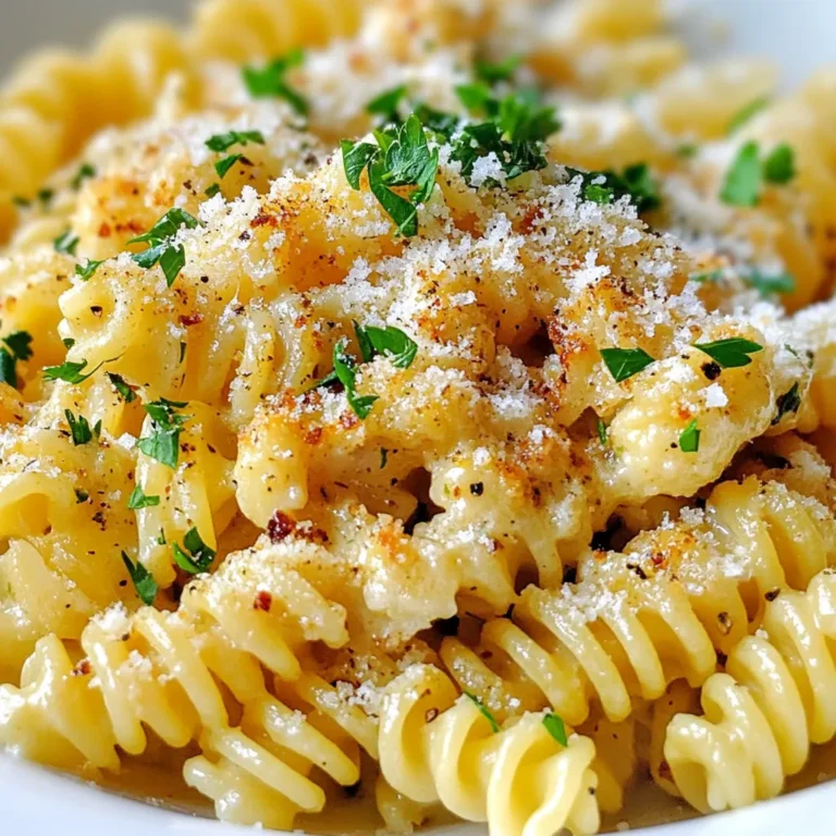 - Cauliflower florets - Olive oil - Garlic - Vegetable broth - Heavy cream or plant-based cream - Nutmeg - Pasta of choice - Parmesan cheese or nutritional yeast - Fresh parsley and red pepper flakes This dish starts with one large head of cauliflower. Cut it into bite-sized florets. The florets will roast and become golden brown. You will also need three tablespoons of olive oil for roasting. Olive oil adds flavor and helps the cauliflower crisp. Garlic brings a lot of taste. Use three cloves of minced garlic. You will add the garlic while the cauliflower roasts. It gives a nice aroma and taste to the dish. Next, you need one cup of vegetable broth. This broth is key for making the sauce creamy and rich. If you want a vegan option, use plant-based cream instead of heavy cream. It works well in this recipe. Add a pinch of nutmeg for warmth. It enhances the flavors in the cream sauce. For the pasta, use 12 ounces of your favorite type. Fusilli or penne are great choices. Cook the pasta al dente for the best texture. Don't forget the cheese! You will need half a cup of grated Parmesan cheese. If you prefer a vegan option, use nutritional yeast instead. Finally, fresh parsley adds color and freshness. You can also sprinkle red pepper flakes for some heat. These ingredients come together to make a rich and tasty dish you will love. {{ingredient_image_1}} - Preheating the oven: First, set your oven to 425°F (220°C). This high heat will help caramelize the cauliflower, giving it a nice flavor. - Tossing cauliflower with olive oil, salt, and pepper: Take a large baking sheet. Place your cauliflower florets on it. Drizzle 2 tablespoons of olive oil over them. Add salt and pepper to taste. Toss it all together until the florets are well coated. - Roasting cauliflower with garlic: Spread the florets out in a single layer on the baking sheet. Roast them for about 25 minutes. Flip them halfway through. In the last 5 minutes, add minced garlic to the tray. This will give your dish a lovely aroma and taste. - Boiling water: While the cauliflower roasts, fill a large pot with water. Add a good pinch of salt. Bring it to a boil over high heat. - Cooking pasta to al dente: Once the water is boiling, add your pasta. Stir it well and cook according to the package instructions. Aim for al dente, which means it should be firm to the bite. When done, drain the pasta but keep about 1 cup of the water. - Blending the roasted cauliflower mixture: In a blender, add the roasted cauliflower and garlic, vegetable broth, heavy cream, and nutmeg. Blend until you have a smooth and creamy sauce. - Combining sauce with pasta: In the pot you used for the pasta, add the creamy sauce to the drained pasta. Stir in the grated Parmesan cheese. The cheese will melt into the sauce, adding richness. - Adjusting consistency: If the sauce seems too thick, add some reserved pasta water a little at a time. Mix until you reach your desired creaminess. Taste it! Adjust salt, pepper, and red pepper flakes if you like some heat. To get the best caramelization on your cauliflower, make sure to cut the florets into similar sizes. This helps them roast evenly. Spread them out on the baking sheet in a single layer. This allows hot air to reach all sides. Roast at 425°F until they turn golden brown. This usually takes about 25 minutes. Flip them halfway through for even cooking. Timing is key for adding garlic. You should add minced garlic during the last five minutes of roasting. This keeps the garlic from burning and gives it a sweet flavor. The roasted garlic will blend perfectly with the cauliflower later. To boost the flavor, consider extra seasonings. A pinch of smoked paprika adds depth. You can also try adding a squeeze of lemon juice for brightness. Fresh herbs, like thyme or rosemary, can elevate the dish as well. If you need vegan options, swap heavy cream for plant-based cream. Nutritional yeast can replace Parmesan cheese for a cheesy taste. Don't forget to adjust the seasonings to match your taste! Pro Tips Use Fresh Ingredients: For the best flavor, always use fresh garlic and high-quality olive oil. They make a significant difference in the dish's overall taste. Adjust the Creaminess: If you prefer a lighter sauce, you can substitute half of the cream with more vegetable broth. This will still keep the sauce flavorful while reducing richness. Perfect Pasta Cooking: Make sure to cook your pasta al dente, as it will continue to cook slightly when mixed with the hot sauce. This prevents it from becoming mushy. Garnish for Flavor: Fresh parsley not only adds a pop of color but also enhances the dish's flavor profile. Don't skip this step! {{image_2}} You can use many types of pasta for this dish. Fusilli and penne are great choices. Fusilli holds the sauce well because of its twists. Penne has a smooth surface and adds a nice bite. Both will taste amazing with the creamy sauce. If you need gluten-free options, try rice or corn pasta. These choices keep the dish light and full of flavor. You can make this pasta even better by adding more ingredients. Toss in veggies like spinach, peas, or cherry tomatoes for color and crunch. If you want more protein, consider adding grilled chicken, shrimp, or chickpeas. Each choice gives the dish a nice twist. Spice things up by adding crushed red pepper flakes for heat. You can also add fresh herbs like basil or thyme for a fresh taste. These small changes can make your creamy roasted cauliflower pasta unique and exciting. To store leftovers, keep the creamy roasted cauliflower pasta in an airtight container. Make sure it is cool before sealing. This helps keep the flavors fresh. The shelf life in the fridge is about 3 to 4 days. If you want to enjoy it later, check for any signs of spoilage before eating. To freeze the dish, let it cool completely. Then, place it in a freezer-safe container. Make sure to leave some space at the top, as the pasta may expand. You can freeze it for up to 3 months. When you want to eat it, thaw the pasta overnight in the fridge. For reheating, warm it in a pot over low heat. Add a splash of vegetable broth or water to help bring back the creamy texture. Stir frequently until it's heated through. Yes, you can make this recipe vegan. To do this, swap the dairy items. - Use plant-based cream instead of heavy cream. - Replace Parmesan cheese with nutritional yeast. These changes keep the dish creamy and tasty. To make the sauce dairy-free, focus on plant-based options. You can use: - Coconut cream for a rich texture. - Almond milk for a lighter choice. - Cashew cream for a nutty flavor. These will ensure a smooth and creamy sauce without dairy. For this creamy roasted cauliflower pasta, choose pasta that holds sauce well. I recommend: - Fusilli, as its twists catch the sauce nicely. - Penne, which has ridges for extra grip. Both options work great to enhance your dish. This blog post explored a creamy cauliflower pasta dish, highlighting essential ingredients, step-by-step instructions, and helpful tips. You learned how to prepare and roast cauliflower for maximum flavor. We discussed various pasta options and ways to enhance the dish’s taste. Storage tips ensure your leftovers stay fresh. In my experience, this recipe is easy and flexible. Feel free to experiment with flavors and ingredients. Enjoy crafting this creamy delight, and share your tasty results!