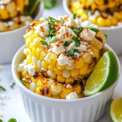 You need 4 ears of fresh corn. Make sure they are husked well. Fresh corn gives the best flavor. It adds sweetness and crunch to your dish. For the spice mix, gather: - 2 tablespoons olive oil - 1 teaspoon chili powder - 1 teaspoon smoked paprika - 1 lime, juice and zest - Salt to taste Mix these together for a zesty marinade. The chili powder adds heat, while smoked paprika gives a nice depth. Lime juice and zest brighten the flavors. For extra flavor, consider these toppings: - 1/4 cup crumbled feta cheese - 1/4 cup chopped fresh cilantro - Slices of lime for garnish Feta adds creaminess and tang. Cilantro gives a fresh touch. Lime slices make a pretty garnish and add more zest. These toppings take your corn cups to the next level! {{ingredient_image_1}} Start by preheating your grill to medium-high heat. This helps cook the corn evenly. A hot grill gives the corn a nice char. Make sure the grates are clean for the best results. In a small bowl, mix together the olive oil, chili powder, smoked paprika, lime juice, lime zest, and salt. This is your marinade. Brush this mix on the husked corn. Make sure every ear is well coated. This adds great flavor to the corn. Place the corn directly on the grill grates. Cook for about 10-12 minutes. Turn the corn every few minutes. You want the kernels to be tender and slightly charred. This step gives the corn a delicious smoky taste. After grilling, let the corn cool slightly. Cut the kernels off the cob and put them in a mixing bowl. If you want, add crumbled feta cheese and chopped cilantro. Toss these ingredients gently to mix. Spoon the mixture into small cups or bowls for serving. Finally, garnish with extra cilantro and lime slices. This makes your dish look fresh and appealing. To grill corn well, make sure you turn it often. This helps the corn cook evenly. Keep an eye on it as it cooks. You want it tender and slightly charred, not burnt. Use medium-high heat to get those perfect grill marks. Fresh corn is key for this dish. Look for bright yellow, firm kernels. The husk should be green and wrapped tightly. If you can, pick corn that is in-season for the best taste. Sweet corn works great for these cups. You can boost flavor in many ways. Try adding diced jalapeños for heat. Fresh herbs, like basil or parsley, can add a nice twist. For a creamy touch, top with avocado. Each addition brings a new taste to your corn cups. Mix and match based on what you enjoy! Pro Tips Choosing Corn: Select fresh, sweet corn with bright green husks and plump kernels for the best flavor. Marinating Time: Allow the corn to marinate for at least 15 minutes before grilling to enhance the flavors. Perfect Grill Marks: Rotate the corn every few minutes to ensure even cooking and achieve those beautiful grill marks. Serving Suggestions: Pair the corn cups with a side of avocado or a spicy dipping sauce for an extra kick! {{image_2}} You can switch up the cheese in your corn cups. Feta adds a creamy taste. You can also use cotija for a crumbly texture. Cheddar gives a sharp flavor, while mozzarella adds a mild touch. Each cheese choice brings a new twist to your dish. If you like heat, add jalapeños or diced serrano peppers. A dash of hot sauce gives it a kick. You can also mix in some cayenne pepper with the spice blend. This adds depth and makes your corn cups even more exciting. For a vegetarian twist, skip the cheese. Use avocado for creaminess instead. You can also add black beans for protein. Chopped red onions or bell peppers add crunch and flavor. These changes keep your dish fresh and tasty, while still being plant-based. You can store leftover corn cups in the fridge. Place them in an airtight container. They will last for up to three days. Make sure to keep them cool. If you notice any signs of spoilage, throw them away. This keeps your food safe and tasty. You can freeze corn cups for later use. First, let them cool down completely. Then, place them in a freezer-safe bag. Squeeze out all the air before sealing. They can stay fresh in the freezer for up to three months. When you are ready to eat them, just thaw in the fridge overnight. To reheat corn cups, use the oven or microwave. If using the oven, preheat it to 350°F. Place the cups on a baking sheet and warm for about 10 minutes. For the microwave, heat them for 30 seconds to 1 minute. Check to make sure they are warm throughout. Enjoy your zesty corn cups again! Yes, you can use frozen corn. Just thaw it first. Drain any extra water. Then, follow the same steps. The flavor may vary a bit, but it will still taste good. The corn is done when it is tender and slightly charred. You should grill it for about 10-12 minutes. Turn it every few minutes to cook evenly. The kernels should look bright and have a nice grill mark. These corn cups go well with many dishes. Try serving them with grilled chicken or fish. They also pair nicely with tacos or a fresh salad. For a fun twist, serve them with guacamole. You will love the flavors together! This article covered how to make Zesty Chili Lime Grilled Corn Cups. You learned about choosing fresh corn, mixing spices, and adding toppings. I shared simple grilling steps, from prepping the grill to marinating the corn. We discussed tips for even cooking and fun variations. Don’t forget how to store and reheat your tasty corn cups. The flavors of this dish are sure to impress. Enjoy your cooking and share these tasty corn cups with friends!