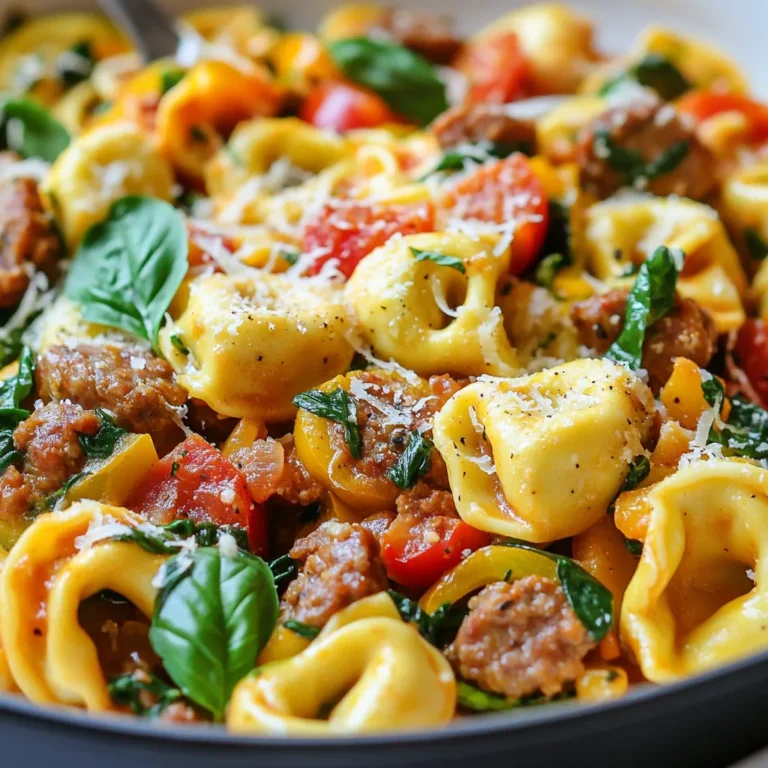 To make a delicious Italian sausage tortellini skillet, you'll need the following ingredients: - 12 oz cheese tortellini (fresh or frozen) - 1 lb Italian sausage (mild or spicy, casings removed) - 1 small onion, diced - 2 cloves garlic, minced - 1 red bell pepper, diced - 1 zucchini, diced - 1 can (14 oz) diced tomatoes (with juices) - 1 cup spinach (fresh or frozen) - 1 teaspoon Italian seasoning - ½ teaspoon crushed red pepper flakes (optional) - 2 tablespoons olive oil - Salt and pepper to taste - Grated Parmesan cheese for serving - Fresh basil leaves for garnish These ingredients blend perfectly to create a rich and flavorful meal. Cheese tortellini brings a soft, cheesy bite, while the Italian sausage adds a savory depth. The onion, garlic, bell pepper, and zucchini provide a colorful and nutritious base. Diced tomatoes and spinach add freshness and balance the dish. Olive oil and Italian seasoning tie everything together. Don’t forget the red pepper flakes if you like a bit of heat! Topping it all off with Parmesan and basil gives the final touch of flavor and elegance. {{ingredient_image_1}} Start by boiling a large pot of salted water. This adds flavor to the pasta. Add 12 oz of cheese tortellini and cook them according to the package. You want them al dente, which means they are firm but cooked. Once ready, drain the tortellini and set them aside in a bowl. In a large skillet, heat 2 tablespoons of olive oil over medium heat. Once hot, add 1 lb of Italian sausage. Use a spatula to break it into pieces. Cook until it is browned and no longer pink, which takes about 5-7 minutes. Remove the sausage and set it aside, but leave some drippings in the skillet for flavor. In the same skillet, add 1 small diced onion, 1 diced red bell pepper, and 1 diced zucchini. Stir these veggies often and cook them until they soften, around 5 minutes. Then, add 2 cloves of minced garlic. Cook for 1-2 minutes until it smells great. Now, stir in a 14 oz can of diced tomatoes with their juice. Add the cooked sausage back into the skillet. Sprinkle in 1 teaspoon of Italian seasoning and ½ teaspoon of crushed red pepper flakes if you like some heat. Bring this mixture to a gentle simmer and let it cook for about 5 minutes. Next, add the drained tortellini and 1 cup of spinach to the skillet. Gently toss everything together. Heat through for 2-3 minutes, allowing the spinach to wilt. Don't forget to season with salt and pepper to taste. Once done, remove the skillet from the heat. Serve hot, and don’t skimp on the garnish! Top with grated Parmesan cheese and some fresh basil leaves for a lovely finish. Enjoy your meal! Using fresh herbs can make a big difference. Fresh basil adds a bright touch to your dish. I love to tear the leaves right before serving for the best flavor. You can also add parsley for a nice green touch. If you want some heat, try crushed red pepper flakes. Start with a little and taste as you go. Adjust based on your spice level. This way, everyone can enjoy the dish at their own heat level. Make sure to cook your tortellini al dente. This means it should still be firm when you bite into it. If you cook it too long, it can turn mushy. Follow the package instructions for the best results. Timing is key when sautéing vegetables. Start with the onion, bell pepper, and zucchini. Cook them until soft, about five minutes. Then add the garlic. This keeps the garlic from burning and makes it fragrant. Serving in a skillet is a fun way to present your dish. It keeps the meal warm, and it looks great on the table. Plus, it makes for easy serving. For garnishing, try adding grated Parmesan cheese on top. It melts slightly and adds a rich flavor. Fresh basil leaves on top not only look pretty but also add freshness. A sprinkle of black pepper can add a nice touch too. Pro Tips Use Fresh Ingredients: Whenever possible, opt for fresh vegetables and herbs. They enhance the flavor and texture of the dish, making it more vibrant and delicious. Customize the Heat: Adjust the level of spiciness by choosing mild or spicy Italian sausage, and modify the amount of crushed red pepper flakes to suit your taste. Cook Tortellini Al Dente: Make sure to cook the tortellini until just al dente. This ensures they hold their shape and texture when tossed with the other ingredients. Garnish for Flavor: Don't skip the grated Parmesan and fresh basil on top. They add a burst of flavor and elevate the presentation of your skillet dish. {{image_2}} You can change the meat in this dish. Try using chicken or turkey instead of Italian sausage. Both options will still give you a great flavor. For a lighter meal, consider using ground turkey. You can also swap out some veggies. Add mushrooms, kale, or even carrots. These will mix well with the tortellini and add more nutrients. You can replace the zucchini with broccoli for a different taste and texture. If you need a gluten-free option, use gluten-free tortellini. Many brands offer this, and they taste great. You can also check for gluten-free pasta in stores. For a vegetarian version, skip the sausage. Add more veggies like bell peppers and spinach. You can add chickpeas for protein too. They will make the dish hearty and filling. Fresh herbs can elevate this dish. Try adding basil, oregano, or thyme. These herbs will make your meal taste even better. You can mix them in during cooking for a burst of flavor. If you want a creamier sauce, stir in some heavy cream. This will create a rich sauce that clings to the tortellini. You can also use half-and-half for a lighter touch. This makes the dish extra comforting and delicious. To keep your Italian sausage tortellini skillet fresh, cool it before storing. Spread it out on a large plate or in a shallow dish. This method helps the heat escape quickly. Once cooled, place the leftovers in suitable containers. Use airtight glass or plastic containers to prevent spoilage. Label them with the date. This way, you can enjoy your meal later. When you’re ready to enjoy your leftovers, reheating them properly is key. I recommend using a skillet over medium heat. Add a splash of water or broth to keep it moist. Stir often to warm it evenly. Avoid using the microwave, as it may overcook the tortellini. Keep an eye on it and take it off the heat when it's hot. If you want to save some for later, freezing is a great option. Divide the dish into portions before freezing. Use freezer-safe containers or bags, ensuring to remove as much air as possible. This helps to prevent freezer burn. When you're ready to eat, thaw the portions overnight in the fridge. For best texture, reheat gently in a skillet. Enjoy that delicious flavor again! Yes, you can use frozen tortellini. Frozen tortellini cooks quickly and is very convenient. To cook, bring a pot of salted water to a boil. Add the frozen tortellini and cook according to the package instructions. This usually takes about 2-3 minutes longer than fresh tortellini. Once cooked, just drain and set aside. The rest of the recipe will stay the same. This method ensures your dish is quick and tasty. You have many great options for side dishes. Here are a few suggestions: - Garlic bread: It’s perfect for soaking up the sauce. - Side salad: A fresh green salad adds crunch and freshness. - Roasted vegetables: Seasonal veggies like broccoli or asparagus pair nicely. - Parmesan cheese: Always a fantastic addition for extra flavor. If you want more heat, start with spicy Italian sausage. You can also add more crushed red pepper flakes. Try mixing in diced jalapeños or a splash of hot sauce while cooking. Another option is to serve with a spicy olive oil drizzle on top. Adjust the spice to your taste for the perfect kick! This blog post covered a simple, delicious Italian sausage tortellini skillet. We explored the ingredients, from cheese tortellini to fresh veggies and spices. I shared step-by-step cooking instructions, tips for perfect flavor, and fun ways to modify the dish. In conclusion, you can create a tasty meal with these easy steps. Feel free to experiment with flavors or veggies. Enjoy your cooking adventure, and make this dish your own!