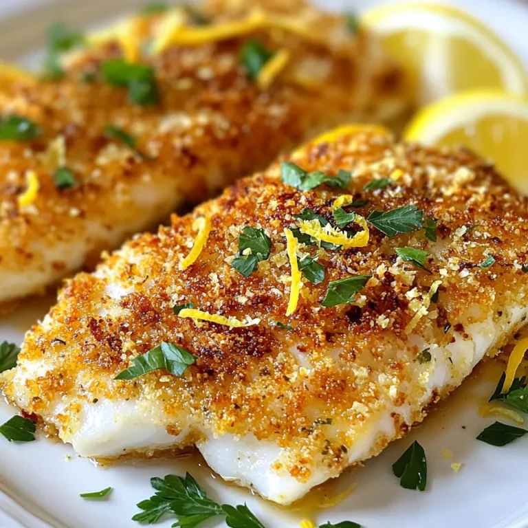 To make Lemon Parmesan Crusted Tilapia, you need the following ingredients: - 4 tilapia fillets - 1 cup Parmesan cheese, finely grated - 1/2 cup breadcrumbs (preferably panko for extra crunch) - 2 tablespoons fresh lemon juice - Zest of 1 lemon - 1 teaspoon garlic powder - 1 teaspoon dried oregano - 1 teaspoon salt - 1/2 teaspoon black pepper - 2 tablespoons melted butter - Fresh parsley, chopped (for garnish) These ingredients work together to create a dish that is light, crispy, and full of flavor. Tilapia fillets are mild and flaky, making them perfect for this crust. The Parmesan cheese adds a rich, nutty taste. Breadcrumbs give a lovely crunch, especially if you use panko. Fresh lemon juice and zest brighten up the dish and bring that zesty flavor. Garlic powder and oregano add depth to the seasoning. Salt and black pepper enhance all the flavors. Finally, melted butter helps the crust stick to the fish and adds richness. Don’t forget the fresh parsley for garnish! It not only looks pretty but adds a fresh taste. Now you have everything you need to create this delicious meal! {{ingredient_image_1}} To start, preheat your oven to 400°F (200°C). This step is key to getting a crispy crust. While the oven heats, grab a baking sheet and line it with parchment paper. This helps prevent sticking and makes clean-up easy. Next, in a mixing bowl, combine 1 cup of finely grated Parmesan cheese, 1/2 cup of breadcrumbs, 1 teaspoon of garlic powder, 1 teaspoon of dried oregano, 1 teaspoon of salt, and 1/2 teaspoon of black pepper. Mix these ingredients well. Now, add 2 tablespoons of fresh lemon juice and the zest of 1 lemon. Mix again until everything is moist and well combined. This mixture gives the fish a burst of flavor. Before coating, pat the tilapia fillets dry with a paper towel. This helps the coating stick better. Brush one side of each fillet with 2 tablespoons of melted butter. Next, press this buttered side into the Parmesan mixture. Make sure to cover the fillet well for a great crust. Place the crusted fillets on the prepared baking sheet with the coated side facing up. Bake them in the preheated oven for 12 to 15 minutes. Check for doneness by using a fork; the fish should flake easily. The crust should be golden brown and crispy. Once baked, remove the tilapia from the oven. Let it rest for one minute. You can garnish the dish with freshly chopped parsley. Serve with lemon wedges for an extra burst of flavor. Enjoy your tasty lemon Parmesan crusted tilapia! To get that perfect crust on your tilapia, follow a few simple steps: - Best practices for coating: First, ensure your tilapia fillets are dry. Pat them with a paper towel. This helps the coating stick. Brush one side with melted butter. Then, press it into the Parmesan mixture. Make sure to cover it well. - Cheese and breadcrumb ratio: A good mix is key. Use one cup of Parmesan cheese and half a cup of breadcrumbs. This ratio gives you a great crunch and flavor. Panko breadcrumbs work best for extra crunch. Getting the cooking time right is crucial. - Avoiding overcooking: Bake the tilapia at 400°F (200°C). Check it after 12 minutes. If it flakes easily with a fork, it’s done. Overcooking can make it dry. - Understanding doneness indicators: Look for a golden brown crust. If the fish is opaque and flakes easily, it is ready. Want to add more flavor? Here are some ideas: - Additional herbs and spices suggestions: Try adding thyme or basil to the coating. A pinch of cayenne can give it a nice kick. - Pairing flavors for sides: Serve with steamed veggies or a fresh salad. Lemon wedges on the side boost the dish’s citrus flavor. Cooked rice or quinoa also pairs well with this dish. Pro Tips Use Fresh Ingredients: Always opt for fresh lemon juice and zest for the best flavor. Fresh ingredients can elevate the dish significantly. Adjust the Crust: For a spicier kick, consider adding a pinch of cayenne pepper or crushed red pepper flakes to the breadcrumb mixture. Check for Doneness: Tilapia cooks quickly; keep an eye on it to avoid overcooking. It should flake easily when done. Pairing Suggestions: This dish pairs wonderfully with a light salad or steamed vegetables, enhancing the meal without overpowering the fish. {{image_2}} You can change the crust on your tilapia for fun. Try using different cheeses. For a creamier taste, use mozzarella or goat cheese. If you like a stronger flavor, go for cheddar. You can also add nuts or seeds to the crust. Ground almonds or walnuts make a great crunch. Simply mix them in with the breadcrumbs and cheese. They add a nice flavor and texture. Pair your tilapia with tasty sides. Steamed broccoli or green beans go well with fish. You can also serve it with rice or quinoa for a filling meal. Sauces can enhance your dish too. A lemon butter sauce adds more zest. You can also try a light tartar sauce for a classic touch. If you need gluten-free options, use gluten-free breadcrumbs. They still give you that nice crunch. You can also try crushed cornflakes for a different texture. For dairy-free variations, skip the cheese. Use nutritional yeast for a cheesy flavor without dairy. You can also try a dairy-free butter for the coating. After you enjoy your Lemon Parmesan Crusted Tilapia, store the leftovers right. First, let the fish cool down to room temperature. This helps prevent condensation and sogginess. Next, use airtight containers to keep the fish fresh. Glass containers work well, but plastic ones are fine too. Just make sure they seal tightly. Leftover tilapia stays good in the fridge for up to three days. When reheating, keep the tilapia crispy. The best way is to use an oven. Preheat your oven to 350°F (175°C). Place the fish on a baking sheet and cover it loosely with foil. Heat for about 10 minutes. This helps keep the crust crunchy. You can use a microwave, but it may make the fish soggy. If you do use a microwave, heat in short bursts. This gives you better control. You can freeze tilapia if you want to save some for later. Wrap each fillet tightly in plastic wrap. Then, place them in a freezer bag. Remove as much air as possible to avoid freezer burn. Frozen tilapia stays good for up to three months. When you're ready to eat, thaw the fish in the fridge overnight. Avoid thawing at room temperature; this keeps the fish safe. You can tell tilapia is ready when it flakes easily with a fork. The fish should turn opaque and lose its raw look. The crust will be golden brown and crispy. This usually takes about 12 to 15 minutes at 400°F (200°C). If you see these signs, it is done and ready to enjoy! Yes, you can use frozen tilapia. First, it is best to thaw your fish in the fridge overnight. If you're short on time, you can also run it under cold water. Once thawed, pat the fillets dry with a paper towel. This step helps the coating stick better. If you don't have Parmesan cheese, try using Pecorino Romano. It has a similar taste and texture. You could also use a blend of mozzarella and nutritional yeast for a dairy-free option. Both choices will give you a nice flavor. Yes, this recipe works great for meal prep. You can bake the tilapia ahead of time and store it in the fridge. Just make sure to let it cool before sealing it in a container. Reheat gently in the oven to keep the crust crispy. Serve with fresh sides for a delicious meal. This blog covers how to make Lemon Parmesan Crusted Tilapia. You learned about key ingredients like tilapia, cheese, breadcrumbs, and seasonings. I provided step-by-step cooking instructions, plus tips to ensure a perfect crust. You also discovered variations and smart storage methods for leftovers. In my final thoughts, remember that cooking is fun! Experiment with flavors, and enjoy the process. Your tasty crusted tilapia awaits. Happy cooking!