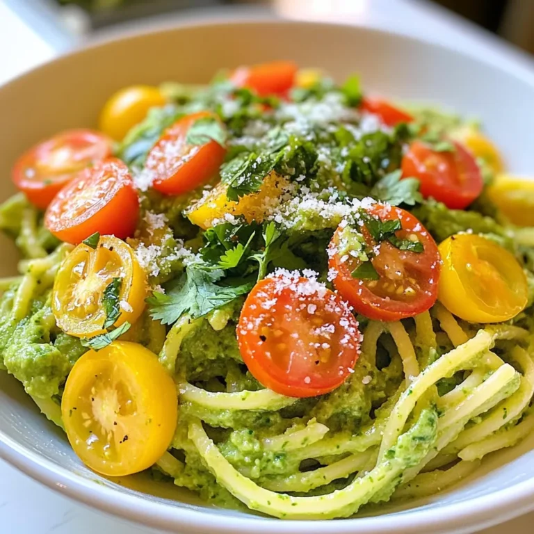 - 12 oz spaghetti or linguine - 2 ripe avocados, pitted and peeled - 1 cup fresh cilantro leaves, packed - 2 garlic cloves, minced - 2 tablespoons lime juice - 1/4 cup olive oil - 1/2 teaspoon cumin - Salt and pepper to taste The main ingredients create a creamy and tasty dish. You start with pasta, either spaghetti or linguine. I love using ripe avocados because they make the sauce rich and smooth. Fresh cilantro adds a bright flavor that mixes well with the garlic. Lime juice gives it a nice tang. Olive oil helps blend everything together. Cumin adds a warm note, while salt and pepper enhance the taste. - 1/2 cup cherry tomatoes, halved (for garnish) - Grated Parmesan cheese (optional, for garnish) The optional ingredients can elevate your dish. Cherry tomatoes add a pop of color and sweetness. If you enjoy cheese, sprinkle some grated Parmesan on top for extra flavor. These additions make your creamy avocado cilantro pasta look and taste even better. {{ingredient_image_1}} - Bring a large pot of salted water to a boil. - Add 12 ounces of spaghetti or linguine. - Cook until al dente, as per package instructions. - Reserve one cup of pasta water before draining. - In a blender, add two ripe avocados, one cup of cilantro leaves, and two minced garlic cloves. - Pour in two tablespoons of lime juice, 1/4 cup of olive oil, and 1/2 teaspoon of cumin. - Add salt and pepper to taste. - Blend the mixture until smooth and creamy. - If the sauce is thick, add some reserved pasta water to reach the right consistency. - In a large mixing bowl, add the drained pasta. - Pour the creamy avocado sauce over the pasta. - Toss well to ensure even coating on all the pasta. - Taste the pasta and adjust seasoning as needed. - Choosing ripe avocados: Use soft, ripe avocados for the best flavor. A ripe avocado gives a creamy texture. Press gently; it should yield slightly. - Flavor adjustments with lime juice: Lime juice adds brightness. Start with two tablespoons and taste. You can always add more if needed. - Thick or thin sauce options: If your sauce is too thick, add reserved pasta water little by little. For a thicker sauce, blend in less water. - Timing for cooking pasta: Cook spaghetti or linguine until al dente. Follow package instructions for timing. This keeps the pasta firm and tasty. - Importance of reserving pasta water: Always save some pasta water before draining. This starchy water helps the sauce stick to the pasta. - Avoiding overcooking: Watch the pasta closely. Overcooked pasta becomes mushy. Test it a minute before the time is up. Pro Tips Ripe Avocados: Ensure your avocados are perfectly ripe for the best creamy texture and flavor. They should yield slightly to pressure when squeezed gently. Adjusting Consistency: If your avocado sauce is too thick, gradually add reserved pasta water until you achieve your desired creaminess. Fresh Ingredients: Use fresh cilantro and lime juice for a vibrant flavor. Fresh herbs make a significant difference in the overall taste of the dish. Serving Suggestions: This pasta can be served warm or at room temperature. It also pairs well with grilled chicken or shrimp for added protein. {{image_2}} You can easily make this dish vegan. Just skip the Parmesan cheese. The creamy sauce tastes great without it. For garnishes, try adding extra cilantro or some chopped green onions. These will add color and flavor to your meal. Want to spice things up? Add some chili flakes for a kick. You can also mix in other herbs. Basil or parsley work well in this dish. These herbs can give the pasta a fresh twist. If you need a gluten-free meal, swap regular pasta for gluten-free pasta. Rice or corn pasta are good choices. They cook well and still taste great with the avocado sauce. To keep your creamy avocado cilantro pasta fresh, store it in the fridge. Place any leftover pasta in an airtight container. This helps to lock in moisture and flavor. Make sure to eat the pasta within three days for the best taste. If you have extra avocado sauce, store it separately. This prevents the pasta from getting mushy. When it’s time to enjoy your leftovers, use gentle heat. The best methods are the stove or microwave. If using the stove, add a splash of water to the pan. Stir gently over low heat until warm. For the microwave, heat in short bursts. Stir in between to avoid hot spots. Adding a little extra olive oil helps keep the sauce creamy. Avoid high heat, or the pasta will dry out. Yes, you can make the avocado sauce ahead. Store it in an airtight container. Add a bit of lime juice to keep it fresh. You can store it in the fridge for about 1 to 2 days. If you don’t have lime juice, lemon juice works well. It gives a nice tang. You can also use vinegar, but it will change the flavor a bit. Yes, this recipe is great for meal prep. You can cook the pasta and sauce separately. Store them in the fridge. Just mix them together when you’re ready to eat. Leftover pasta can last about 3 to 5 days in the fridge. Keep it in an airtight container to stay fresh. Freezing the avocado sauce is not the best option. It may change texture when thawed. If you must freeze it, use a freezer-safe container. Use it within 1 month for best quality. To wrap it up, this avocado pasta recipe is simple and tasty. We covered important ingredients like ripe avocados, garlic, and lime juice. You learned how to cook pasta properly and prepare a creamy sauce. Don't skip the tips for perfecting your dish and exploring variations. This meal is great for everyone, including vegans and those needing gluten-free options. With proper storage, your leftovers can stay fresh. Enjoy making this dish, and share your own flavors, too!
