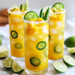- 1 ripe mango, peeled and diced - 1 fresh jalapeño, sliced (adjust for spiciness) - 1 cup fresh lime juice (about 4-5 limes) - 2 tablespoons agave syrup or honey (to taste) - 2 cups sparkling water - Ice cubes - Lime wedges and jalapeño slices for garnish - Salt or Tajín for rimming The Mango Jalapeño Margarita Mocktail brings a unique twist to classic flavors. You start with a ripe mango. This fruit adds sweetness and a creamy texture. Then, you add a fresh jalapeño. Adjust the slices based on your heat preference. You need fresh limes for juice. The tangy flavor of lime makes the drink bright. Agave syrup or honey adds sweetness. You can choose how sweet you want your mocktail. Sparkling water gives it a fizzy touch, making it refreshing. For extra enjoyment, you can add ice cubes. Ice keeps your drink cold and refreshing. Garnishing with lime wedges and jalapeño slices makes it look beautiful. Rimming your glass with salt or Tajín adds a fun kick to each sip. These ingredients work together to create a vibrant mocktail that excites your taste buds. {{ingredient_image_1}} 1. Start by placing the diced mango in a blender. 2. Add half of the sliced jalapeño, lime juice, and agave syrup. 3. Blend the mixture until it becomes smooth. 4. Next, strain the mixture through a fine mesh sieve into a pitcher. 5. Use a spatula to press down and get all the juice out. 1. Taste the mixture. If it needs more sweetness, add more agave syrup. 2. If you want more heat, blend in more jalapeño slices. Strain again if needed. 3. Fill each glass with ice cubes to keep the drink cold. 4. Pour the mango mixture into the glasses until they are about two-thirds full. 5. Top off each glass with sparkling water. Stir gently to mix. 1. For a fun twist, rim each glass with salt or Tajín. 2. Rub a lime wedge around the rim, then dip it into the salt or Tajín. 3. Finally, add lime wedges and jalapeño slices on the rim for decoration. - Use ripe mango for maximum flavor: A ripe mango adds sweetness and depth. Look for mangoes that yield slightly to pressure. - Adjust jalapeño for desired heat level: Start with half a jalapeño. Blend it in, then taste. Add more if you want extra spice. - Ideal glassware for serving: Use tall glasses to showcase the colorful mocktail. Clear glasses let the vibrant colors shine. - Pairing options with snacks: Serve with tortilla chips and salsa. The salty crunch makes a great match. - Prep steps that can be done in advance: You can blend the mango mixture ahead of time. Store it in the fridge for up to two days. - How to store the mixture: Keep it in a sealed jar or pitcher. This keeps it fresh and tasty. Pro Tips Choose Ripe Mangoes: For the best flavor, select mangoes that are slightly soft to the touch and have a sweet aroma. This ensures a naturally sweet and rich puree. Adjust Spiciness: Start with half the jalapeño and taste the mixture before adding more. This allows you to customize the heat level to your preference without overwhelming the drink. Chill Ingredients: Chill your sparkling water and glasses in advance. This keeps your mocktail refreshing and prevents dilution from melting ice too quickly. Experiment with Garnishes: Don't limit yourself to lime and jalapeño for garnishes. Try adding fresh herbs like mint or basil for a unique twist that complements the flavors. {{image_2}} You can change the flavor of your Mango Jalapeño Margarita Mocktail easily. Try adding other fruit juices. Pineapple juice adds a tropical twist. Orange juice brings a sweet citrus taste. Both pair well with mango and jalapeño. You can also use fresh herbs for new flavors. Mint offers a fresh and cooling note. Basil adds a sweet and fragrant touch. Experimenting with these can make your mocktail unique. Controlling the spice level is simple. Use less jalapeño if you prefer a milder drink. You can start with just a few slices. Taste your mixture, then add more if you want extra heat. Another option is to remove the seeds from the jalapeño. Most of the heat is in the seeds. This small change can make a big difference in spice level. If you love this mocktail, you might enjoy similar drinks. Try a cucumber mint cooler. It’s refreshing and light. A virgin mojito also works well and offers a zest of lime and mint. Seasonal variations can be fun too. In summer, add fresh berries for a fruity twist. In fall, try cinnamon or apple juice for a cozy flavor. These changes keep your drinks fresh and exciting. Store the mango mixture in an airtight container. Keep it in the fridge. It stays fresh for up to three days. Make sure to seal it tightly to prevent air from getting in. This helps keep the flavors vibrant. Yes, you can freeze the mango mixture! Pour it into a freezer-safe container. Leave a little space at the top for expansion. It can last up to three months in the freezer. When you're ready to use it, thaw it in the fridge overnight. You can also thaw it in warm water for quicker results. Got extra mango or jalapeño? Try making a fruit salsa! Chop the mango and jalapeño, then mix with diced onion and cilantro. You can also add it to tacos for a spicy kick. Another idea? Blend the leftover mango into smoothies. It pairs well with yogurt and other fruits. A Mango Jalapeño Margarita Mocktail is a refreshing drink. It blends sweet mango with zesty jalapeño. The drink has a bright, fruity taste with a hint of heat. You get the tartness of fresh lime juice, which adds a nice balance. The sparkling water gives it a bubbly finish. This mocktail is perfect for hot days or fun gatherings. Yes, you can make this drink without jalapeño. If you want a milder mocktail, simply leave it out. You can still enjoy the sweet mango and lime flavors. If you want some spice, try using a pinch of chili powder or a dash of hot sauce instead. This keeps the mocktail vibrant without the heat. You can use honey instead of agave syrup. Honey adds sweetness and flavor to the drink. If you want a vegan option, try maple syrup. Simple syrup is another choice, made by mixing equal parts sugar and water. Just adjust the amount to fit your taste. This mocktail blends ripe mango, jalapeño, and fresh lime for a tasty treat. You can adjust the heat and sweetness to suit your taste. Remember, using fresh ingredients makes a huge difference. Don’t forget to garnish for extra flair! You can easily store the mixture for later use or freeze it for future enjoyment. Feel free to get creative with variations. The possibilities are endless. So grab your ingredients and enjoy this refreshing drink at your next gathering!