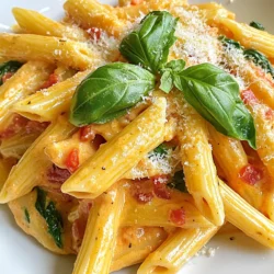 - Penne pasta: This is the main star of the dish. It holds sauce well. - Olive oil: Use this for sautéing garlic. It adds flavor and richness. - Garlic: Fresh minced garlic brings a wonderful aroma and taste. - Diced tomatoes: These provide acidity and sweetness. Canned is easy. - Heavy cream: This makes the sauce creamy and smooth. - Fresh spinach: Adds color and nutrients. It wilts down nicely. - Italian seasoning: This blend enhances the dish’s flavor profile. - Parmesan cheese: Grated cheese adds saltiness and depth. - Fresh basil: This is for garnish. It brightens the dish. - Ounces to cups: 8 ounces of penne is about 2 cups. - Fresh versus canned ingredients: Fresh tomatoes can replace canned. Use about 2 cups if fresh. - Best pasta options: Barilla and De Cecco make great penne pasta. - Quality canned tomatoes: San Marzano or Muir Glen are top picks. - Recommended Parmesan cheese brands: Look for Parmigiano-Reggiano for best flavor. {{ingredient_image_1}} First, take a large pot and fill it with water. Add a good pinch of salt. Bring the water to a boil over high heat. Once boiling, carefully add 8 ounces of penne pasta. Cook it according to the package instructions, usually around 11 to 13 minutes. You want the pasta to be al dente, which means it should be firm yet tender. To check, taste a piece a minute before the time is up. If it has a slight bite, it's ready. Drain the pasta in a colander and set it aside. Next, grab the same pot and heat 1 tablespoon of olive oil over medium heat. Add 3 cloves of minced garlic. Sauté the garlic for about 1 minute. You want to watch it closely. You need the garlic to be fragrant but not brown. If it burns, it will taste bitter. Now it's time to create the sauce. Add the drained diced tomatoes and 1 cup of heavy cream to the pot. Stir in 1 teaspoon of Italian seasoning. Bring this mixture to a gentle simmer. Let it cook for about 3 to 4 minutes. Stir it often to help the sauce thicken. Consistent stirring keeps the sauce smooth and prevents it from sticking to the pot. Once it thickens, add in 2 cups of fresh spinach. Cook for another 2 to 3 minutes until the spinach wilts. To adjust creaminess levels, you can change the amount of heavy cream. If you want it richer, add more cream. For a lighter sauce, use less. Fresh herbs can add great flavor. Try adding chopped basil or parsley right before serving. This gives your dish a fresh taste that brightens every bite. To avoid watery pasta, make sure to drain it well. After cooking, do not rinse the penne. This keeps the starch, helping the sauce stick better. When cooking spinach, add it last to the sauce. This way, it wilts but stays vibrant and fresh. Overcooking can make it lose its nice color and taste. For great pairings, serve this dish with a side salad or crusty bread. A simple green salad works well to balance the flavors. For plating, use a large bowl or plate. Add the penne and garnish with fresh basil. A sprinkle of Parmesan on top also adds a nice touch. This makes the dish look appetizing and fancy. Pro Tips Use Fresh Ingredients: Fresh spinach and high-quality canned tomatoes enhance the flavor and texture of the dish. Adjust Creaminess: For a lighter version, substitute half of the heavy cream with vegetable broth or milk. Perfectly Cooked Pasta: To avoid mushy pasta, make sure to cook the penne just al dente, as it will continue to cook when mixed with the sauce. Garnish Wisely: Fresh basil not only adds color but also a burst of flavor; consider adding a sprinkle of red pepper flakes for a spicy kick. {{image_2}} You can change up the pasta if you want. Try using whole grain or gluten-free penne. These swaps keep the dish tasty while adding extra nutrition. For a dairy-free option, use coconut cream or cashew cream. Both add a nice richness without the dairy. Want to make it heartier? Add cooked chicken or shrimp. These proteins pair well with the creamy sauce. You can also toss in seasonal veggies like zucchini or bell peppers. They add color and flavor to your dish. Spice up your meal with a pinch of red pepper flakes or a splash of hot sauce. This will give it a nice kick! For a twist on the cheese, try using feta or goat cheese. These options create a new taste experience, making your dish even better. To store your creamy tomato spinach penne, let it cool first. Place the leftovers in an airtight container. This helps keep the dish fresh and tasty. It can stay in the fridge for up to 3 days. When you're ready to eat, just reheat it on the stove or in the microwave. If you want to save some for later, you can freeze it! Use a freezer-safe container to store the dish. Make sure to leave some space for the sauce to expand. It can last for about 2 months in the freezer. When you want to enjoy it again, thaw it overnight in the fridge. Reheat gently on the stove or in the microwave until hot. Leftovers can be fun! You can turn them into a pasta bake. Just layer the penne with some extra cheese and bake until bubbly. You can also mix it with scrambled eggs for a tasty breakfast. When reheating, add a splash of cream or tomato juice. This keeps the flavors bright and fresh. Yes, you can use whole grain pasta. Whole grain pasta has more fiber than regular pasta. This means it can help you feel full longer. It also adds a nutty flavor to your dish. Whole grain pasta takes a bit longer to cook, so check the package for timing. If you want a lighter option, try using half-and-half or milk. You can also use coconut cream for a dairy-free choice. Silken tofu blended with a little water can make a nice creamy texture, too. All these options can reduce calories while keeping the sauce rich. To make this recipe vegetarian, simply ensure all your ingredients are plant-based. Use vegetable broth instead of chicken broth, if needed. Check that your Parmesan cheese is made without animal rennet. You can add extra veggies like mushrooms or bell peppers for more flavor. You now have a clear path to create a delicious dish. We explored the main ingredients and their qualities. I shared step-by-step cooking methods to ensure perfect results. Tips and tricks helped you avoid common mistakes when cooking. Consider variations to customize your meal and make it your own. Remember the storage tips to keep leftovers fresh and tasty. With this guide, you can cook with confidence, impress your family, and enjoy every bite. Happy cooking!