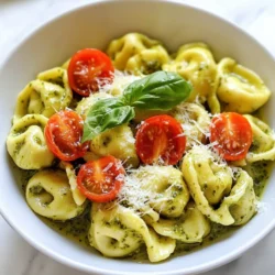 - 12 oz cheese tortellini (fresh or frozen) - 1 cup heavy cream - 1/2 cup basil pesto - 1/2 cup cherry tomatoes, halved - 1/4 cup grated Parmesan cheese - 2 tablespoons olive oil - 2 cloves garlic, minced - Salt and pepper to taste - Fresh basil leaves for garnish The cheese tortellini is the star here. You can use fresh or frozen. Both work great. If you want a lighter dish, you can swap heavy cream for half-and-half or milk. Use store-bought pesto for speed or make your own for fresh flavor. Cherry tomatoes add sweetness, but feel free to use sun-dried tomatoes if you want. Grated Parmesan gives a nice salty bite. You can use Pecorino Romano as a substitute. For a dairy-free option, look for vegan cheese tortellini. You can use coconut cream instead of heavy cream. Just make sure to adjust the seasonings to match. This dish serves four. Each serving has about: - Calories: 540 - Protein: 20g - Fat: 36g - Carbohydrates: 42g - Fiber: 2g This meal is rich and filling. It makes a great weeknight dinner. {{ingredient_image_1}} 1. Cook the Tortellini: Start by boiling salted water in a large pot. Add 12 oz of cheese tortellini. Cook according to the package instructions until al dente. Once done, drain the tortellini and set aside. This step gives you the base of your dish. 2. Prep the Fresh Ingredients: While the tortellini cooks, halve 1/2 cup cherry tomatoes and mince 2 cloves of garlic. These add fresh flavor and color to your dish. - Don&rsquo;t Overcook: Keep an eye on the tortellini. Overcooked tortellini can become mushy. - Salt Your Water: Use enough salt in your boiling water. It enhances the tortellini's flavor. - Toss with Oil: After draining, toss the tortellini with a little olive oil. This prevents sticking. 1. Heat the Oil and Garlic: In a large skillet, heat 2 tablespoons of olive oil over medium heat. Add the minced garlic and saut&eacute; for 1-2 minutes. Watch for browning; you want it fragrant but not burnt. 2. Make It Creamy: Lower the heat and pour in 1 cup of heavy cream. Stir well to combine. Then add 1/2 cup of basil pesto. Mix until smooth. 3. Add Cheese: Stir in 1/4 cup of grated Parmesan cheese. Allow the sauce to simmer for about 3-5 minutes. This thickens the sauce nicely. Don&rsquo;t forget to season with salt and pepper to taste. 4. Combine with Tortellini: Gently toss in the cooked tortellini, ensuring they are well-coated with the creamy sauce. 5. Finish with Tomatoes: Stir in the halved cherry tomatoes. Cook for an additional 2-3 minutes to heat them through. This method ensures you get a rich, flavorful sauce that clings perfectly to each tortellini. Enjoy your cooking! To make a creamier sauce, start with heavy cream. This gives the sauce a rich texture. You can also add more cheese. Try using a mix of Parmesan and mozzarella for extra creaminess. Stir the sauce slowly so it blends well. Heat it gently to avoid burning. One mistake is cooking the tortellini too long. Always follow the package instructions for the right time. Overcooking makes them mushy. Another common error is adding salt to the sauce too early. Salt can make the cream curdle. Also, don&rsquo;t skip the garlic. It adds great flavor! Creamy pesto tortellini pairs well with a simple salad. A fresh green salad with vinaigrette balances the rich pasta. You can also serve it with crusty bread. Garlic bread complements the dish nicely. For a protein boost, add grilled chicken or shrimp on top. You can even sprinkle extra basil for freshness. Pro Tips Use Fresh Ingredients: Fresh basil and high-quality Parmesan cheese will elevate the flavor of your creamy pesto sauce significantly. Adjust Consistency: If the sauce is too thick, you can add a splash of pasta water or additional cream to reach your desired consistency. Experiment with Proteins: Add grilled chicken or shrimp for a protein boost and make this dish even more satisfying. Store Leftovers Properly: Keep any leftovers in an airtight container in the fridge for up to 3 days. Reheat gently to avoid overcooking the tortellini. {{image_2}} You can easily make Creamy Pesto Tortellini vegetarian. Just skip the cheese tortellini made with animal products. Look for tortellini filled with spinach or mushroom. For a vegan option, use coconut cream instead of heavy cream. Choose a vegan pesto that does not contain cheese. You can also add more veggies like zucchini or bell peppers. This makes the dish colorful and fresh. If you want to add protein, chicken works great. Cook bite-sized pieces of chicken in the olive oil before adding garlic. You can also use shrimp for a seafood twist. Cook shrimp until they turn pink, then add the cream and pesto. For a heartier meal, try adding cooked sausage or even tofu. Each option brings a different flavor and texture to your dish. While cheese tortellini is a favorite, you can try other pasta shapes too. Penne or farfalle work well with the creamy pesto sauce. If you want a gluten-free option, look for gluten-free tortellini or pasta made from chickpeas. This makes the meal suitable for various diets. Experiment with different shapes and see what you like best! To keep your creamy pesto tortellini fresh, store leftovers in an airtight container. Let it cool first. Place it in the fridge. It should last for up to three days. For best taste, eat it sooner rather than later. When you&rsquo;re ready to enjoy leftovers, reheat them gently. You can use a skillet over low heat. Add a splash of cream or water to keep it moist. Stir often to heat evenly. You can also use the microwave. Heat in short bursts, stirring in between. If you want to freeze creamy pesto tortellini, do so right after cooking. Let it cool completely before freezing. Portion it into freezer-safe bags or containers. It can last up to three months in the freezer. When you&rsquo;re ready to eat, thaw overnight in the fridge. Reheat as mentioned before for the best flavor. To make homemade pesto, use fresh basil, garlic, nuts, cheese, and olive oil. Start with 2 cups of fresh basil leaves. Add 2 cloves of garlic, 1/4 cup of nuts (like pine nuts or walnuts), and 1/4 cup of grated Parmesan cheese. Blend these ingredients in a food processor. Slowly add 1/2 cup of olive oil while blending until smooth. Season with salt and pepper to taste. This fresh pesto will add bright flavor to your creamy pesto tortellini. Yes, you can use store-bought tortellini. Fresh or frozen tortellini works well. Just follow the cooking instructions on the package. This saves time and still gives great taste. I recommend cheese-filled tortellini for a rich flavor. It blends well with the creamy sauce and pesto. You can pair creamy pesto tortellini with several tasty side dishes. A simple green salad with a light vinaigrette complements the dish. Steamed or roasted vegetables, like broccoli or asparagus, add color and nutrition. Garlic bread is also a favorite, offering a crunchy contrast. These sides enhance the meal and make it more enjoyable. To spice up your creamy pesto tortellini, add red pepper flakes. Start with a pinch and increase to your taste. You can also add sliced jalape&ntilde;os or crushed fresh chili peppers. For extra flavor, try a dash of hot sauce in the creamy sauce. These adjustments will give your dish a nice kick without overpowering the pesto flavor. This post covered all you need to make creamy pesto tortellini. We explored essential ingredients, shared cooking steps, and offered helpful tips. I hope you found great ideas for variations and storage. Don't forget to try different twists, like adding proteins or spices. This dish can become a family favorite with easy changes. Enjoy your cooking and share this delightful meal with those you love. Happy eating!