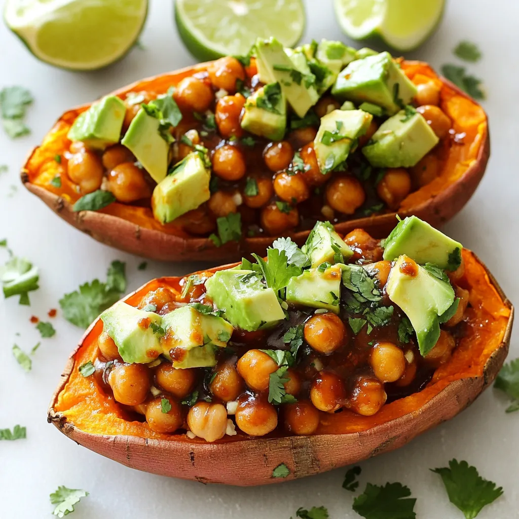 - 4 medium sweet potatoes - 1 can (15 oz) chickpeas, drained and rinsed - 1/2 cup BBQ sauce (store-bought or homemade) - 1/2 teaspoon smoked paprika - 1/2 teaspoon garlic powder - Salt and pepper to taste - 1 cup corn kernels (canned or frozen) - 1/2 red onion, finely chopped - 1 avocado, diced - 1/4 cup fresh cilantro, chopped - Lime wedges for serving When I make BBQ chickpea stuffed sweet potatoes, I gather all my ingredients first. Sweet potatoes are the star of this dish. They bring a natural sweetness and soft texture. Chickpeas add protein and heartiness. I love using canned chickpeas for ease; just drain and rinse them. BBQ sauce is key to flavor. You can use your favorite brand or make your own. I like to add spices like smoked paprika and garlic powder for depth. Don't forget salt and pepper to enhance the taste. Next, I include corn for a bit of crunch. You can use fresh, canned, or frozen corn. Red onion adds sweetness and color. I chop it finely to mix well with the filling. For toppings, I choose ripe avocado and fresh cilantro. They add brightness and creaminess. Lime wedges are perfect for a zesty kick. With this list of ingredients, you can create a dish that is both tasty and simple. {{ingredient_image_1}} - Preheating the oven Start by preheating your oven to 400°F (200°C). This heat helps cook the sweet potatoes evenly. - Pricking and baking sweet potatoes Use a fork to prick each sweet potato several times. This step allows steam to escape. Place them on a baking sheet and bake for 45-50 minutes. They should be soft when you pierce them with a knife. - Cooling and cutting sweet potatoes Once done, take the sweet potatoes out of the oven. Let them cool for a few minutes. Cut them open lengthwise but do not cut all the way through. This keeps the filling secure. - Mixing chickpeas with BBQ sauce and spices In a medium bowl, combine one can of drained chickpeas, 1/2 cup of BBQ sauce, 1/2 teaspoon of smoked paprika, 1/2 teaspoon of garlic powder, and salt and pepper to taste. Mix until all the chickpeas are well coated. - Sautéing onions and adding corn In a skillet, add a splash of water and 1/2 finely chopped red onion. Cook over medium heat for 3-5 minutes until the onion is soft. Next, add 1 cup of corn kernels and cook for another 2-3 minutes until heated through. - Combining mixtures Stir the BBQ chickpea mix into the skillet with the corn and onion. Cook for 5 more minutes to blend the flavors. Remove from heat. - Mashing sweet potatoes After cooling, use a fork to gently mash the insides of the sweet potatoes. This creates a nice base for the filling. - Spoon stuffing into sweet potatoes Take the BBQ chickpea mixture and spoon it into each sweet potato. Fill them generously for a hearty meal. - Topping and garnishing options Finish by adding diced avocado and chopped cilantro on top. Serve with lime wedges for a burst of flavor. Enjoy your tasty BBQ chickpea stuffed sweet potatoes! To bake sweet potatoes perfectly, set your oven to 400°F (200°C). This temperature helps them cook evenly and become soft inside. - Bake for about 45-50 minutes. Test for doneness by piercing with a knife. If it goes in easily, they are done. - For even cooking, choose sweet potatoes that are similar in size. This ensures they bake at the same rate. The BBQ sauce can make or break your dish. Choose a sauce you love. It should balance sweet and tangy flavors. - If you want a kick, try a spicy BBQ sauce. - For a rich taste, use a smoky variety. Add some spices to boost flavor. The recipe calls for smoked paprika and garlic powder, but feel free to experiment. - Try adding cumin or chili powder for warmth. - A pinch of cayenne pepper can add nice heat. A great-looking dish makes it more appetizing. Here are some garnishing ideas: - Top with diced avocado and chopped cilantro. This adds color and freshness. - A sprinkle of lime juice brightens the dish. For serving, place the stuffed sweet potatoes on a large platter. - Add extra cilantro sprigs and lime wedges around them. This makes the dish look inviting and festive. - Pair with a simple salad or some grilled veggies for a complete meal. Pro Tips Choose the Right Sweet Potatoes: Select sweet potatoes that are firm and smooth-skinned for the best flavor and texture. Custom BBQ Sauce: Experiment with different flavors of BBQ sauce to customize the dish to your taste—try spicy, tangy, or even mustard-based sauces! Flavor Boost: Add a pinch of cayenne pepper or chili powder to the chickpea mix for an extra kick of heat. Make Ahead: Prepare the chickpea filling in advance and store it in the fridge. Just reheat before stuffing the sweet potatoes for a quick meal. {{image_2}} You can easily make this dish vegetarian or vegan. Swap out the BBQ sauce for a vegan version. Many brands offer tasty vegan BBQ sauces that do not use animal products. For the chickpeas, you can use black beans or lentils if you prefer. Both options add protein and flavor. Add different vegetables to the filling. Consider bell peppers or zucchini. They can add color and texture, making the dish even more appealing. There are many ways to switch up the flavors. Try different types of BBQ sauce, like sweet, spicy, or smoky. Each sauce will change the taste of the stuffed sweet potatoes. You can also adjust the spices. Instead of smoked paprika, try chili powder or cumin. These spices can give the dish a new twist and make it more exciting. Think about what you want to serve with your stuffed sweet potatoes. A fresh salad pairs well, adding crunch and freshness. You can also serve coleslaw for a creamy side. For gatherings, consider serving mini stuffed sweet potatoes. Cut smaller sweet potatoes in half and stuff them. This way, guests can enjoy them as bite-sized appetizers. To keep your BBQ chickpea stuffed sweet potatoes fresh, store them properly. First, let the stuffed sweet potatoes cool to room temperature. Then, wrap each one in plastic wrap or place them in an airtight container. - Refrigeration instructions: You can store them in the fridge for up to three days. This keeps them safe and tasty. Just reheat before serving. - Freezing guidelines: For longer storage, freeze the stuffed sweet potatoes. Wrap each one tightly in foil or plastic wrap. They can last up to three months in the freezer. When ready to eat, thaw them in the fridge overnight. To enjoy your stuffed sweet potatoes again, reheating is key. - Best ways to reheat stuffed sweet potatoes: The best way is to use the oven. Preheat to 350°F (175°C). Place the sweet potatoes on a baking sheet and heat for about 15-20 minutes. This method keeps them warm and crisp. - Tips for maintaining texture and flavor: If you are in a hurry, use the microwave. Heat on high for 2-3 minutes. To keep the flavor, add a splash of water before microwaving. This helps keep them moist and delicious. The cooking time for sweet potatoes can vary. For medium sweet potatoes, bake them at 400°F for 45-50 minutes. If your sweet potatoes are larger, they may need an extra 10-15 minutes. Always check for doneness by piercing with a knife. If it goes in easily, they are ready. Yes, you can prepare this dish ahead of time. Bake the sweet potatoes and store them in the fridge for up to three days. You can also make the BBQ chickpea filling in advance. Store it in an airtight container in the fridge for up to five days. Just reheat before serving. Absolutely! You can change the filling based on your taste. Try different BBQ sauces for unique flavors. You can add diced bell peppers or mushrooms for extra veggies. If you need it spicy, add jalapeños or hot sauce. This dish is flexible to meet your needs. This post guides you through making stuffed sweet potatoes with BBQ chickpeas. You learned about the key ingredients and followed step-by-step instructions for preparation, cooking, and serving. We explored tips for perfecting your dish and shared fun variations to try. Now, you can impress friends and family with this tasty and healthy meal. Enjoy experimenting with flavors and make this dish your own. Happy cooking!