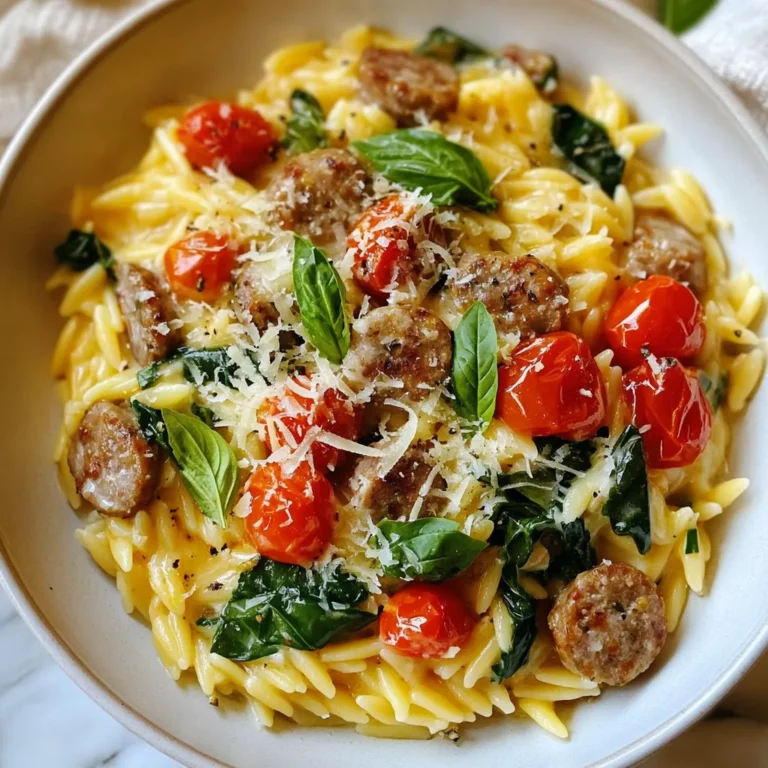 Gather these simple ingredients to make your Creamy Tuscan Orzo with Sausage: - 1 cup orzo pasta - 1 pound Italian sausage (mild or spicy) - 2 tablespoons olive oil - 3 cloves garlic, minced - 1 cup cherry tomatoes, halved - 1 cup spinach, roughly chopped - 1 cup heavy cream - 1/2 cup grated Parmesan cheese - 1 teaspoon Italian seasoning - Salt and pepper to taste - Fresh basil leaves for garnish Each ingredient plays a key role in building flavor and texture in this dish. The orzo pasta gives a nice base, while the sausage adds heartiness. You can choose mild or spicy sausage based on your preference. The olive oil and garlic give a rich base, while the cherry tomatoes and spinach add freshness. The heavy cream and Parmesan create that dreamy sauce, making every bite creamy and delicious. Don't forget the fresh basil! It adds a touch of brightness and flavor that ties everything together. {{ingredient_image_1}} - Bring salted water to a boil. - Cook the orzo according to package directions. Start by filling a large pot with water. Add a good amount of salt. This adds flavor to the orzo. Once the water reaches a rolling boil, add the orzo. Stir it gently to prevent sticking. Cook it until it's al dente. This usually takes about 8-10 minutes, depending on the brand. Drain the orzo and set it aside. - Heat olive oil in a skillet. - Crumble and cook Italian sausage until browned. Next, grab a large skillet and pour in the olive oil. Heat it over medium heat. Once hot, add the Italian sausage. Crumble it with a spatula as it cooks. You want it to get nice and brown. This should take about 5-7 minutes. Make sure it’s cooked through. - Sauté garlic until fragrant. - Add tomatoes and spinach. - Incorporate heavy cream and Parmesan cheese. Now, add the minced garlic to the skillet. Sauté it for about 1-2 minutes. This brings out its rich flavor. Next, toss in the cherry tomatoes and chopped spinach. Cook these for 3-4 minutes. You want the tomatoes to soften and the spinach to wilt. Then, lower the heat and pour in the heavy cream. Add the grated Parmesan cheese next. Stir everything until smooth and creamy. - Add cooked orzo to the sauce. - Stir to combine and heat through. Finally, add the drained orzo to the skillet. Stir it well to coat the pasta in the creamy sauce. Let it heat through for another 2-3 minutes. This allows the flavors to meld together. Once done, your creamy Tuscan orzo with sausage is ready to enjoy! To make the sauce just right, you can adjust the creaminess. If you want it richer, add more heavy cream or cheese. A splash of cream can make it velvety and smooth. Fresh herbs can also boost flavor. Try adding basil or parsley for a pop of freshness. Not only do they taste great, but they also brighten the dish visually. Choosing the right sausage is key. You can go for mild or spicy Italian sausage. Mild gives a sweet flavor, while spicy adds a kick. If you want something different, try chicken sausage or turkey sausage. They work well too and can lighten the dish a bit. If you want a vegetarian option, use plant-based sausage. It tastes great and keeps the meal hearty. You can also add other veggies, like bell peppers or mushrooms. They add color and nutrition. Just sauté them with the garlic to enhance their flavor before mixing in the cream. Pro Tips Use Fresh Ingredients: Fresh spinach and ripe cherry tomatoes will enhance the flavor and texture of the dish. Look for vibrant colors and firm textures when selecting your produce. Customize the Spice Level: Choose mild or spicy Italian sausage based on your preference. You can also add red pepper flakes to increase the heat for an extra kick. Perfectly Cook the Orzo: Make sure to cook the orzo al dente to maintain a slight bite. This will help it hold its shape and texture when combined with the creamy sauce. Garnish for Flavor: Fresh basil not only adds a pop of color but also enhances the overall flavor profile of the dish. Don’t skip this important finishing touch! {{image_2}} If you want a gluten-free version of this dish, you can substitute orzo with gluten-free pasta. Many brands offer pasta that cooks similarly to traditional orzo. Just be sure to check the package for cooking times. Gluten-free pasta may need less time in water than regular orzo. Keep an eye on it to avoid overcooking. You can easily swap the Italian sausage for chicken or ground turkey. Both options work well and add a different flavor. For a vegetarian source of protein, consider adding chickpeas. They add a nice texture and absorb the sauce well. This option keeps the dish hearty and satisfying. To brighten the flavors, try adding lemon zest. It gives a fresh, zesty kick that balances the creaminess. You can also play with different cheese types. For instance, try using mozzarella or feta. Each cheese adds its own unique taste to the dish. Experiment and find your favorite combination! To store leftovers, let them cool first. Place the creamy orzo in an airtight container. This will keep it fresh and tasty. You can store it in the fridge for up to three days. After that, the quality may drop. Always check for any off-smells or signs of spoilage before eating. If you want to freeze your creamy orzo, it’s best to do it right away. Portion the orzo into freezer-safe bags or containers. Squeeze out any air before sealing. This prevents freezer burn. You can freeze it for up to three months. When you’re ready to eat, thaw it overnight in the fridge. To reheat, warm it gently in a skillet over low heat. Add a splash of cream or water to bring back the creaminess. Stir it well until heated through. Enjoy your delicious dish even after storing! It takes about 10 minutes to prep and 15 minutes to cook. So, you can enjoy this dish in just 25 minutes. Yes, you can use alternatives. Try using half-and-half or coconut milk for a lighter dish. You can also blend silken tofu with broth for a creamy texture. This dish pairs well with a fresh salad or garlic bread. A light white wine like Pinot Grigio enhances the meal. You can also serve it with steamed vegetables for a balanced plate. This blog post explored how to make a delicious Creamy Tuscan Orzo with Sausage. We covered the main ingredients, step-by-step cooking instructions, and helpful tips. You can adjust the recipe based on your taste or dietary needs. Don’t forget to try new variations to keep your meals exciting. Enjoy making this easy dish that brings comfort and flavor to your table. With simple steps, you create a meal everyone will love. Happy cooking!