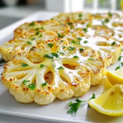 - 1 large head of cauliflower - 4 tablespoons olive oil - 3 cloves garlic, minced - Zest of 1 lemon - Juice of 1 lemon - 1 teaspoon smoked paprika - ½ teaspoon turmeric powder - Salt and pepper to taste - Fresh parsley, chopped (for garnish) Cauliflower is the star here. It is low in calories and high in fiber. This makes it great for filling you up without adding extra calories. Olive oil adds healthy fats and a rich flavor. Garlic gives the dish a bold taste and has great health benefits, too. It can help boost your immune system. Lemon juice and zest bring bright, fresh flavors. They add a tangy punch that wakes up the dish. Smoked paprika gives a nice smoky flavor, adding depth. Turmeric adds a warm color and is known for its anti-inflammatory properties. Salt and pepper enhance all these flavors, making each bite tasty. Finally, fresh parsley adds a pop of color and freshness. If you don’t have cauliflower, broccoli works well as an alternative. For olive oil, you can use avocado oil for a different flavor. If garlic is not your favorite, shallots can be a milder option. Lemon juice can be swapped with lime juice for a zesty twist. For a different spice, try cumin instead of smoked paprika. Always adjust to your taste for the best results! First, gather your ingredients. You need one large head of cauliflower, olive oil, garlic, lemon zest, lemon juice, smoked paprika, turmeric, salt, and pepper. Start by preheating your oven to 425°F (220°C). Next, remove the leaves from the cauliflower and trim the stem slightly. Place the cauliflower upright on a cutting board. With a sharp knife, slice it into ¾-inch thick steaks. You should get about three to four good steaks, plus some florets. Now, let’s get to roasting! In a small bowl, whisk together the olive oil, minced garlic, lemon zest, lemon juice, smoked paprika, turmeric, salt, and pepper. This mixture will add great flavor. Brush both sides of each cauliflower steak with the garlic-lemon mix. Make sure they are well coated. If you have leftover florets, toss them in the same mixture. Place the steaks and florets on a lined baking sheet in one layer. Roast in your preheated oven for 25 to 30 minutes. Flip them halfway through for even cooking. You want them golden brown and tender, with crispy edges. To enhance flavor, ensure you coat the steaks evenly with the garlic-lemon mixture. Don’t rush this step; full coverage makes a big difference. Feel free to adjust seasonings based on your taste. Add more lemon juice for tang or more smoked paprika for depth. For a fresh finish, garnish with chopped parsley before serving. This adds color and a fresh taste. Drizzle any remaining garlic-lemon oil from the baking sheet over the top for extra flavor. Serve with lemon wedges on the side for a pop of color. To roast cauliflower steaks well, start with a sharp knife. Cut the cauliflower into ¾-inch thick slices. This thickness helps them cook evenly. Make sure you brush both sides with the garlic-lemon mix. This adds flavor and keeps them moist. Place them on a baking sheet in a single layer. This way, they roast nicely and get crispy edges. Preheat your oven to 425°F (220°C). This high heat gives the cauliflower a nice golden color. Roast the steaks for 25-30 minutes. Flip them halfway through to ensure they cook evenly. Look for a golden brown color and tender texture. The edges should be slightly crispy for the best taste. Garnishing is key for a great presentation. Fresh parsley adds color and a fresh taste. Drizzle any leftover garlic-lemon oil over the steaks for added flavor. Lemon wedges on the side brighten the dish and add a zesty touch. You can also sprinkle some smoked paprika on top for extra visual appeal. {{image_2}} You can change the flavor of your cauliflower steaks in many ways. Use different spices to suit your taste. For a spicy kick, try adding cayenne pepper or chili powder. If you love herbs, mix in dried thyme or oregano. Fresh herbs like basil or cilantro also add great taste. You can switch the smoked paprika for regular paprika for a milder flavor. Each change gives your dish a new twist. Cauliflower steaks pair well with many side dishes. Serve them with a fresh salad or roasted veggies. They also go great with rice or quinoa. For dips, try tahini sauce or a creamy yogurt dip. Hummus is another tasty choice. These sides and dips make your meal more fun and flavorful. If you want a different cooking method, try grilling the steaks. Preheat your grill and cook them for about 5-7 minutes on each side. This gives them a nice smoky flavor. You can also use an air fryer for a quicker option. Set the air fryer to 400°F (200°C) and cook for 15-20 minutes. Both methods yield a crispy texture while keeping the inside tender. Experiment with these methods to find your favorite! To keep your leftover cauliflower steaks fresh, let them cool first. Place them in an airtight container. You can store them in the fridge for up to three days. If you have extra florets, store them the same way. Make sure they are well covered to keep moisture out. Reheat your leftover cauliflower steaks in the oven for the best results. Preheat your oven to 350°F (175°C). Place the steaks on a baking sheet. Heat for about 10-15 minutes or until they are warm. You can also use a microwave, but the texture may not be as good. If you use a microwave, heat for 1-2 minutes at a time. To freeze your cauliflower steaks, start by cooling them completely. Wrap each steak in plastic wrap, then place them in a freezer-safe bag. Remove as much air as possible. You can freeze them for up to three months. When you’re ready to eat, thaw in the fridge overnight before reheating. This keeps their flavor and texture intact. Yes, you can prepare cauliflower steaks ahead. Slice the cauliflower and coat it. Store the steaks in an airtight container. Keep them in the fridge for up to 24 hours. This saves you time on busy days. For roasted cauliflower, I love using a mix of flavors. Here are some great ideas: - Garlic and Lemon: This recipe shines with lemon, garlic, and olive oil. - Spices: Smoked paprika and turmeric add warmth and color. - Herbs: Fresh herbs like parsley or thyme enhance taste. - Cheese: A sprinkle of Parmesan adds richness. Feel free to mix and match these to find your favorite flavor. You’ll know the steaks are done when they look golden brown. The edges should be slightly crispy. Use a fork to test the tenderness. If it goes in easily, they are ready. Roasting usually takes about 25-30 minutes. Flip them halfway through for even cooking. You learned how to make delicious cauliflower steaks. We covered ingredients, including their benefits and substitutes. I gave you steps for preparation, roasting, seasoning, and garnishing. You also found tips for storing leftovers and reheating them. Plus, I shared ways to change up flavors and cooking methods. Enjoy your cooking adventure! Cauliflower steaks can impress your friends and family. Try new flavors and make this dish your own!