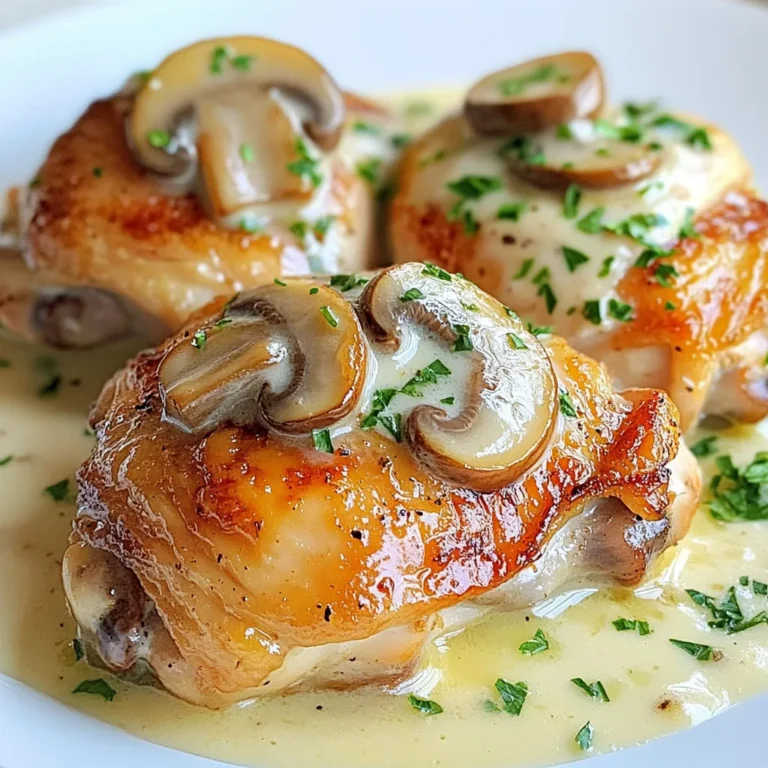 - 4 bone-in chicken thighs, skin-on - 1 cup mushrooms (cremini or button), sliced - 1 cup heavy cream - 1 cup chicken broth - 2 tablespoons olive oil - 2 cloves garlic, minced - 1 onion, finely chopped - 1 teaspoon dried thyme - Salt and pepper to taste - Fresh parsley, chopped (for garnish) When you gather your ingredients, choose fresh items for the best flavor. Use bone-in, skin-on chicken thighs to keep the meat juicy and tender. The mushrooms add a rich, earthy taste. Heavy cream brings creaminess to the sauce and makes it oh-so-delicious. For the pantry staples, chicken broth is key. It adds depth to the sauce. Olive oil helps in searing the chicken for a nice crust. Garlic and onion give great aroma and flavor. Thyme adds a lovely herbal note. Don’t forget to season well with salt and pepper! Lastly, fresh parsley makes a great garnish. It adds a pop of color and freshness to your dish. Having these ingredients ready will make your cooking process smooth and enjoyable. {{ingredient_image_1}} First, take your four chicken thighs. Season both sides with salt and pepper. This step adds flavor. Make sure you coat them well. You want every bite to taste great. Next, grab a large skillet. Heat two tablespoons of olive oil over medium-high heat. When the oil is hot, add the chicken thighs, skin-side down. Sear them for 5-7 minutes. Look for a golden brown color on the skin. Once you flip the thighs, sear the other side for another 5 minutes. This adds a nice crust. After searing, take the chicken out and set it aside. In the same skillet, lower the heat to medium. Add a finely chopped onion. Cook for 3-4 minutes until it turns translucent. Then, add two cloves of minced garlic and one cup of sliced mushrooms. Cook everything together for about 5 minutes. The mushrooms should become tender and juicy. Now, it’s time to make the sauce. Pour in one cup of chicken broth. Scrape the bottom of the skillet to get all the tasty bits. Then stir in one cup of heavy cream and one teaspoon of dried thyme. Season with salt and pepper to taste. The sauce should look creamy and rich. Return the chicken thighs to the skillet, skin-side up. Make sure they are covered with the sauce. Bring it to a gentle simmer. Lower the heat and cover the skillet. Cook for 25-30 minutes. This slow cooking makes the chicken tender and juicy. Once the chicken is done, remove the skillet from heat. Let it sit for a minute. This helps the flavors settle. Before serving, sprinkle fresh chopped parsley on top. This adds color and freshness to your dish. Enjoy your creamy mushroom chicken thighs! To get crispy skin and juicy meat, start with bone-in, skin-on chicken thighs. Season them well with salt and pepper before cooking. Heat olive oil in a skillet over medium-high heat. Sear the chicken skin-side down for 5-7 minutes until golden brown. Flip the thighs and cook the other side for 5 minutes. This searing step adds flavor and texture. Remember to let the chicken rest after cooking to keep it juicy. You can adjust the sauce to your liking. If you want a thicker sauce, let it simmer longer. This reduces the liquid and concentrates the flavor. For a thinner sauce, add more chicken broth or a splash of water. Stir well to combine. You can also use a cornstarch slurry for quick thickening. Just mix cornstarch with cold water, then stir it into the sauce while it simmers. Add more depth to your dish with herbs and spices. Fresh thyme can brighten the flavors. Try rosemary or sage for a different twist. A pinch of red pepper flakes can add heat. For a rich taste, consider adding a splash of white wine before the broth. You can also mix in some grated Parmesan cheese for a cheesy twist. These simple enhancements can elevate your creamy mushroom chicken thighs to a new level. Pro Tips Use Fresh Herbs: Fresh thyme or parsley can elevate the flavor profile of your dish significantly compared to dried herbs. Check Chicken Temperature: Ensure the internal temperature of the chicken thighs reaches 165°F (75°C) for safe consumption. Thicken the Sauce: If you prefer a thicker sauce, let it simmer uncovered for the last few minutes of cooking. Pair with Sides: This dish pairs wonderfully with mashed potatoes or a fresh green salad for a complete meal. {{image_2}} You can use many types of mushrooms in this dish. Cremini mushrooms add a rich, earthy flavor. Button mushrooms give a mild taste and nice texture. Shiitake mushrooms bring a unique taste and aroma. Mix different types for a more complex flavor. Try to slice them evenly for even cooking. If you want a lighter version, use half-and-half instead of heavy cream. Coconut milk offers a dairy-free option with a hint of sweetness. You can also use Greek yogurt mixed with chicken broth for a creamy texture. These substitutes keep the dish tasty while reducing calories. Adding veggies can boost flavor and nutrition. Spinach cooks quickly and adds color. Broccoli is great for a crunchy texture. You can also try peppers or zucchini for a fresh touch. Just remember to adjust cooking times for different vegetables. This way, you get a colorful, healthy meal. To store leftovers, let the creamy mushroom chicken thighs cool first. Place them in an airtight container. Make sure to seal it tightly to keep out air. You can keep it in the fridge for up to three days. Always label the container with the date. This helps you remember when you made the dish. If you want to freeze the chicken, follow these steps. First, let the dish cool completely. Then, portion it into freezer-safe bags or containers. Remove as much air as possible to prevent freezer burn. You can freeze it for up to three months. Remember to label the bags with the date and contents. This way, you know what you have later. When it's time to reheat, you have a few options. The best way is to use the stovetop. Place the chicken and sauce in a skillet over low heat. Stir gently to warm it up. You can also use the microwave. Just cover the dish and heat in short bursts. Check often to avoid overcooking. This keeps the chicken tender and the sauce creamy. Yes, you can use boneless chicken thighs. They cook faster than bone-in thighs. To adjust, sear them for about 5 minutes on each side. Then, follow the same steps for making the sauce. Keep an eye on the cooking time. Boneless thighs usually take about 15-20 minutes to cook through. Creamy mushroom chicken thighs pair well with many sides. Here are some tasty options: - Rice or risotto - Mashed potatoes - Steamed vegetables - Garlic bread - A fresh green salad These sides complement the rich sauce and juicy chicken. Leftover creamy mushroom chicken thighs can last in the fridge for about 3-4 days. Store them in an airtight container. If you want to keep them longer, freeze them for up to 3 months. Just remember to thaw them in the fridge before reheating. For best results, reheat in a skillet or microwave until hot. This blog post covered how to make delicious creamy mushroom chicken thighs. We shared steps for preparing chicken, making a rich sauce, and tips for perfecting the dish. Remember to use nice, fresh mushrooms and season well! Explore variations to make the meal your own. Store leftovers properly to enjoy later. With these tips and tricks, you can create a dish that impresses everyone at your table. Happy cooking!