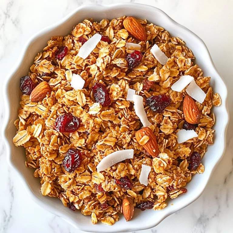 - 2 cups rolled oats - 1 cup nuts (such as almonds and walnuts), roughly chopped - 1/2 cup sunflower seeds - 1/2 cup unsweetened shredded coconut - 1/2 cup maple syrup - 1/4 cup brown sugar - 1/4 cup coconut oil, melted - 1 teaspoon vanilla extract - 1/2 teaspoon salt - 1 teaspoon cinnamon - 1 cup dried fruit (such as cranberries or raisins) To make maple brown sugar granola, you need simple yet tasty ingredients. This recipe brings together oats, nuts, seeds, and coconut for a crunchy base. The sweeteners, like maple syrup and brown sugar, give it a rich flavor. Coconut oil helps bind everything together and adds healthy fats. For spices, I use vanilla, salt, and cinnamon. These enhance the taste and make your kitchen smell amazing. Lastly, don’t forget the dried fruit! It adds a chewy texture and bursts of sweetness. You can use cranberries or raisins, but feel free to switch it up with your favorites. This mix of ingredients not only makes a great snack but also packs nutrition. Each bite is full of energy and flavor. {{ingredient_image_1}} 1. Preheat your oven to 325°F (165°C). This helps the granola cook evenly. 2. Line a large baking sheet with parchment paper. This keeps the granola from sticking. 3. In a large mixing bowl, combine the rolled oats, chopped nuts, sunflower seeds, and shredded coconut. Stir well to mix all the dry ingredients together. 4. In a separate bowl, whisk together the maple syrup, brown sugar, melted coconut oil, vanilla extract, salt, and cinnamon until smooth. This creates a sweet mixture for the granola. 1. Pour the wet ingredients over the dry ingredients in the large bowl. Mix until everything is evenly coated. 2. Spread the granola mixture evenly on the prepared baking sheet. Press it down gently with a spatula for even baking. 3. Bake in the preheated oven for 20-25 minutes. Stir halfway through to ensure it bakes evenly and turns golden brown. 1. Let the granola cool on the baking sheet after baking. Cooling is key for crispness. 2. Once cool, mix in the dried fruit. This adds a nice chew to your granola. 3. Store in an airtight container at room temperature. Your granola stays fresh for up to two weeks. To get that perfect crunch in your granola, aim for an even golden color. Start by spreading your granola thinly on the baking sheet. This helps it bake evenly. Stir it halfway through the baking time. This step ensures that all parts get that lovely golden hue. Don’t be afraid to play with flavors! You can add spices like nutmeg or ginger for a warm taste. Try using different nuts and fruits too. Almonds and walnuts work great, but hazelnuts or pecans can add a nice twist. For fruit, cranberries and raisins are classics, but feel free to explore dried apricots or cherries. Watch the time closely when baking. Overbaking can lead to burnt granola, while underbaking makes it chewy. After baking, let your granola cool completely on the baking sheet. This step is key for it to become crisp. If you skip this, you might end up with soggy granola. Pro Tips Use Fresh Ingredients: Ensure your nuts and dried fruits are fresh for the best flavor and texture in your granola. Customize Your Nuts: Feel free to experiment with different nuts like pecans or hazelnuts to create your own unique blend. Watch the Baking Time: Keep an eye on the granola as it bakes; it can go from golden to burnt quickly if left unattended. Storage Matters: Store the granola in an airtight container to maintain its crispness and prevent it from becoming stale. {{image_2}} You can easily make this granola nut-free. Simply replace the nuts with more seeds. Try using an extra half cup of sunflower seeds or pumpkin seeds. These additions keep the crunch and add good nutrients. Adjust the texture by adding more coconut or oats. Both give the granola a nice bite. Want to spice things up? Adding dark chocolate chips gives a sweet twist. Mix in a few tablespoons of cocoa powder for a rich taste. You could also add spices like nutmeg or ginger for warmth. Protein powders are great too! They boost nutrition without changing the flavor much. Vanilla or chocolate protein works best. Granola can change with the seasons. In fall, mix in chopped apples or pears with cinnamon. During winter, try dried cranberries or figs for a festive touch. In summer, add fresh berries like strawberries or blueberries. Each season brings new flavors to enjoy. Just remember to adjust the baking time if you add fresh fruit. Store your granola in an airtight container. This keeps it fresh and crunchy. Glass or plastic containers work well. Make sure the lid seals tightly. Keep your granola in a cool, dry place. Avoid areas with heat or moisture, like near the stove. Your granola will stay fresh for about two weeks at room temperature. After that, it may lose its crunch and flavor. Watch for signs of spoilage. If it smells off or looks stale, it’s time to toss it. You can freeze granola for longer storage. Place it in a freezer-safe bag or container. Squeeze out as much air as possible. To thaw, just take it out and leave it at room temperature for a few hours. This way, you can enjoy your snack later without losing its taste! To make granola cluster together, you need to follow a few simple steps. First, use enough liquid ingredients, like maple syrup and coconut oil. These help bind the oats and nuts. Next, press the mixture down firmly on the baking sheet before baking. This helps create clumps. Bake it at a lower temperature, around 325°F. Stir it only halfway through baking, and let it cool completely on the sheet. This cooling step is key. As it cools, it hardens and forms clusters. Yes, you can use other sweeteners besides maple syrup. Honey is a popular choice. It adds a nice flavor, too. Agave nectar is another option. You can also use brown rice syrup for a vegan choice. If you want less sugar, try unsweetened applesauce. Just remember to adjust the wet ingredients, so the texture stays right. Each sweetener will add its own taste, so choose what you like best. Granola offers many health benefits. The oats provide fiber, which helps with digestion. Nuts like almonds and walnuts add healthy fats and protein. Sunflower seeds are rich in vitamins and minerals. Coconut adds healthy fats, too. Dried fruits like cranberries offer natural sweetness and antioxidants. Together, these ingredients create a balanced snack that fuels your day. It’s a great way to start your morning or have a quick snack. Customizing your granola is easy and fun! Start by changing the nuts or seeds. You can use pecans, hazelnuts, or pumpkin seeds. Add different dried fruits, like apricots or figs, for variety. For spices, try nutmeg or ginger for a new flavor. You can even mix in some chocolate chips or coconut flakes. Just keep the basic ratios the same for the best results. This way, you can make a granola that fits your taste perfectly. You learned how to make granola with simple ingredients, from oats to spices. The step-by-step guide makes the process easy, ensuring a crunchy treat. I shared tips on achieving the perfect texture and avoiding common mistakes. You can vary your granola with flavors and adapt it to your taste. Remember to store it well for freshness. Making granola is fun and lets you enjoy a healthy snack your way. Try it today and savor your creation!