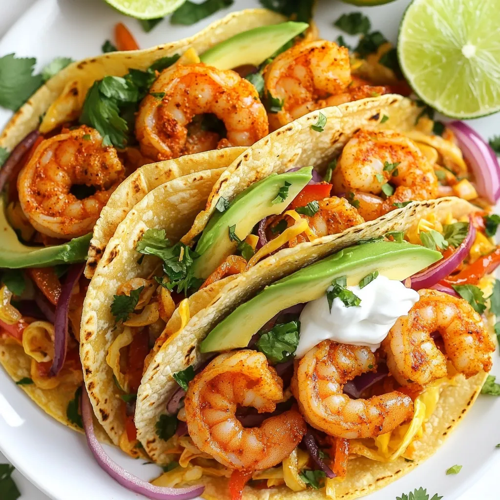 - 1 lb large shrimp, peeled and deveined - 2 tablespoons Cajun seasoning - 1 tablespoon olive oil - 1 red bell pepper, sliced - 1 green bell pepper, sliced - 1 small red onion, thinly sliced - 8 small corn tortillas - 1 avocado, sliced - 1 cup shredded cabbage - ½ cup sour cream or Greek yogurt - 2 tablespoons lime juice - Salt and pepper to taste - Fresh cilantro, for garnish Using precise measurements helps you get the best flavor. For shrimp, use 1 pound. This gives four servings, perfect for taco night. Measure 2 tablespoons of Cajun seasoning. This spice mix gives the shrimp that bold kick. Use 1 tablespoon of olive oil to cook the shrimp and veggies. The oil helps to prevent sticking. For veggies, slice 1 red and 1 green bell pepper. You want them thin for even cooking. A small red onion adds sweetness. For the tortillas, grab 8 small corn ones; they hold the filling well. You’ll need 1 avocado, sliced, to add creaminess. A cup of shredded cabbage gives crunch. Use ½ cup of sour cream or Greek yogurt for a tangy sauce. Finally, squeeze 2 tablespoons of lime juice for freshness. Fresh ingredients make all the difference in taste. Choose shrimp that smells clean and ocean-like. Look for firm and shiny shells. For peppers, select ones that feel heavy and have smooth skin. Choose bright colors for the best flavor. When picking onions, go for ones that are firm and have no soft spots. For tortillas, look for those made with just corn and water. Fresh cilantro should be bright green and fragrant. Avoid any wilting or yellow leaves. These tips ensure your tacos taste amazing! {{ingredient_image_1}} First, grab your shrimp. You need one pound of large shrimp, peeled and deveined. In a bowl, mix the shrimp with two tablespoons of Cajun seasoning. Add one tablespoon of olive oil, salt, and pepper to taste. Toss everything together well. This step coats the shrimp with flavor. Let the shrimp sit for a few minutes as you prepare the veggies. This allows the spices to soak in. Now, it's time for the vegetables. In a large skillet over medium-high heat, add the shrimp. Cook them for about 2-3 minutes on each side. You want them to turn pink and be cooked through. Once done, remove the shrimp and set them aside. In the same skillet, add sliced red and green bell peppers, along with thinly sliced red onion. Sauté them for about five minutes. You want them softened and slightly caramelized. This adds sweetness to your tacos. Now, let's put it all together. Warm the corn tortillas on a dry skillet or grill for about 30 seconds on each side. This makes them pliable and tasty. On each tortilla, place a layer of the sautéed veggies. Then, add a few shrimp on top. Finish with slices of avocado and a handful of shredded cabbage. For extra creaminess, drizzle sour cream or Greek yogurt mixed with two tablespoons of lime juice on top. Garnish with fresh cilantro and a squeeze of lime juice for a burst of flavor. Enjoy your spicy Cajun shrimp tacos! To cook shrimp well, keep a close eye on them. Start with a hot skillet. Toss the shrimp in Cajun seasoning and olive oil. Cook the shrimp for 2-3 minutes on each side. They are done when they turn pink and opaque. Overcooking can make them tough and rubbery. Toppings can make your tacos shine. Here are some ideas: - Avocado: Adds creaminess and a rich flavor. - Shredded cabbage: Gives a nice crunch. - Sour cream or Greek yogurt: Balances the spice with coolness. - Fresh cilantro: Brightens the taste. - Lime wedges: A squeeze of lime adds freshness. Feel free to mix and match your favorites! These tacos are easy to serve. Use a large platter for a fun family meal. You can also set up a taco bar. Let everyone build their own tacos. This adds a fun touch to the meal. For sides, consider serving black beans or rice. They pair well with the spicy flavors. Pro Tips Perfectly Cooked Shrimp: Ensure your shrimp are cooked just until they turn pink and opaque. Overcooking will make them tough and rubbery. Customize Your Spice Level: Adjust the amount of Cajun seasoning to match your heat preference. You can also add fresh jalapeños for an extra kick! Fresh Tortillas: For the best flavor and texture, use freshly made corn tortillas if possible. They provide a delightful authenticity to your tacos. Garnish Wisely: Fresh cilantro and a squeeze of lime juice elevate the flavors significantly. Don’t skip these garnishes for a burst of freshness! {{image_2}} You can switch shrimp for other proteins. Chicken, fish, or tofu work well. For chicken, use thighs or breasts. Cook it just like you do with shrimp. For fish, salmon or tilapia are tasty options. Sauté them with Cajun seasoning for great flavor. Tofu is a great choice for a plant-based meal. Press the tofu to remove extra water, then season and cook it as you would shrimp. If you want a vegetarian version, skip the shrimp. You can use black beans or chickpeas instead. These add protein and fiber. Sauté them with Cajun spices for a kick. Grilled veggies like zucchini or corn also work great. They add a nice texture and flavor. Don’t forget to pile on the avocado and cabbage for added crunch. To boost the flavor, try adding fresh herbs. Chopped cilantro or parsley is a great choice. You can also mix in some hot sauce for extra heat. Another idea is to add a splash of mango salsa. It gives a sweet contrast to the spice. Lime juice brightens up all the flavors, so don’t skip it. You can even try different types of cheese or a spicy aioli for a creamy touch. To keep your Spicy Cajun shrimp tacos fresh, store them in an airtight container. Place the shrimp and veggies in one container and the tortillas in another. This keeps them from getting soggy. You can store the leftovers in the fridge for up to three days. If you have extra toppings, store them separately as well. When you're ready to enjoy your leftovers, reheat the shrimp and veggies in a skillet over medium heat. This helps keep the flavors intact. Warm the tortillas on a dry skillet for about 30 seconds each side. You want them soft and pliable. Avoid using the microwave, as it can make them tough. If you want to save some for later, you can freeze the shrimp and veggies. Pack them in a freezer-safe bag. Squeeze out as much air as you can. They will last up to three months in the freezer. When you’re ready to eat, thaw them in the fridge overnight before reheating. Keep in mind, tortillas do not freeze well, so it's best to prepare those fresh. If you don’t have Cajun seasoning, don’t worry! You can mix your spices. Combine paprika, garlic powder, onion powder, and black pepper. Use equal parts of each spice to make your own blend. This mix gives great flavor without Cajun seasoning. Yes, you can! Prepare the shrimp and veggies ahead. Store them in the fridge for up to two days. Just warm them before serving. You can also prepare the toppings in advance. Keep the avocado fresh by adding lime juice to it. To lower the heat, use less Cajun seasoning. You can also use mild seasoning blends. Adding more sour cream or Greek yogurt helps cool the dish too. Serve with extra toppings like avocado and cabbage for added flavor without spice. This blog post covered all the key steps to make delicious shrimp tacos. We explored the best ingredients, precise measurements, and tips for freshness. You learned how to prepare shrimp, cook veggies, and assemble tacos. I shared cooking tips, topping ideas, and serving suggestions. We also looked at tasty variations, storage methods, and answered common questions. Now, you’re ready to create your perfect shrimp tacos. Enjoy experimenting with flavors and impress your family and friends!
