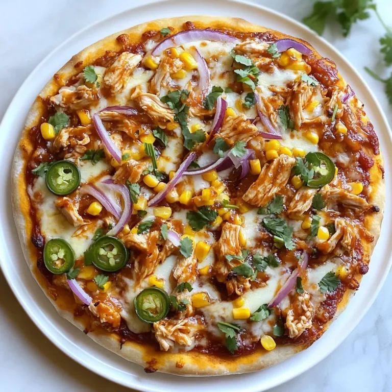 - Premade pizza dough or homemade pizza dough - Cooked shredded chicken - Chipotle-flavored BBQ sauce - Shredded mozzarella cheese - Red onion - Fresh cilantro - Corn kernels - Jalapeño - Olive oil - Salt and pepper For this Chipotle BBQ Chicken Pizza, I love to keep things simple yet full of flavor. The base starts with either premade dough or your own homemade version. This flexibility lets you choose what works best for your kitchen skills and time. The star of this pizza is the cooked shredded chicken. I usually opt for rotisserie chicken because it saves time and adds a great taste. Coat the chicken in chipotle-flavored BBQ sauce for that smoky kick. Cheese is essential; I use shredded mozzarella for that melty goodness. It pairs well with the other toppings and adds creaminess. Next, red onion brings a nice crunch and a hint of sweetness. I slice it thinly so it cooks perfectly in the oven. Fresh cilantro adds a burst of freshness. If you love it, sprinkle a bit on top after baking. Corn kernels also make a tasty addition. They add sweetness and texture, which I find delightful. If you like heat, don’t forget the jalapeño. Slice it thin and scatter it across the pizza for an extra kick. A brush of olive oil on the dough gives it a lovely golden color. Finally, season with salt and pepper to enhance all those wonderful flavors. Gather these ingredients, and you're ready for a flavorful feast! {{ingredient_image_1}} First, you need to preheat your oven. Set it to 475°F (245°C). If you have a pizza stone, place it inside while it heats. This helps create a crispy crust. Next, roll out the pizza dough. You can use premade dough or make your own. On a lightly floured surface, press and stretch the dough to your desired thickness. Once it’s ready, move it to a baking sheet or pizza stone lined with parchment paper. Now, let’s mix the chicken with the BBQ sauce. In a bowl, combine 1 cup of shredded chicken with 1/2 cup of chipotle BBQ sauce. You can adjust the sauce to match your taste. Make sure the chicken is well coated. After that, it’s time to arrange the toppings. Brush the pizza dough lightly with olive oil. Sprinkle a pinch of salt and pepper on top. Then, spread the sauced chicken evenly over the dough. Next, add 1 cup of shredded mozzarella cheese on top of the chicken. Finally, scatter 1/2 cup of thinly sliced red onion and 1/2 cup of corn over the cheese. If you like spice, add thin slices of jalapeño. Now, it’s time to bake! Place your pizza in the preheated oven. Bake for 12-15 minutes. The cheese should be melted and bubbly, and the crust should turn golden brown. Once baked, take the pizza out of the oven. Let it cool for a couple of minutes. If you want, garnish with chopped cilantro. Now, slice it into wedges and serve hot! Enjoy your delicious Chipotle BBQ Chicken Pizza! To achieve a crispy crust, preheat your oven to 475°F (245°C). Use a pizza stone if you have one; it adds great heat. Roll the dough out thin for a crunchier bite. If you prefer a thicker crust, roll it out to about ½ inch. Just keep in mind, a thicker crust may need a few extra minutes to bake. Adjust the BBQ sauce to match your taste. If you want more heat, add extra chipotle sauce. Mix in some honey for a hint of sweetness. Don't shy away from toppings! Consider adding bell peppers, olives, or even pineapple. Each adds a new twist to the flavor. Pair your pizza with a fresh salad. A simple green salad with vinaigrette works great. You can also serve some garlic bread on the side. For drinks, a cold soda or a light beer complements the flavors well. If you want something special, try a craft beer with a fruity note. Pro Tips Use Fresh Ingredients: Always opt for fresh chicken and vegetables for a vibrant flavor and texture. Preheat Your Oven: Ensuring your oven is fully preheated is key to achieving a crispy crust. Experiment with Toppings: Feel free to add or substitute other toppings like bell peppers, olives, or different cheeses for a unique twist. Let It Cool: Allow the pizza to cool for a few minutes before slicing to help the cheese set and prevent toppings from sliding off. {{image_2}} You can change up the chicken for your pizza. Grilled chicken adds a nice smoky taste. Rotisserie chicken is easy and full of flavor. Smoked chicken gives a deep, rich flavor too. Each type brings its own twist to the pizza. Try each one and see which you like best! Don't feel stuck with just chipotle BBQ sauce. You can use other BBQ sauces too. A sweet BBQ sauce adds a nice contrast. If you like spice, try a spicy BBQ sauce. For something unique, a honey BBQ sauce could work well. Mixing sauces can create fun new flavors! Get creative with your toppings! If you want a vegetarian option, leave out the chicken. You can add more veggies like bell peppers or mushrooms. Different cheese types can change the taste too. Try using gouda or pepper jack for a fun twist. Customize this pizza to match your taste and enjoy! You can store your leftover Chipotle BBQ chicken pizza in two ways: in the refrigerator or freezer. - Refrigerator: Wrap the pizza slices tightly in foil or plastic wrap. Place them in an airtight container. This keeps the pizza fresh for up to 3 days. - Freezer: For longer storage, wrap each slice in plastic wrap, then place them in a freezer bag. This way, the pizza stays good for about 2 months. Reheating pizza can be tricky. You want to keep it nice and crispy. - Oven: Preheat your oven to 375°F (190°C). Place the pizza directly on the oven rack or on a baking sheet. Heat for about 10-15 minutes. This method helps keep the crust crispy. - Skillet: You can use a skillet too. Heat a skillet over medium heat. Add the pizza slice and cover it with a lid. Heat for about 5-7 minutes. This method warms the pizza while keeping the crust crisp. How long can you keep this pizza? - In the refrigerator, it lasts about 3 days. - In the freezer, it can stay fresh for 2 months. Make sure to check for any odd smells or changes in color before eating. Enjoy your pizza! Chipotle BBQ Chicken Pizza is a fun twist on classic pizza. It features tender, shredded chicken mixed with a smoky chipotle BBQ sauce. The flavors are bold and zesty, with a bit of heat. Toppings include gooey mozzarella cheese, sweet corn, and crunchy red onions. You can add jalapeños for extra spice. This pizza is a great choice for a casual dinner or a party. Yes, you can make this pizza ahead of time. Prepare the chicken and sauce mixture and store it in the fridge. You can also slice the veggies and cheese. Roll out the dough and keep it in the fridge, too. When you're ready to bake, just combine all the toppings and pop it in the oven. This saves time and makes meal prep easy. If you want to switch things up, try using pesto or buffalo sauce. These sauces add a fresh twist to the pizza. You can also use a creamy ranch dressing for a different flavor. Each option changes the taste, so feel free to experiment and find your favorite. Yes, there are many gluten-free pizza dough options available. You can buy premade gluten-free dough at the store. There are also recipes to make your own using gluten-free flour. This way, everyone can enjoy a slice of delicious pizza! This blog post covered how to make a tasty Chipotle BBQ Chicken Pizza. We looked at ingredients, steps for preparation, and tips for perfect crust and flavor. I shared variations and storage advice to enjoy this dish later. In my final thoughts, making this pizza is fun and flexible. You can customize it to fit your taste. Just have the right ingredients and follow the steps for a great meal. Enjoy the process and your delicious results!