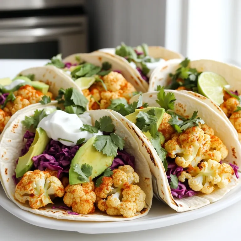 To make the Spicy Roasted Cauliflower Tacos, you need these main items: - 1 medium head of cauliflower, cut into florets - 2 tablespoons olive oil - 8 small corn tortillas - 1 avocado, sliced - 1 cup red cabbage, shredded - ½ cup fresh cilantro, chopped - ¼ cup lime juice The spices add great flavor to the cauliflower. You will need: - 2 teaspoons smoked paprika - 1 teaspoon cumin - 1 teaspoon chili powder - ½ teaspoon cayenne pepper (adjust to taste) - Salt and pepper to taste These spices make the cauliflower spicy and smoky, perfect for tacos. You can add more flavor and texture with these optional toppings: - ½ cup Greek yogurt or vegan sour cream This adds creaminess and balances the spice. Feel free to mix and match the toppings to suit your taste. First, gather your ingredients. You need one medium head of cauliflower, olive oil, spices, and tortillas. Cut the cauliflower into small florets. This helps them roast evenly. In a large bowl, mix the cauliflower with two tablespoons of olive oil. Add smoked paprika, cumin, chili powder, cayenne pepper, salt, and pepper. Toss everything together until the florets are well-coated. Next, preheat your oven to 425°F (220°C). Line a baking sheet with parchment paper. Spread the seasoned cauliflower on the sheet in a single layer. This allows for even roasting. Roast the cauliflower for 20-25 minutes. Flip the florets halfway through to ensure they brown nicely. They should come out golden and tender. While the cauliflower roasts, warm your corn tortillas in a skillet. Heat each side for about 30 seconds. This makes them soft and easy to fold. Once the cauliflower is done, let it cool slightly. Take a warm tortilla and fill it with roasted cauliflower. Add slices of avocado, shredded red cabbage, and chopped cilantro. Finish with a drizzle of lime juice. If you like, top with Greek yogurt or vegan sour cream. Enjoy your fresh and tasty tacos right away! To get the best roasted cauliflower, start with fresh florets. Cut them into even pieces. This helps them cook at the same rate. Use olive oil to coat them well. The oil helps the spices stick and adds flavor. Don’t rush the roasting. Aim for 20-25 minutes at 425°F. Flip them halfway through to get all sides crispy. You want them golden brown and tender. If you like more spice, add more cayenne pepper. This makes the dish even more exciting. Warming tortillas is key for great tacos. Use a skillet over medium heat. Heat each tortilla for about 30 seconds on each side. This makes them soft and easy to fold. You can also wrap them in foil and warm them in the oven. Just keep an eye on them to avoid burning. A hot tortilla enhances the whole taco experience. It also helps keep the fillings inside better. Create a beautiful plate for your tacos. Start with a warm tortilla as your base. Fill it generously with roasted cauliflower. Add avocado slices and a handful of red cabbage for crunch. Sprinkle fresh cilantro on top for color and flavor. Squeeze lime juice over everything before serving. If you want, add a dollop of Greek yogurt or vegan sour cream. This adds creaminess and balances the heat. Serve immediately for the best taste. Your guests will love the fresh and tasty meal! {{image_2}} You can make your tacos even better with fun toppings. Here are some ideas: - Sliced radishes: They add a nice crunch. - Pickled onions: They give a tangy kick. - Feta cheese: It adds saltiness and creaminess. - Jalapeños: For extra heat, add fresh or pickled slices. - Black beans: They boost protein and fiber. Feel free to mix and match these toppings. Each one brings a new flavor and texture. Adjusting the flavors can change your taco experience. Try these tips: - Add more spices: Increase the chili powder or cayenne for more heat. - Use different herbs: Swap cilantro for parsley or mint for a different taste. - Add a sauce: Drizzle your favorite hot sauce or a mango salsa for sweetness. - Marinate the cauliflower: Let it soak in lime juice for a zesty kick before roasting. These small changes can make a big difference in taste. The type of tortilla you choose can change the meal. Here are some options: - Flour tortillas: They are soft and chewy, great for holding fillings. - Whole wheat tortillas: These add a nutty flavor and more fiber. - Lettuce wraps: For a low-carb option, use large lettuce leaves instead. - Corn tortillas: They are traditional and add a nice corn flavor. Experiment with different tortillas. Each type can give your tacos a new twist. After enjoying your spicy roasted cauliflower tacos, you might have some left. Store the leftover tacos in an airtight container. Keep them in the fridge for up to three days. Make sure to store the ingredients separately. This keeps everything fresh and tasty. To reheat, take out the cauliflower and tortillas. Heat the cauliflower in a pan over medium heat for about 5 minutes. Warm the tortillas in a skillet for 30 seconds on each side. This will bring back the crunch and flavor. You can also use a microwave, but the oven gives better results. If you want to save some for later, you can freeze the roasted cauliflower. Place the cooled cauliflower in a freezer-safe bag. Remove as much air as possible before sealing. It can last up to three months. When you’re ready to eat, thaw it overnight in the fridge. Reheat as described earlier. Yes, you can use frozen cauliflower. Just make sure to thaw it first. Pat it dry with a towel to remove extra moisture. This will help the cauliflower crisp up when you roast it. These tacos can be as spicy as you like. The cayenne pepper gives a good kick, but you can adjust the amount. If you prefer milder flavors, use less cayenne or add more yogurt to balance the heat. You can substitute Greek yogurt with vegan sour cream or plain yogurt. If you're avoiding dairy, try using cashew cream or avocado. Both options add creaminess without changing the flavor much. This blog post covered how to make tasty roasted cauliflower tacos. You learned about the main ingredients, spices, and optional toppings. I shared step-by-step instructions for prep, roasting, and assembly. I also offered tips for perfect roasting and serving. Variations let you explore different toppings and tortillas. Finally, we discussed how to store and reheat leftovers. Try these tacos for a fun meal. You’ll enjoy the flavors and ease of making them!