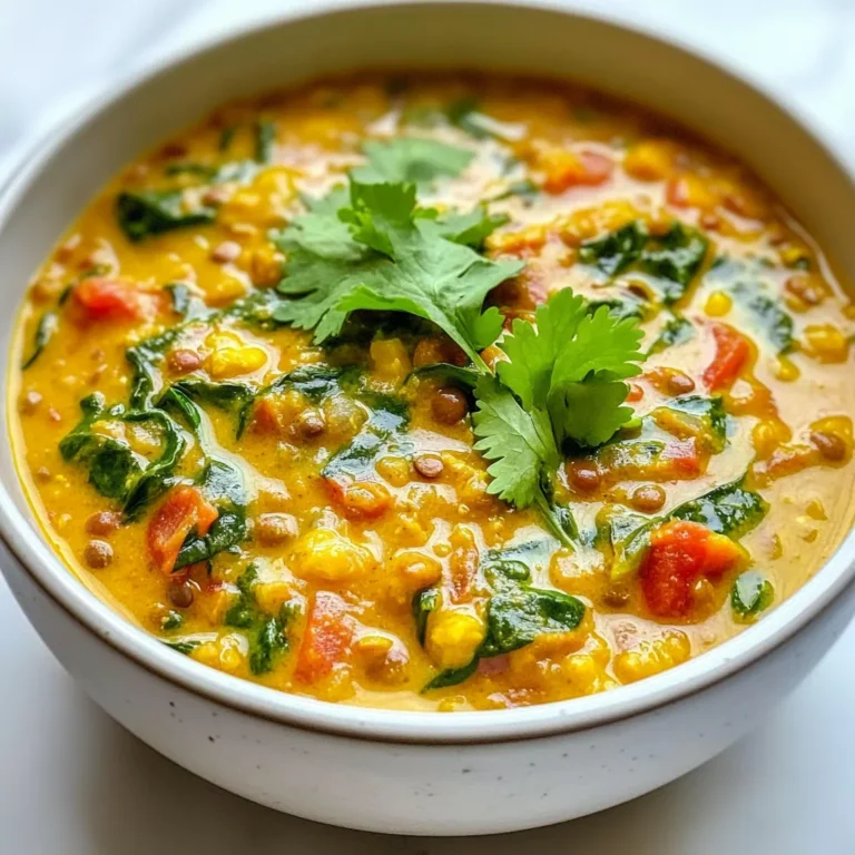- 1 cup red lentils, rinsed - 1 can (14 oz) coconut milk - 1 cup vegetable broth - 1 medium onion, diced - 3 garlic cloves, minced - 1 tablespoon ginger, grated - 1 tablespoon curry powder - 1 teaspoon turmeric powder - 1 teaspoon cumin seeds - 1 can (14 oz) diced tomatoes - 2 cups fresh spinach - 2 tablespoons olive oil - Salt and pepper to taste - Fresh cilantro for garnish When I cook creamy coconut lentil curry, I love how easy it is. The ingredients come together quickly. First, you need red lentils. They are soft and cook fast, making them perfect for this dish. Next, coconut milk adds a rich creaminess that blends well with the spices. I always choose vegetable broth for flavor. It gives the dish depth without meat. Diced tomatoes add a nice tang. The fresh spinach brings color and nutrients, making the curry even better. For the spices, I use curry powder, turmeric, and cumin seeds. These give the curry a warm flavor. Onions, garlic, and ginger build the base. Together, they create a fragrant aroma that makes my kitchen smell amazing. I finish with salt and pepper to taste. Fresh cilantro is my go-to garnish, adding a pop of freshness. With these simple ingredients, you can make a tasty, healthy meal. {{ingredient_image_1}} 1. Heating oil and sautéing onions Start by heating 2 tablespoons of olive oil in a large pot over medium heat. Once the oil is hot, add 1 medium diced onion. Sauté it for about 5 minutes until it becomes soft and translucent. 2. Adding garlic and ginger Next, add 3 minced garlic cloves and 1 tablespoon of grated ginger to the pot. Stir them in and cook for another 1 to 2 minutes. This step fills your kitchen with a lovely aroma. 3. Toasting spices Now, add 1 tablespoon of curry powder, 1 teaspoon of turmeric powder, and 1 teaspoon of cumin seeds. Stir the mix for about 1 minute. Toasting the spices helps to bring out their flavors. 1. Incorporating lentils, tomatoes, broth, and coconut milk Add 1 cup of rinsed red lentils and 1 can of diced tomatoes (with their juice) to the pot. Then pour in 1 cup of vegetable broth and 1 can (14 oz) of coconut milk. Stir well and bring the mixture to a gentle boil. 2. Simmering the mixture Once boiling, reduce the heat to low. Cover the pot and let it simmer for 20 to 25 minutes. This allows the lentils to cook until they are tender. Stir occasionally to prevent sticking. 3. Adding spinach and final seasoning When the lentils are soft, stir in 2 cups of fresh spinach. Cook for about 2 to 3 minutes until the spinach wilts. Finally, season your curry with salt and pepper to taste. Adjust the seasoning or add more broth if needed. - How to rinse lentils properly: Start by placing the lentils in a fine mesh strainer. Rinse them under cold water. Swirl them gently with your hand to remove dust and debris. This step helps keep your curry clean and tasty. - Choosing the right spices for flavor enhancement: Use fresh spices for the best taste. Curry powder, turmeric, and cumin seeds add depth. Feel free to add chili powder for heat or paprika for smokiness. Trust your taste buds and mix spices you love. - Adjusting seasoning to taste: After cooking, taste your curry. If it needs more flavor, add salt or pepper. A squeeze of lime can brighten the dish, too. Don't be shy about tweaking it to your liking. - Ensuring lentils are perfectly tender: Keep an eye on the cooking time. Red lentils cook fast, about 20-25 minutes. Stir occasionally to avoid sticking. If they are not soft enough, let them simmer longer. - Tips for achieving the desired curry consistency: If your curry is thick, add a bit more vegetable broth or coconut milk. For a thicker curry, let it simmer uncovered. This helps reduce excess liquid. - Storing leftovers: Let the curry cool first. Transfer it to an airtight container. Store in the fridge for up to three days. You can also freeze it for up to three months. Just thaw it before reheating on the stove. Pro Tips Balancing Flavors: Adjust the sweetness and acidity by adding a splash of lime juice or a teaspoon of sugar to enhance the overall flavor profile of your curry. Storage Secrets: This curry keeps well in the refrigerator for up to 5 days. You can also freeze it for up to 3 months; just ensure it’s in an airtight container. Vegetable Variations: Feel free to add other vegetables like bell peppers, carrots, or peas to the curry for extra nutrition and color. Garnish for Greatness: Fresh herbs like mint or basil can be substituted for cilantro to give your curry a unique twist, adding freshness and depth. {{image_2}} If you want to change things up, consider using other legumes. Chickpeas or black beans work great in this dish. They add texture and protein, too. You can also swap out red lentils for green ones. Just remember, green lentils take longer to cook. For a dairy-free option, coconut milk is perfect. If you need a nut-free alternative, try oat or soy milk. These options keep your curry creamy without dairy. Spices can also be switched. If you don’t have cumin seeds, use ground cumin instead. Or, if you want a different flavor, try coriander or paprika. Each swap will give your curry a unique taste. Want to add some heat? Toss in chopped chili or jalapeños. This step makes your curry spicy and exciting. If heat isn’t your thing, skip this part. You can also mix in vegetables. Carrots, bell peppers, or peas add color and crunch. Just chop them small and stir them in with the lentils. They cook quickly and add more flavor. For a fresh finish, use different herbs. Basil or mint can brighten the dish. Simply sprinkle them on top before serving. This will make your curry even more delicious. Creamy coconut lentil curry stays fresh for about 3 to 4 days in the fridge. To store it, let the curry cool down first. Then, transfer it to an airtight container. This helps lock in flavors and keeps it safe from other food smells. Make sure to label your container with the date. When you’re ready to eat, just reheat it on the stove or in the microwave until warm. You can freeze creamy coconut lentil curry for up to 3 months. To do this, let it cool completely first. Pour the curry into freezer-safe bags or containers. Try to remove as much air as possible to avoid freezer burn. When you want to eat it, thaw the curry overnight in the fridge. For reheating, warm it on the stove over low heat. Stir often to keep the texture smooth. If it seems too thick, add a splash of vegetable broth or coconut milk to bring it back to life. Can I make this recipe in advance? Yes, you can make this curry ahead of time. It actually tastes better after sitting. Store it in an airtight container in the fridge for up to three days. Just reheat it on the stove or in the microwave. What can I pair with creamy coconut lentil curry? You can pair this curry with steamed rice or warm naan. A side salad with a zesty dressing also works well. For some crunch, add roasted nuts on top. How do I make this curry spicier? To add heat, try adding chopped chili peppers or red pepper flakes. Adjust the amount to your taste. You can also mix in some hot sauce while cooking. Substitutes for coconut milk? If you need a substitute for coconut milk, try using almond milk or cashew cream. These will change the flavor a bit but still taste good. Can I use frozen spinach instead of fresh? Yes, frozen spinach works well. Just thaw it first and drain any excess water before adding it to the curry. It saves time and still adds great flavor. How to thicken the curry if too thin? If your curry is too thin, you can thicken it by adding a little more lentils or cooking it longer. You can also blend a portion of the curry to make it creamier. This recipe for creamy coconut lentil curry offers a delightful mix of flavors and nutrition. You learned about essential ingredients, preparation steps, and useful tips for perfecting your dish. Don't shy away from experimenting with variations to suit your taste. This curry is not just easy to make; it packs health benefits too. Whether you’re cooking for family or friends, this dish can impress. Enjoy your cooking journey and share it with others to spread the joy of great food!