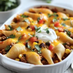 - 20 jumbo pasta shells - 1 pound ground beef or turkey - 1 packet taco seasoning - 1 cup water - 1 cup black beans, rinsed and drained - 1 cup corn, canned or frozen - 1 cup diced tomatoes (canned or fresh) - 1 ½ cups shredded cheddar cheese - 1 cup sour cream - 1 tablespoon olive oil - Fresh cilantro for garnish (optional) - Salt and pepper to taste You can swap ground beef for ground turkey or chicken for a lighter meal. If you want a dairy-free option, try using dairy-free cheese. You can also make it vegetarian by using more beans and veggies instead of meat. To get the best flavor, choose ripe tomatoes. Look for ones that are firm but slightly soft. If using canned beans, remember to rinse them well. This removes extra salt and helps with digestion. {{ingredient_image_1}} To start, fill a large pot with water. Add a pinch of salt and bring it to a boil. Once the water boils, gently add the jumbo pasta shells. Cook them according to the package directions until they are al dente. This means they should still have a slight bite. After cooking, drain the shells and let them cool for a bit. Tips for achieving al dente texture: - Keep an eye on the time and taste a shell at the lower end of the cooking time. - Stir the shells often to prevent them from sticking together. Next, grab a large skillet. Heat the olive oil over medium heat. Add the ground beef or turkey. Use a spatula to break the meat apart as it cooks. Brown the meat until it is fully cooked, with no pink left. How to achieve the right seasoning: - After the meat is browned, sprinkle in the taco seasoning and add the cup of water. - Stir well and let it simmer for about five minutes. This helps all the flavors mix well. Now it’s time to stuff the shells. Preheat your oven to 350°F (175°C). In a 9x13-inch baking dish, spread ½ cup of sour cream on the bottom. Take each cooked pasta shell and fill it with a good amount of the taco mixture. Place each shell in the dish with the open side facing up. Layering in the baking dish: - Make sure the shells are snug but not crowded. - After stuffing all the shells, sprinkle the remaining shredded cheddar cheese over the top. Cover the baking dish with foil. Place it in the preheated oven and bake for 20 minutes. After that, carefully remove the foil. Bake for an extra 10 minutes. This will let the cheese get bubbly and golden. Signs that the dish is done: - Look for the cheese to be melted and slightly browned. - The filling should be hot throughout. If it is, you are ready to serve! To prevent shells from breaking, cook them al dente. This keeps them firm. After cooking, drain and let them cool slightly. Avoid stacking them; this can cause cracks. Ensure even filling distribution by using a spoon. Add a generous amount of filling to each shell. Make sure each shell gets enough of the tasty mix. This helps every bite burst with flavor. Add spices to the filling for extra kick. Consider cumin, chili powder, or paprika. These spices bring depth and warmth. You could also add fresh herbs like cilantro for brightness. For toppings, think about sour cream, avocado, or sliced jalapeños. These add creaminess and heat. A sprinkle of fresh cilantro over the top makes it look great too. For side dishes, a simple salad works well. A fresh green salad with lime vinaigrette complements the rich flavors. You might also serve tortilla chips with salsa for a crunchy side. Pair your stuffed shells with drinks like iced tea or a light beer. These drinks balance the meal well. If you enjoy wine, try a chilled Sauvignon Blanc. Pro Tips Make it Vegetarian: Substitute the ground meat with lentils or a plant-based meat alternative for a delicious vegetarian version. Customize Your Cheese: Experiment with different types of cheese like pepper jack or mozzarella for varied flavor profiles. Extra Flavor Boost: Add some diced jalapeños or green chilies to the filling for an added kick of spice. Make Ahead: Assemble the shells ahead of time and store them in the fridge. Bake them just before serving for a quick meal. {{image_2}} You can easily make Cheesy Taco Stuffed Shells vegetarian. Just swap the meat for beans and veggies. Black beans work great here. They add protein and flavor. You can also use corn and diced bell peppers. These give a sweet crunch. Try adding spinach or zucchini for more color and nutrients. Mix in some taco seasoning to keep the flavor bold. If you like heat, try a spicy version. Adding jalapeños is an easy way to kick things up. You can slice them and mix them into the filling. For an extra kick, pour in some hot sauce. This will add a nice tang too. Just be mindful of the heat level. You can always start with a little and add more if needed. Get creative with different cheeses for a Mexican twist. Try using pepper jack for a spicy kick. You can also mix in some queso fresco for a crumbly texture. Adding guacamole or salsa on top makes it even better. These toppings add freshness and a creamy element. These small changes make the dish feel new and exciting. To keep your cheesy taco stuffed shells fresh, store them in an airtight container. Make sure they cool first. They will last up to three days in the fridge. If you want to enjoy them later, freezing is a good option. To freeze stuffed shells, place them in a freezer-safe dish. Use plastic wrap and then foil to cover them well. They can last up to three months in the freezer. For the best taste, label the container with the date. You can reheat stuffed shells in the microwave or oven. If using a microwave, place a few shells on a plate. Heat in short bursts, checking often. If you prefer the oven, set it to 350°F. Cover the dish with foil to keep them moist. Bake for about 20 minutes. This helps ensure even heat distribution. You can tell when the stuffed shells are done by looking for a bubbly cheese topping. The cheese should be golden and melted. You can also check if the filling is hot by inserting a knife into the center. If it feels warm, the dish is ready to eat! Yes! You can prepare the stuffed shells in advance. Just follow the recipe until you stuff the shells. Then, cover the baking dish and store it in the fridge for up to two days. When you're ready to bake, just add a few extra minutes to the cooking time. Many sides go well with these stuffed shells. Here are some ideas: - A fresh garden salad - Mexican rice - Guacamole and tortilla chips - Corn on the cob - Spicy black bean soup To add heat to your Cheesy Taco Stuffed Shells, try these tips: - Mix in diced jalapeños with the filling. - Add hot sauce to the meat mixture. - Use spicy taco seasoning instead of mild. - Top with a sprinkle of chili powder or crushed red pepper. Absolutely! You can find gluten-free jumbo pasta shells at most grocery stores. Just check the label to ensure they fit your needs. You can also use zucchini or bell peppers as a fun alternative to the pasta shells. In this article, we explored how to create delicious Cheesy Taco Stuffed Shells. We covered the ingredients, suggested substitutes, and tips for using fresh items. You learned step-by-step instructions for cooking and baking, plus tips for perfecting the dish. We discussed variations to suit different tastes and provided storage info for leftovers. These stuffed shells are easy, tasty, and enjoyable for everyone. Feel free to experiment with flavors and ingredients. Enjoy making this dish, and share it with friends and family!